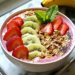 - 1 cup fresh strawberries, hulled and halved - 2 ripe kiwis, peeled and sliced - 1 ripe banana, sliced - 1 cup Greek yogurt or a dairy-free alternative like coconut yogurt - 1/2 cup almond milk or any milk of your choice - 1 tablespoon honey or maple syrup, for sweetness - 1/4 cup granola, for crunch - Chia seeds, for topping - Fresh mint leaves, for garnish Using fresh, ripe fruits is key to a tasty smoothie bowl. Strawberries and kiwis provide a sweet and tangy balance. The banana adds creaminess, making the texture smooth. Greek yogurt boosts protein and gives a nice kick of flavor. Almond milk makes it lighter and creamy. If you want a sweeter bowl, add honey or maple syrup. Don't forget the optional toppings! Granola adds crunch and chia seeds offer extra nutrition. Fresh mint leaves not only look pretty but also add a fresh taste. Mix and match based on what you love or have on hand. Enjoy your vibrant, fruity delight! {{ingredient_image_2}} To start, you want to hull the strawberries. This means removing the green top. Use a small knife to cut around the green stem. Discard the green part and slice the strawberries in half. Next, let’s slice the kiwis. First, peel the brown skin using a knife or a vegetable peeler. Then, cut the kiwi into round slices. Aim for pieces about a quarter-inch thick for the best look and taste. For the banana, start with a sharp knife. Cut off both ends first. Then, slice the banana into thin rounds. This helps it blend well and look nice on top of the bowl. Now it’s time to blend! Grab a high-speed blender. Add the halved strawberries, sliced kiwis, sliced banana, Greek yogurt, and almond milk into the blender. If you like it sweeter, add honey or maple syrup now. Blend on high until the mix turns smooth and creamy. Stop the blender every so often. Scrape down the sides with a spatula to mix everything well. If it seems too thick, pour in a bit more almond milk to reach your preferred consistency. Carefully pour the blended mixture into a bowl. Use a spatula to smooth the top. This helps create a nice base for the toppings. Next, arrange extra slices of strawberries and kiwis on top. This adds color and makes the bowl inviting. Sprinkle granola over the fruit for a nice crunch and add chia seeds for extra texture. Finish off by placing fresh mint leaves on top. They not only look great but also give a fresh scent. Serve your smoothie bowl right away for the best taste! To get the right thickness, add more almond milk if needed. If your smoothie is too thick, it won’t pour well. Use a high-speed blender to get a creamy blend. Stop the blender and scrape the sides to mix everything well. This step helps blend all the fruits smoothly. Avoid over-blending, as it can make your smoothie too thin. You can add flavors by mixing in other fruits. Consider using blueberries or mango for a twist. For spice, a pinch of cinnamon can add warmth. If you want to skip honey or maple syrup, try agave syrup or a ripe date for natural sweetness. These options keep the smoothie tasty without extra sugars. Serve your smoothie bowl right after making it. This ensures it stays fresh and vibrant. For a fun twist, add extra toppings like sliced almonds or shredded coconut. You can also drizzle honey or syrup on top for a sweet finish. Adding colorful fruits not only looks good but adds flavor too. Pro Tips Use Frozen Fruits: For a colder and thicker smoothie bowl, consider using frozen strawberries and kiwis. This will give your bowl a delightful chill and a creamy texture. Experiment with Toppings: Get creative with your toppings! Other than granola, you can add nuts, seeds, or even coconut flakes to enhance the flavor and texture of your smoothie bowl. Adjusting Sweetness: Taste your smoothie mix before pouring it into the bowl. If it needs more sweetness, you can always add a little more honey or maple syrup to suit your personal taste. Layering for Presentation: When arranging the fruit on top, create layers and patterns for a beautiful presentation. Use a variety of colors to make your smoothie bowl visually appealing! {{image_4}} You can mix in other fruits to change flavors. Try blueberries or raspberries for a berry boost. These add sweetness and color. For a tropical twist, use mango or pineapple. Just chop them up and blend them in. This adds a fun, new taste to your smoothie bowl. If you want a dairy-free or vegan option, use coconut yogurt instead of Greek yogurt. Almond milk is great too! You can choose honey or maple syrup for sweetness. If you're cutting calories, leave out the sweetener. The fruits give enough flavor on their own. Seasons bring different fruits to enjoy. In summer, add peaches or cherries. In fall, try pumpkin or apples for a cozy touch. For special occasions, use festive toppings. Add edible flowers or colorful sprinkles to make it extra special. These small changes keep your smoothie bowl fresh and fun all year long! To store your smoothie mixture, place it in an airtight container. This keeps it fresh. You can store it in the fridge for up to 24 hours. After this time, the texture may change, and it may not taste as good. For quick assembly, cut and prepare your fruits in advance. Store them in separate containers. You can also freeze fruits like strawberries and kiwis. They blend well when frozen and add a chilly touch to your smoothie bowl. If you have leftover fruits or yogurt, use them in other recipes. You can mix the yogurt with oats for a tasty breakfast. You could also blend leftover fruits into popsicles or smoothies. This way, nothing goes to waste! Yes, you can use frozen fruits. They add a nice chill to your bowl. Just blend them in the same way as fresh fruits. If you use frozen fruits, you may not need as much almond milk. Start with a little and add more if needed. To make your smoothie bowl more filling, add a scoop of nut butter or protein powder. You can also use more yogurt, like Greek yogurt, for extra protein. Topping with seeds, nuts, or extra granola will help too. These options keep you satisfied longer. A Strawberry Kiwi Smoothie Bowl is full of nutrients. Here’s a closer look: - Nutritional value of key ingredients - Strawberries: High in vitamin C and fiber. - Kiwis: Loaded with vitamin K and antioxidants. - Banana: A good source of potassium and energy. - Greek yogurt: Offers protein and probiotics. - Almond milk: Low in calories and good for hydration. - How it fits into a balanced diet This smoothie bowl is great for breakfast or a snack. It combines fruits, dairy, and healthy fats. Each ingredient provides vitamins and minerals. This bowl supports energy and health, making it a smart choice for any meal. This blog post detailed making a tasty Strawberry Kiwi Smoothie Bowl. We covered fresh ingredients, step-by-step blending, and topping assembly. Tips on consistency and flavor added some fun. You can explore different fruit combinations and dietary options too. Store leftovers well to enjoy later. A smoothie bowl is not just a treat; it’s healthy and easy to customize. Try new toppings and flavors to keep it exciting. Let's mix up your mornings with colorful, nutritious bowls!