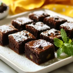 These brownie bites are rich and tasty. Here is what you need: - 1 cup unsweetened cocoa powder - 1 cup all-purpose flour - 1 cup granulated sugar - ½ cup packed brown sugar - ½ cup unsalted butter, melted - 4 large eggs - 1 teaspoon vanilla extract - 1 teaspoon peppermint extract - ½ teaspoon baking powder - ¼ teaspoon salt - ½ cup dark chocolate chips - ½ cup chopped fresh mint leaves (or 2 tablespoons dried mint) - ½ cup powdered sugar (for dusting) You can make these bites even more fun with a few extras: - Melted chocolate drizzle - Mint chocolate chip ice cream - Whipped cream Fresh mint gives a bright flavor. Use about ½ cup chopped leaves. Dried mint is strong. Use only 2 tablespoons. Both add a nice touch, so pick what you like! When using fresh mint, chop it well to spread the flavor. {{ingredient_image_2}} First, we need to get our oven ready. Preheat it to 350°F (175°C). This makes sure our brownie bites bake evenly. While the oven heats, prepare a mini muffin tin. You can line it with paper liners or grease it lightly. This step helps the bites come out easily. Next, grab a large mixing bowl. In this bowl, combine the unsweetened cocoa powder, all-purpose flour, granulated sugar, packed brown sugar, baking powder, and salt. Whisk them together until they are well mixed. This mix is the base of our brownie bites, so it needs to be even. Now, take another bowl for the wet ingredients. Mix the melted unsalted butter, eggs, vanilla extract, and peppermint extract together. Stir until the mixture is smooth. This step adds flavor and richness to our brownie bites. Once the wet mix is smooth, pour it into the dry ingredients. Use a spatula to gently fold them together. Be careful not to overmix. This keeps the bites fudgy. After that, fold in the dark chocolate chips and chopped fresh mint leaves. Make sure they are spread evenly in the batter. Now it's time to fill the muffin tin. Spoon the batter into each cup. Fill them about three-quarters full to allow room for rising. This will help our brownie bites puff up nicely while baking. Place the muffin tin in the preheated oven. Bake for 12 to 15 minutes. To check if they are done, insert a toothpick into the center of one brownie bite. It should come out clean. After baking, let the bites cool in the tin for about 5 minutes. Then, transfer them to a wire rack to cool completely. Dust them with powdered sugar for a lovely finish. To get that perfect fudgy texture, mix your batter lightly. Overmixing makes brownies tough. Use a spatula to fold the wet and dry ingredients just until combined. This keeps them moist and chewy. Also, watch your baking time closely. Bake just until the toothpick comes out with a few crumbs. If you want your brownie bites less sweet, reduce the granulated and brown sugars. You can also use dark chocolate chips for a richer taste. If you like them sweeter, add a bit more sugar or use milk chocolate chips. Always taste your batter before baking to find the right balance for you. Serve your brownie bites on a nice plate. Dust them with powdered sugar for a fancy touch. Add a sprig of fresh mint for color and flavor. For an extra treat, drizzle melted chocolate over them or serve with mint chocolate chip ice cream. Enjoy these bites with friends or family for a delightful dessert experience! Pro Tips Use High-Quality Cocoa Powder: Opt for a premium unsweetened cocoa powder for a richer chocolate flavor in your brownie bites. Fresh Mint vs. Dried Mint: Fresh mint leaves provide a vibrant flavor, but if unavailable, dried mint can be a convenient substitute; just use less as dried herbs are more concentrated. Don’t Overmix the Batter: When combining wet and dry ingredients, mix just until combined to maintain that fudgy texture. Cool Completely Before Dusting: Allow the brownie bites to cool fully before dusting with powdered sugar to prevent it from melting and clumping. {{image_4}} You can swap dark chocolate chips for milk chocolate chips. This change makes the bites sweeter and creamier. Try using white chocolate chips for a unique twist. The flavor will differ, but they still taste great. To make these brownie bites gluten-free, use almond flour or a gluten-free blend. Ensure the baking powder is also gluten-free. The texture may vary slightly, but they will still be fudgy and delicious. For a vegan version, replace eggs with flax eggs. Mix 1 tablespoon of ground flaxseed with 3 tablespoons of water for each egg. Use vegan butter instead of unsalted butter. Choose dairy-free chocolate chips to keep it fully plant-based. These swaps will keep your brownie bites tasty. To keep your chocolate mint brownie bites fresh, let them cool completely. Once cooled, place them in a container. This helps keep them moist and tasty. Use an airtight container to store your brownie bites. This prevents them from drying out. If you want to stack them, add parchment paper between layers. This keeps them from sticking together. You can freeze brownie bites for longer storage. Wrap each bite in plastic wrap. Then, place them in a freezer bag or container. Make sure to label the bag with the date. They will last up to three months in the freezer. When you’re ready to eat, just thaw them in the fridge or at room temperature. Enjoy your treats anytime! Yes, you can use cocoa powder instead of melted chocolate. The recipe already calls for one cup of unsweetened cocoa powder. This gives the brownie bites a rich chocolate flavor. Brownie bites can last about four to five days when stored properly. Keep them in an airtight container at room temperature. If you want them to last longer, you can refrigerate them. Absolutely! You can make these brownie bites ahead of time. Bake them and let them cool completely. Store them in an airtight container. They taste great even after a day or two. Yes, this recipe is naturally nut-free. It does not include any nuts in the ingredients. Always check your chocolate chips for any nut traces if you are serving someone with allergies. You now have all the tools to make tasty chocolate mint brownie bites. We covered the best ingredients, step-by-step instructions, and extra tips to get that fudgy texture. Don’t forget the fun variations like vegan and gluten-free options. As for storage, remember to keep them safe and fresh. Enjoy making these treats for yourself or to share. Happy baking!