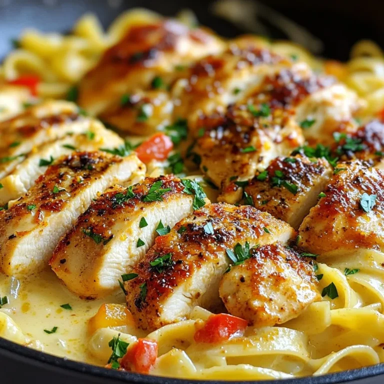 To make creamy Cajun chicken pasta, gather these key items: - 2 boneless, skinless chicken breasts - 8 ounces fettuccine or penne pasta - 2 tablespoons olive oil - 1 medium onion, finely chopped - 3 cloves garlic, minced - 1 red bell pepper, thinly sliced - 1 cup heavy cream - 1 cup chicken broth - 1 cup freshly grated Parmesan cheese - Salt and pepper to taste These ingredients come together to create a rich and flavorful dish. The spice blend is crucial for that Cajun kick. You will need: - 1 tablespoon Cajun seasoning This seasoning adds heat and depth. Adjust the amount if you prefer more or less spice. Finish your dish with a touch of brightness. Consider these garnishes: - Fresh parsley, chopped Adding parsley gives the pasta a fresh look and taste. You can also try a squeeze of lemon for extra zest! {{ingredient_image_2}} Start by filling a large pot with water. Add a good pinch of salt. Bring it to a boil over high heat. Once boiling, toss in 8 ounces of fettuccine or penne pasta. Cook it according to the package directions until it is al dente. This usually takes about 8 to 10 minutes. When the pasta is ready, drain it in a colander. Don’t forget to save 1 cup of that pasta water; it helps later! While your pasta cooks, grab 2 boneless, skinless chicken breasts. Season both sides generously with Cajun seasoning, salt, and pepper. Heat 2 tablespoons of olive oil in a large skillet over medium-high heat. When the oil is hot, carefully place the chicken breasts in the skillet. Cook for 6 to 7 minutes on each side. Look for a nice golden brown color and make sure they are fully cooked. Once done, take them out and let them rest on a plate. After a few minutes, slice the chicken into strips. Using the same skillet means all that tasty flavor stays. Add a finely chopped onion and a thinly sliced red bell pepper. Sauté these for about 4 to 5 minutes. You want the onion to turn soft and translucent. Now, add in 3 cloves of minced garlic and stir for one more minute. You’ll love that aroma! Next, pour in 1 cup of chicken broth. Bring it to a gentle simmer and scrape up any bits stuck to the pan. Let this simmer for about 2 to 3 minutes to reduce slightly. Lower the heat and stir in 1 cup of heavy cream and 1 cup of freshly grated Parmesan cheese. Mix until the cheese melts and the sauce is creamy. If it looks too thick, add some of that reserved pasta water bit by bit until you reach the right consistency. Finally, add the sliced chicken back to the sauce. Stir gently to coat every piece in that rich flavor. To get that perfect Cajun taste, use a good quality Cajun seasoning. Look for one with a mix of spices like paprika, garlic powder, and cayenne pepper. You can even make your own mix. Just blend paprika, garlic powder, onion powder, thyme, and a pinch of cayenne. This adds depth and flavor to your dish. If you want more heat, add extra cayenne pepper or crushed red pepper flakes. For a milder dish, cut back on the seasoning. You can also serve hot sauce on the side. This way, each person can spice it up to their liking. To keep the chicken tender, do not overcook it. Searing on medium-high heat seals the juices inside. Allow the chicken to rest after cooking. This keeps it moist when you slice it. If you want extra flavor, marinate the chicken in the seasoning for an hour before cooking. This step adds more depth to your Cajun chicken pasta. Pro Tips Perfect Pasta: Always cook your pasta al dente for the best texture. It should have a slight bite to it, which also helps it absorb the flavors of the sauce better. Cajun Seasoning Balance: Adjust the amount of Cajun seasoning according to your spice preference. Start with less, and you can always add more if you like it hotter. Rest the Chicken: Letting the chicken rest after cooking ensures that the juices redistribute, making it more tender and flavorful when sliced. Fresh Parmesan: Using freshly grated Parmesan cheese will give you a creamier texture and a much richer flavor compared to pre-grated cheese. {{image_4}} You can make a tasty vegetarian version of creamy Cajun pasta. Instead of chicken, use firm tofu or mushrooms. Season them with Cajun spices just like you would with chicken. Sauté until golden brown. Replace chicken broth with vegetable broth for a full flavor. Adding more veggies can make this dish even better. Try using spinach, zucchini, or cherry tomatoes. Add them when you sauté the onions and bell peppers. This way, they cook down and mix well with the sauce. Fresh herbs like basil or thyme also add great flavor. If you want to change the protein, there are many options. Shrimp works well with Cajun spices. Simply sauté the shrimp in the same way as the chicken. You can also try sausage or even cooked chickpeas. Each protein brings a new taste and texture to the dish. You can store leftover Creamy Cajun Chicken Pasta in an airtight container. Make sure it cools down first. Keep it in the fridge for up to three days. This way, you can enjoy it later without losing much flavor. To freeze this dish, let it cool completely. Then, place it in a freezer-safe container. Seal it tightly to prevent freezer burn. You can freeze it for up to three months. When ready to eat, thaw it in the fridge overnight. When reheating, use a skillet for the best results. Add a splash of chicken broth or cream to keep it creamy. Heat it over low to medium heat, stirring gently. This helps to warm it without drying it out. You can also use a microwave, but stir it halfway through to ensure even heating. Yes, you can use other types of pasta. Fettuccine and penne work well, but you can try rotini, farfalle, or even spaghetti. Each shape holds the sauce differently. Penne is great for scooping up creamy bits, while fettuccine offers a nice, smooth texture. Just remember to adjust the cooking time according to the pasta you choose. To make this dish spicier, add more Cajun seasoning. You can also sprinkle in some cayenne pepper or red pepper flakes. Start with a little and taste as you go. This way, you can find the right heat level for your taste buds. You might also try adding diced jalapeños or hot sauce for an extra kick. If you need a substitute for heavy cream, try using half-and-half or whole milk mixed with butter. For a lighter option, you can use Greek yogurt or sour cream. These alternatives may change the texture, but they can still create a creamy finish. Just remember to adjust the heat so your sauce doesn't curdle. This blog post covers key ingredients, step-by-step cooking, and helpful tips for perfect Cajun pasta. You learned how to prepare the dish with flavors that pop and are right for your taste. Remember, you can swap ingredients and adjust spice levels to make it your own. Proper storage keeps leftovers fresh. With these insights, you're set to create a delicious meal. Enjoy every bite and share your experience!
