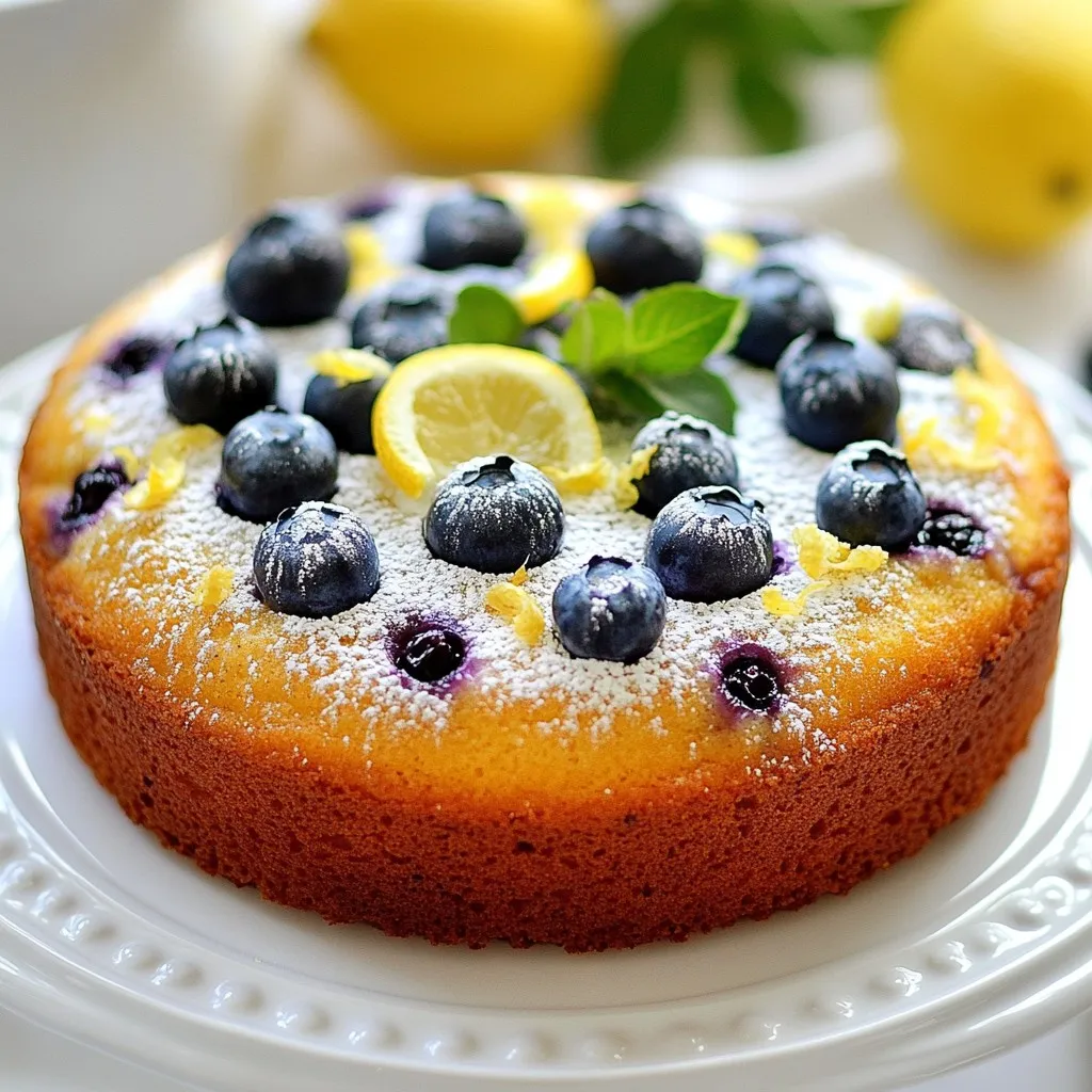 To make this tasty breakfast cake, gather these ingredients: - 2 cups all-purpose flour - 1 cup granulated sugar - 1 teaspoon baking powder - 1/2 teaspoon baking soda - 1/2 teaspoon salt - 1/2 cup unsalted butter, softened to room temperature - 2 large eggs, at room temperature - 1 teaspoon pure vanilla extract - 1 teaspoon fresh lemon zest (from about 1 medium lemon) - 1/2 cup buttermilk, at room temperature - 1 1/2 cups fresh blueberries (or frozen, thawed and drained) - 1 tablespoon freshly squeezed lemon juice - Optional: Powdered sugar for a light dusting If you need to change some ingredients, here are some tips: - Flour: You can use whole wheat flour for a nuttier flavor. - Sugar: Coconut sugar works well for a healthier option. - Butter: Use coconut oil if you want a dairy-free cake. - Buttermilk: Make your own by mixing milk with a splash of vinegar or lemon juice. - Eggs: Use applesauce or flaxseed meal for a vegan version. I love fresh blueberries in this cake for their bright flavor. However, frozen blueberries can work too. If you use frozen, make sure to thaw and drain them. This prevents extra moisture in the batter. Fresh blueberries add a pop of color and taste that really shines in the cake. {{ingredient_image_2}} First, preheat your oven to 350°F (175°C). This step is very important for even baking. Next, grab a 9-inch round cake pan. Grease it well with butter or cooking spray. To make it easier to remove later, line the bottom with parchment paper. In a medium bowl, combine the dry ingredients. You will need 2 cups of all-purpose flour, 1 teaspoon of baking powder, 1/2 teaspoon of baking soda, and 1/2 teaspoon of salt. Use a whisk to mix them well. This helps ensure the leavening agents work properly when baking. In a large bowl, beat together 1/2 cup of softened butter and 1 cup of granulated sugar. Use an electric mixer on medium speed. Mix for about 3-4 minutes until it is light and fluffy. This step gives your cake a nice texture. Add 2 large eggs to the butter-sugar mix. Do this one at a time, mixing well after each. Next, add 1 teaspoon of pure vanilla extract and 1 teaspoon of lemon zest. Mix until everything is well combined. This adds a nice depth of flavor to your cake. Now, it is time to combine everything. Gradually add the reserved dry mix and 1/2 cup of buttermilk to the wet mixture. Start with the dry mix and end with it. Mix gently until just combined. Be careful not to over-mix, as this can make the cake tough. Take 1 1/2 cups of fresh blueberries and gently fold them into the batter. You can also use frozen blueberries if you thaw and drain them first. Use a spatula to mix them in carefully so they don’t break. This step keeps your cake colorful and fruity. Pour the batter into the prepared pan. Smooth the top with a spatula. Bake in the oven for 30-35 minutes. To check if it is done, insert a toothpick into the center. If it comes out clean, your cake is ready. Let it cool in the pan for about 10 minutes. Then transfer it to a wire rack to cool completely before serving. To keep your breakfast cake moist, start with room temperature ingredients. This helps them mix well. Use fresh blueberries if you can. They add moisture and flavor. Don't over-mix the batter. Mix until just combined for the best texture. Adding buttermilk also helps create a soft crumb. A few simple tips can help you avoid mistakes. First, always measure your flour correctly. Too much flour can make the cake dry. Use a kitchen scale if you can. Second, check your oven temperature with a thermometer. Ovens can be off, and that can change baking time. Lastly, don’t skip the cooling step. Let the cake cool before you slice it. This helps it set and stay moist. Serving your cake well can make it extra special. You can add a light dusting of powdered sugar on top. This gives it a nice look. Serve slices with whipped cream or vanilla ice cream. This makes it feel like a treat. You can also add fresh blueberries and a twist of lemon zest on the plate. This adds color and enhances flavor. Enjoy your beautiful cake with family or friends! Pro Tips Use Room Temperature Ingredients: Allow your eggs and buttermilk to come to room temperature before mixing; this helps create a smoother batter and promotes even baking. Fresh vs. Frozen Blueberries: If using frozen blueberries, make sure to thaw and drain them before adding to the batter to prevent excess moisture that can affect the cake's texture. Don't Overmix: When combining the wet and dry ingredients, mix just until combined. Overmixing can lead to a dense cake instead of the desired light and fluffy texture. Check for Doneness: Use a toothpick to check if the cake is done. Insert it into the center; if it comes out clean or with a few moist crumbs, the cake is ready! {{image_4}} You can make this cake even better by adding nuts or other fruits. Walnuts or pecans bring a nice crunch. Just chop them up and fold them into the batter. If you like, add diced apples or ripe peaches too. These fruits add sweetness and moisture. You can mix and match flavors to fit your taste. The cake stays moist and tasty with these add-ins. To make this cake gluten-free, swap out the all-purpose flour. Use a gluten-free flour blend instead. Make sure it has xanthan gum to help with texture. You can also try almond flour or coconut flour. Each choice gives a new flavor and texture. Just remember, baking times may change slightly. Keep an eye on the cake while it bakes. While the cake is great on its own, a glaze can add more flavor. A simple lemon glaze adds a zesty kick. Mix powdered sugar with lemon juice for a sweet topping. You can also try a cream cheese frosting. It’s rich and pairs well with blueberries. Whip up some heavy cream for a light whipped topping too. Each option gives the cake a new twist. To keep your Lemon Blueberry Breakfast Cake fresh, store it in an airtight container. This helps retain moisture and flavor. Place it at room temperature for up to three days. If you want to keep it longer, refrigeration is a good option. Just make sure it’s covered well to prevent it from drying out. Freezing is a great way to save extra cake. Wrap the cooled cake tightly in plastic wrap. Then, place it in a freezer bag or container. This will keep it for about three months. When you're ready to eat it, thaw the cake in the fridge overnight. This ensures it stays moist and tasty. To reheat your cake, preheat your oven to 350°F (175°C). Remove the cake from any wrapping. Place it on a baking sheet. Heat it for about 10-15 minutes. This warms the cake without making it dry. If you like, you can add a light dusting of powdered sugar after reheating. Enjoy your delicious Lemon Blueberry Breakfast Cake warm! Yes, you can use frozen blueberries. Just make sure to thaw and drain them first. This helps keep your cake from getting too wet. Using fresh or frozen blueberries will still give you a tasty cake. To check if your cake is done, insert a toothpick into the center. If it comes out clean, your cake is ready. If it has wet batter on it, bake for a few more minutes. Keep an eye on it to avoid over-baking. Serve the cake warm or at room temperature. You can add a dusting of powdered sugar for a nice touch. A dollop of whipped cream or a scoop of ice cream makes it even better. Fresh blueberries and lemon zest on the side add flavor and color. The cake stays fresh at room temperature for about 2 to 3 days. Make sure to cover it with plastic wrap or store it in an airtight container. This keeps it moist and tasty for longer. Yes, you can make this cake ahead of time. Bake it, let it cool, and then store it in an airtight container. You can also freeze it for up to 3 months. Just thaw it overnight in the fridge when you are ready to enjoy it. This blog post highlights how to craft a delicious lemon blueberry breakfast cake. I walked you through ingredient choices, including tips for fresh and frozen blueberries. You learned step-by-step how to bake the cake perfectly. We also covered best practices for moistness and creative variations to suit your taste. Remember, baking is fun and allows for creativity. Enjoy this tasty cake for breakfast or a snack!