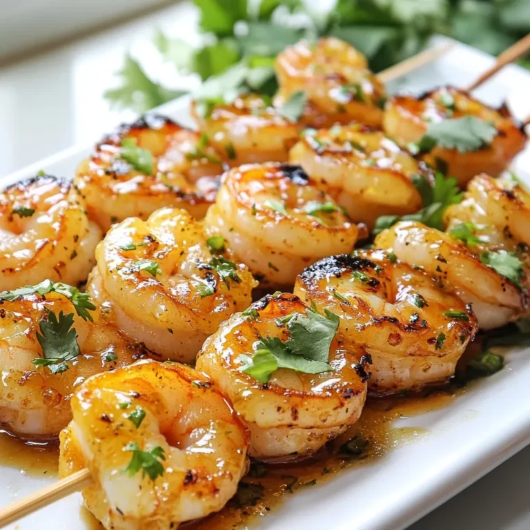 - 1 pound large shrimp, peeled and deveined - 1/4 cup honey - 3 tablespoons soy sauce - 3 cloves garlic, minced - 1 tablespoon fresh ginger, grated - 1 tablespoon sesame oil - 1 tablespoon freshly squeezed lime juice - 1/2 teaspoon freshly ground black pepper - 1/4 teaspoon red pepper flakes (optional for added heat) - Fresh cilantro leaves, for garnish - Bamboo or metal skewers These ingredients create a sweet and savory flavor. The honey gives a nice glaze while soy sauce adds depth. Garlic and ginger bring warmth and zest. Shrimp cooks quickly and is a great canvas for these flavors. - Red pepper flakes: Add these if you want some heat. - Fresh herbs: Try parsley or basil for a fresh touch. - Citrus zest: Lime or lemon zest brightens the dish. Using these extras can make your dish pop. Customize it based on your taste! - Shrimp: If you don’t have shrimp, try chicken or firm tofu. - Honey: Maple syrup works well for a vegan option. - Soy sauce: Tamari is a good gluten-free choice. These swaps keep the dish tasty while making it fit your needs. Don't hesitate to mix things up! {{ingredient_image_2}} To make the marinade, grab a medium mixing bowl. Add 1/4 cup of honey, 3 tablespoons of soy sauce, and 3 minced garlic cloves. Next, include 1 tablespoon of grated ginger and 1 tablespoon of sesame oil. Then, squeeze in 1 tablespoon of fresh lime juice. Don’t forget to add 1/2 teaspoon of black pepper and, if you like it spicy, 1/4 teaspoon of red pepper flakes. Whisk everything together until it blends well. This marinade gives the shrimp a tasty kick. Take 1 pound of large shrimp that are peeled and deveined. Add them to the bowl with the marinade. Make sure each shrimp gets a good coating. Cover the bowl with plastic wrap or a lid. Put it in the fridge for at least 30 minutes. This time allows the shrimp to soak up all that wonderful flavor. You can marinate them longer if you wish, but 30 minutes works great. While the shrimp marinates, it’s time to preheat your grill. Set it to medium-high heat. If you're using bamboo skewers, soak them in water for 20-30 minutes. This step helps prevent burning. After marinating, take the shrimp out. Thread 4-5 shrimp onto each skewer, placing them close together. Grill the skewers for 2-3 minutes on each side. You want them to turn pink and opaque. Avoid overcooking, or they will be tough. Once done, let the skewers rest for about a minute. Garnish with fresh cilantro for a pop of color. Enjoy your sweet and savory shrimp skewers! To cook shrimp perfectly, watch the time closely. Cook shrimp for 2-3 minutes on each side. When they turn pink and opaque, they are ready. Remove them from the heat right away. Overcooked shrimp can be tough and rubbery. One common mistake is not marinating long enough. Shrimp need at least 30 minutes to soak in the flavors. Another mistake is overcrowding the grill. Give each skewer space to cook evenly. Lastly, don’t skip the soaking step for bamboo skewers. This prevents them from catching fire. The best marinade time is between 30 minutes to 2 hours. If you marinate for less than 30 minutes, the shrimp won’t soak up enough flavor. If you go longer than 2 hours, the shrimp can become mushy. Keep this timing in mind for tasty results. Pro Tips Marinating Time: For the best flavor, marinate the shrimp for at least 1 hour, or even overnight if time allows. This allows the shrimp to fully absorb the flavors of the marinade. Skewer Spacing: When threading the shrimp onto skewers, avoid overcrowding by leaving a small space between each shrimp. This ensures even cooking and better caramelization. Grill Temperature: Ensure your grill is preheated to medium-high heat. Cooking on a high temperature will give you a nice char and prevent the shrimp from becoming rubbery. Leftover Marinade: If you want to use leftover marinade as a sauce, make sure to bring it to a boil for at least 5 minutes first to kill any bacteria from the raw shrimp. {{image_4}} You can add veggies to your skewers for more flavor and color. Try bell peppers, zucchini, and cherry tomatoes. Cut them into bite-sized pieces. Thread them onto the skewers with shrimp. The veggies soak up the marinade too. This gives a nice balance to the sweetness of the honey and the saltiness of the soy sauce. Want a kick? Add some heat! Mix red pepper flakes into the marinade, or use sriracha. This will make each bite exciting. You can also swap out regular black pepper for spicy pepper. Remember to taste the marinade before adding more heat. Adjust it to your liking, so it’s just right for you. If you don’t have a grill, no problem! You can cook these skewers in the oven. Preheat it to 400°F. Place the skewers on a baking sheet lined with foil. Bake for about 8-10 minutes, flipping halfway through. For stovetop cooking, heat a skillet over medium-high heat. Add a little oil and cook the skewers for 2-3 minutes on each side. This way, you can enjoy honey garlic shrimp skewers any time, no matter where you are! To store leftover shrimp skewers, let them cool first. Place them in an airtight container. You can keep them in the fridge for up to three days. Make sure you don’t leave them out too long. This helps keep the shrimp fresh and safe to eat. When you want to eat the leftovers, it's easy to reheat them. You can use a microwave, grill, or stovetop. If using a microwave, heat them for about 30 seconds. Check if they are warm enough. If not, heat for another 15 seconds. On a grill or stovetop, heat them for a few minutes until hot. This keeps the shrimp juicy. If you want to save shrimp skewers for later, freezing is a great option. Wrap each skewer in plastic wrap. Then, put them in a freezer bag. Remove as much air as possible from the bag. You can freeze them for up to two months. When you’re ready to eat, thaw them in the fridge overnight before reheating. You can tell the shrimp is cooked when it turns pink and opaque. This usually takes about 2-3 minutes per side on the grill. If you cut one open, the meat should be white and firm. Overcooked shrimp can become rubbery, so watch closely. Yes, you can use frozen shrimp. Just be sure to thaw them first. Place the shrimp in the fridge overnight or run them under cold water for quicker thawing. After thawing, peel and devein them if they aren't already. This ensures they soak up the marinade well. Honey garlic shrimp skewers pair well with many sides. Here are a few ideas: - Steamed rice - Quinoa salad - Grilled vegetables - Fresh green salad - Lime wedges for extra zing These sides enhance the meal and add freshness to your plate. Enjoy your cooking! Honey garlic shrimp skewers are tasty and fun to make. We covered key ingredients and how to prepare the marinade. I shared tips for grilling the shrimp perfectly and avoiding mistakes. Plus, we explored variations like adding veggies or spicy flavors. In short, cooking honey garlic shrimp is simple and rewarding. Enjoy your skewers at any meal, and don’t forget to share your results! Happy cooking!