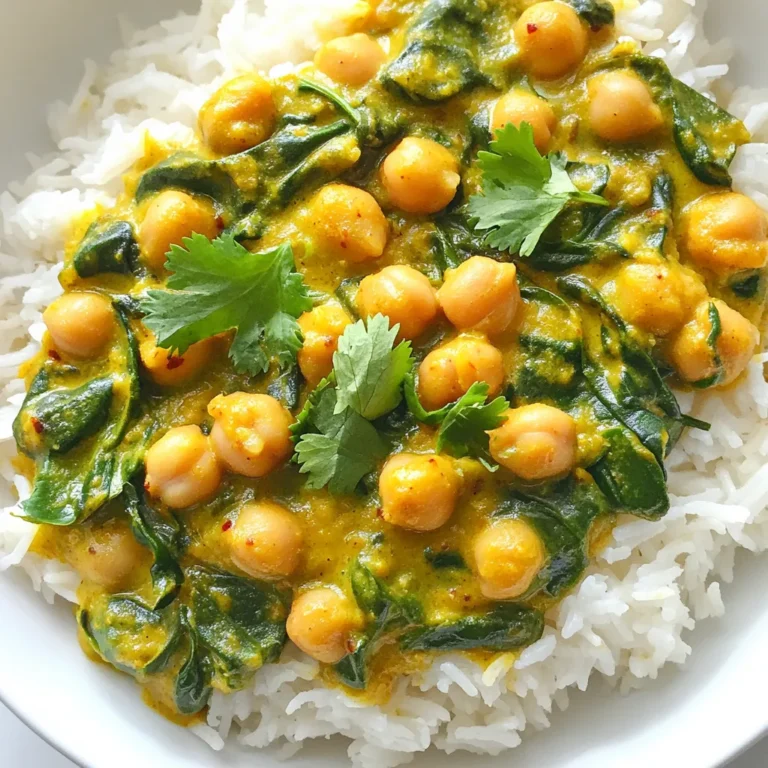 - 2 cans (15 oz each) chickpeas, drained and rinsed - 2 cups fresh spinach, roughly chopped - 1 can (14 oz) coconut milk Chickpeas are the star of this dish. They add protein and fiber, making it filling. Spinach brings color and nutrients. Coconut milk adds creaminess and a subtle sweetness. - 2 tablespoons curry powder - 1 teaspoon ground cumin - 1/2 teaspoon turmeric Curry powder gives the dish warmth. Ground cumin adds depth, while turmeric brings a vibrant hue. These spices are key to the flavor profile. - 1 tablespoon olive oil - 3 cloves garlic, minced - 1-inch piece of ginger, grated - Fresh cilantro for garnish - Steamed basmati rice for serving Olive oil helps sauté the base. Garlic and ginger add aroma and zest. Fresh cilantro brightens each bowl. Serving with basmati rice balances the dish perfectly. {{ingredient_image_2}} - Heat 1 tablespoon of olive oil in a large pot over medium heat. - Once hot, add 1 finely chopped large onion. - Sauté the onion for about 5 minutes, until it turns soft and clear. - Next, add 3 minced cloves of garlic and 1-inch grated ginger. - Cook this mix for about 2 minutes. The smell should be fragrant. - Now sprinkle in 2 tablespoons of curry powder, 1 teaspoon of ground cumin, 1 teaspoon of ground coriander, and 1/2 teaspoon of turmeric. - Stir the spices well and toast them for about 1 minute. This helps to release their flavors. - Carefully add 2 cans of drained chickpeas and 1 can of coconut milk. - Mix everything together until well blended, and let it come to a gentle simmer. - Once the curry simmers, lower the heat and let it cook for 8-10 minutes. - Stir occasionally to stop it from sticking. - After that, add 2 cups of chopped spinach. Cook for another 3-5 minutes, until the spinach wilts. - Taste the curry and season with Himalaya salt and cracked pepper to your liking. - Serve the hot curry over steamed basmati rice and garnish with fresh cilantro. Enjoy your meal! To ensure optimal flavor in your chickpea spinach curry, always start with fresh ingredients. Fresh garlic and ginger make a big difference. Sauté the onion until soft to build a rich base. Toast the spices for one minute to bring out their flavors. This step adds depth to your dish. To prevent sticking during cooking, stir the mixture often. Use a non-stick pot or skillet for easier cleanup. If your curry thickens too much, add a splash of water or coconut milk to keep it creamy and smooth. Pair your curry with steamed basmati rice. The fluffy rice absorbs the rich flavors well. You can also serve it with naan bread for a delightful twist. For garnishing, sprinkle fresh cilantro leaves on top. A slice of lime gives a bright touch. You can add a dollop of yogurt for creaminess if you like. Chickpeas are packed with protein and fiber. They help keep you full longer and support digestion. They are low in fat and rich in vitamins and minerals, making them a great choice. Spinach is a superfood! It is full of iron and vitamins A, C, and K. Eating spinach boosts your immune system and helps your body stay strong. Plus, its vibrant green color makes your dish look great! Pro Tips Use Fresh Spices: Fresh spices can significantly elevate the flavor of your curry. Consider buying whole spices and grinding them yourself for maximum aroma and potency. Adjust Consistency: If you prefer a thicker curry, let it simmer uncovered for a few extra minutes to reduce the liquid. For a creamier texture, add more coconut milk. Incorporate Other Vegetables: Feel free to add other vegetables like bell peppers or carrots for added nutrition and color. They can be sautéed along with the onions. Enhance with Acid: A squeeze of lime or lemon juice just before serving can brighten the flavors and balance the richness of the coconut milk. {{image_4}} To make this dish even more plant-friendly, you can substitute the coconut milk with cashew cream or almond milk. These options add a nutty flavor and keep the dish creamy. You can also add other plant-based ingredients like bell peppers, zucchini, or carrots. These add color and texture to the curry. If you need a gluten-free option, you can skip any thickening agents with gluten. Instead, use cornstarch or arrowroot powder mixed with water to thicken the curry. This will not change the flavor and keeps it safe for those with gluten sensitivity. To boost the taste of your curry, consider adding different vegetables. Peas, sweet potatoes, or cauliflower work well here. They soak up the flavors and add nutrition. For those who like heat, spice it up with fresh chilis or red pepper flakes. This gives the dish a nice kick and makes it even more exciting. To store your leftover chickpea spinach curry, let it cool first. Place it in an airtight container. This keeps moisture out and flavors in. The dish can stay fresh in the fridge for about 3 to 5 days. Always check for any off smells or changes in texture before eating. Freezing is a great way to save your curry for later. Use a freezer-safe container or bag. Make sure to remove as much air as possible. This helps prevent freezer burn. Your chickpea spinach curry can last up to 3 months in the freezer. When you're ready to eat, thaw it overnight in the fridge. Heat it gently on the stove until hot, stirring often. You can cook chickpea spinach curry in advance. It makes meal prep easy and quick. Prepare a big batch and store it in individual portions. This way, you can grab a serving for lunch or dinner throughout the week. It tastes even better after the flavors meld together in the fridge! Chickpea spinach curry can last about 3 to 5 days in the fridge. Make sure to store it in an airtight container. This keeps the flavors fresh and helps prevent spoilage. When you want to eat it again, just reheat it on the stove or in the microwave. Yes, you can use dried chickpeas. Start by soaking them overnight in water. This softens them and cuts cooking time. After soaking, cook them in boiling water for about 1 to 1.5 hours until soft. Then, drain and rinse them before adding to the curry. If you need a substitute for coconut milk, try almond milk or soy milk. Both options work well for a dairy-free choice. You can also use cashew cream for a richer texture. Just remember to adjust the spices to match your desired flavor. In this blog post, we explored a simple and tasty Chickpea Spinach Curry. We discussed the key ingredients like chickpeas, spinach, and coconut milk. I shared easy steps for cooking, along with helpful tips to enhance your dish. We examined variations to suit vegan and gluten-free diets. Finally, we covered how to store leftovers and meal prep. This curry is not just good for your taste buds; it’s also packed with nutrients. Enjoy making this healthy meal!