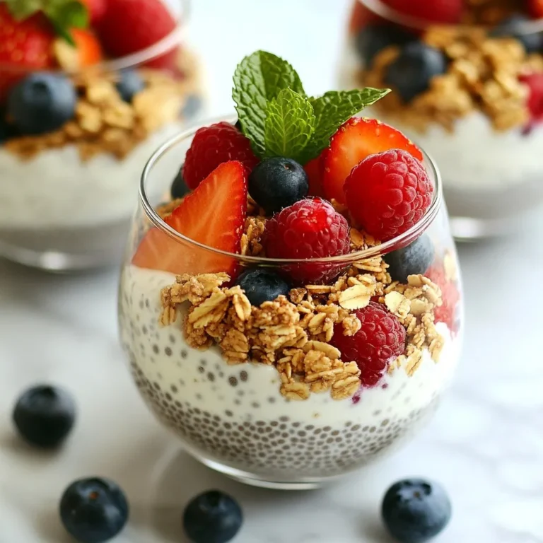 - 1/2 cup chia seeds - 2 cups almond milk or your preferred milk - 2 tablespoons maple syrup - 1 teaspoon pure vanilla extract - 1 cup granola - 1 cup mixed berries - Fresh mint leaves - Use any plant-based milk like oat or coconut milk. - Swap maple syrup for honey or agave for different flavors. - Choose nutty, fruity, or grain-based granola to suit your taste. Chia seeds are tiny but mighty. They soak up liquid and create a fun, gel-like texture. Almond milk gives a creamy feel. You can also use coconut or soy milk if you like. Maple syrup adds sweetness, but you can adjust it. Pure vanilla extract makes this treat extra special. Granola brings crunch, while mixed berries provide freshness and color. You can mix strawberries, blueberries, and raspberries for a fruity burst. Fresh mint leaves add a bright touch and smell wonderful. Feel free to play with these ingredients. This recipe is flexible and easy to customize. Each change can make a tasty twist on your parfaits. {{ingredient_image_2}} To start, gather your ingredients. In a mixing bowl, combine: - 1/2 cup chia seeds - 2 cups almond milk (or any milk you prefer) - 2 tablespoons maple syrup (adjust to taste) - 1 teaspoon pure vanilla extract Whisk these together well. You want to ensure no clumps of chia seeds form. After mixing, let the bowl sit for about 10 minutes. This resting period allows the chia seeds to absorb the liquid. After 10 minutes, whisk again to break up any seeds that have settled. Next, cover the bowl with plastic wrap or a lid. Place it in the fridge for at least 2 hours. For the best results, let it chill overnight. Chilling is key; it helps the chia pudding thicken to a creamy, delightful texture. Now, it’s time to assemble your parfaits. Choose clear glasses or jars to show off those beautiful layers. Start with a generous spoonful of chia pudding at the bottom of the glass. Next, add about 2 tablespoons of granola on top of the chia pudding. Spread it evenly. Then, add a layer of mixed berries. You can use strawberries, blueberries, and raspberries for a fun mix of color and flavor. Repeat the layers until the glass is full. The last layer should be berries for a lovely finish. To make your parfaits pop, top with fresh mint leaves. This adds a fresh touch and looks great. Enjoy your delicious and visually appealing vanilla chia pudding parfaits! To make smooth chia pudding, avoid clumps. Mix the chia seeds with almond milk, maple syrup, and vanilla extract well. Whisk until everything is even. If you notice clumps, whisk again after 10 minutes. This helps break up any seeds that settle. Adjust sweetness to your taste. If you like it sweeter, add more maple syrup. Always taste as you go! Using clear jars or glasses makes a big difference. You want to show off those lovely layers. This is key for a fun and pretty dessert. When serving, add fresh mint leaves on top. They add color and a nice touch. You can also use a drizzle of maple syrup for extra shine. These parfaits are perfect for brunch or dessert. Serve them at parties or gatherings. They pair well with coffee or herbal tea. You could also serve them with yogurt for a hearty breakfast. Enjoying them at home or impressing guests is easy with this dish. Pro Tips Chia Seed Soaking: Ensure you soak the chia seeds long enough for them to absorb the liquid and expand, creating a creamy texture. Overnight soaking is ideal. Milk Alternatives: Feel free to experiment with different types of milk, such as coconut or oat milk, to customize the flavor of your chia pudding. Layering Technique: When layering your parfaits, be creative with your fruit and granola placements to create an aesthetically pleasing presentation. Sweetness Adjustment: Taste the pudding mixture before refrigerating; you can always adjust the sweetness by adding more maple syrup or honey to suit your palate. {{image_4}} You can change the flavor of your vanilla chia pudding easily. One fun option is to add cocoa powder. This transforms your chia pudding into a rich chocolate delight. Just mix in 2 tablespoons of cocoa powder with the other ingredients. It tastes great with berries! Seasonal fruits also add a new twist. You can use fresh peaches in summer or apples in fall. This change keeps your parfaits exciting all year round. Try to match the fruits to the season for the best taste. Making this recipe vegan is easy. Use almond milk or any plant-based milk you like. Maple syrup is already vegan, so just stick with that. This makes your parfaits friendly for all diets. If you need gluten-free options, choose a gluten-free granola. Many brands now offer tasty gluten-free choices. This way, anyone can enjoy your parfaits without worry. You can create themed parfaits for any occasion. For summer, focus on berries. Use strawberries, blueberries, and raspberries. Layer them in a clear glass for a bright, colorful treat. For holidays, think about pumpkin spice. Add pumpkin puree and spices like cinnamon to your chia pudding. Top it with whipped coconut cream for a festive look. These ideas make your parfaits fun and special for any event! To keep your vanilla chia pudding fresh, store it in the fridge. Use airtight containers to prevent air from spoiling the pudding. Glass jars or plastic containers with tight lids work well. Make sure to leave some space in the container. Chia pudding can expand as it sits. The parfaits last about 4 to 5 days in the refrigerator. If you see any strange colors or smells, it’s time to toss it. Always check for mold too. Freshness is key to enjoying every bite! Yes, you can freeze chia pudding! To freeze, pour it into freezer-safe containers. Leave a bit of space at the top for expansion. When you want to eat it, move it to the fridge to thaw overnight. You can also microwave it for a few seconds if you're in a hurry. Just stir well after thawing for the best texture. Chia pudding needs at least 2 hours to set. For the best results, chill it overnight. This time helps the chia seeds absorb the liquid. They swell and create a creamy texture. If you rush this step, the pudding may be runny. Patience pays off for a perfect treat! Yes, you can prepare chia pudding ahead of time. I suggest making it the night before. This way, it has enough time to thicken and chill. You can store it in the fridge for up to 5 days. Just layer it with granola and berries when you are ready to serve. If you want a different sweetener, try honey or agave. Both add sweetness, but each has its own flavor. Honey gives a floral note, while agave is milder. You can also use stevia for a low-calorie option. Adjust the amount to your taste preference. In this blog post, we explored how to make delicious chia pudding parfaits. We covered the key ingredients, step-by-step instructions, and tips for perfecting texture and presentation. We also discussed variations and storage tips to keep your parfaits fresh. Remember, these tasty treats are easy to customize for any occasion. Enjoy experimenting with flavors and sharing your creations. You'll impress everyone with your colorful and nutritious desserts! This simple recipe makes healthy eating fun and enjoyable.