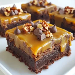 To make these rich caramel turtle brownies, gather the following items: - 1 cup (225g) unsalted butter, melted - 2 cups (400g) granulated sugar - 1 teaspoon pure vanilla extract - 4 large eggs, room temperature - 1 cup (120g) all-purpose flour - 1 cup (90g) unsweetened cocoa powder - 1 teaspoon baking powder - ½ teaspoon salt - 1 cup (100g) semi-sweet chocolate chips - 1 cup (150g) chopped pecans - 1 cup (240ml) caramel sauce (store-bought or homemade) If you run out of any ingredients, don't worry! Here are some easy swaps: - Use margarine instead of unsalted butter for a dairy-free option. - Brown sugar can replace granulated sugar for a deeper flavor. - Replace all-purpose flour with almond flour for a gluten-free choice. - Any nut can stand in for pecans, like walnuts or almonds. - For caramel sauce, you can use sweetened condensed milk and brown sugar. I trust certain brands for the best results in these brownies: - Unsalted Butter: Land O'Lakes or Challenge Butter for rich flavor. - Granulated Sugar: Domino or C&H Sugar for fine granules. - Vanilla Extract: Nielsen-Massey offers pure vanilla with great taste. - All-Purpose Flour: King Arthur Flour is known for its quality. - Chocolate Chips: Ghirardelli or Nestlé Toll House provide smooth melts. - Caramel Sauce: Smucker’s or Hershey’s offer tasty, ready-to-use options. These ingredients will help you create the best caramel turtle brownies. Enjoy the process and let your kitchen fill with sweet scents! {{ingredient_image_2}} Start by preheating your oven to 350°F (175°C). Grab a 9x13 inch pan. Grease it with non-stick spray or line it with parchment paper. This makes it easy to lift the brownies out later. In a large bowl, combine 1 cup of melted butter with 2 cups of granulated sugar. Use a whisk or hand mixer. Blend until the mixture looks smooth and uniform. This step builds a rich base for your brownies. Now, add 1 teaspoon of pure vanilla extract. Then, crack in 4 large eggs, one at a time. Beat well after adding each egg. Mix until everything is velvety and well combined. This adds flavor and helps the brownies rise. In a separate bowl, whisk together 1 cup of all-purpose flour, 1 cup of cocoa powder, 1 teaspoon of baking powder, and ½ teaspoon of salt. Ensure they mix well. This helps create a balanced flavor and texture. Gradually add the dry mixture to the wet ingredients. Stir gently until just combined. Be careful not to overmix. This keeps the brownies soft and chewy. Fold in 1 cup of semi-sweet chocolate chips and 1 cup of chopped pecans. Use a spatula for this step. Reserve a small handful of each for the topping later. This will make your brownies extra special. Pour half of the brownie batter into your prepared pan. Spread it evenly across the bottom. Drizzle half of your caramel sauce over the batter. Let it pool slightly for that gooey texture. Now pour the rest of the brownie batter on top. Spread it gently to keep the caramel layer intact. Drizzle the remaining caramel sauce over the top. Sprinkle the reserved chocolate chips and pecans for decoration. Place the pan in the oven and bake for 30 to 35 minutes. To test for doneness, insert a toothpick into the center. It should come out with a few moist crumbs, not wet batter. Once baked, let the brownies cool completely in the pan on a wire rack. This allows the caramel to thicken. After cooling, cut them into squares. Enjoy your rich and decadent treat! To make the best brownies, use fresh ingredients. Fresh eggs and quality cocoa make a big difference. Always measure your flour correctly. Too much flour can lead to dry brownies. I recommend spooning flour into the cup and leveling it off with a knife. Mixing is key, but too much can ruin your brownies. After adding the dry ingredients, stir gently until just combined. It’s okay if there are some small lumps. Overmixing develops gluten, which makes brownies tough instead of soft and fudgy. To boost caramel flavor, use high-quality caramel sauce. You can also add a pinch of sea salt to the caramel. This brings out its sweetness and adds depth. A splash of vanilla extract in the sauce can elevate the taste too. For a stunning presentation, serve brownies warm. Drizzle extra caramel sauce over the top. Sprinkle with chopped pecans for added crunch. Pair each brownie with a scoop of vanilla ice cream. This makes every bite feel special. Pro Tips Use Room Temperature Eggs: Ensure your eggs are at room temperature before using them. This helps create a smoother batter and better incorporation of ingredients. Don’t Overmix the Batter: When combining wet and dry ingredients, mix just until combined. Overmixing can result in dense and tough brownies. Check for Doneness: For fudgy brownies, a toothpick should come out with a few moist crumbs. Avoid overbaking to keep them soft and chewy. Storing Brownies: Store brownies in an airtight container at room temperature. They will stay fresh for up to 5 days, or refrigerate for longer shelf life. {{image_4}} You can make these brownies even better by using different nuts. Try walnuts or almonds if you want a change. Each nut gives a unique taste and crunch. Just chop them up like the pecans. Fold them in the batter as you would with the pecans. For a gluten-free version, swap the all-purpose flour with a gluten-free blend. Look for a blend with xanthan gum. This keeps the brownies soft and chewy. Follow the same steps in the recipe. Your gluten-free friends will love this treat! You can mix it up by using different types of chocolate. Dark chocolate chips add a rich flavor, while milk chocolate makes it sweeter. You can even use white chocolate for a fun twist. Just remember to adjust the sugar if you use sweeter chocolate. A chocolate swirl is a fun way to add more chocolate flavor. After layering the batter, melt some chocolate. Drizzle it on top of the brownie batter. Use a knife to swirl it in. This creates a beautiful marbled effect. The extra chocolate adds richness and depth. To keep your caramel turtle brownies fresh, store them in an airtight container. This helps lock in moisture and flavor. Place a piece of parchment paper between layers of brownies to prevent sticking. Keep them at room temperature for up to four days. If you want to store them longer, the fridge works too. Freezing is a great option for longer storage. First, let the brownies cool completely. Then, cut them into squares. Wrap each square tightly in plastic wrap. Place the wrapped brownies in a freezer bag or container. They can stay frozen for up to three months. When you're ready to enjoy, just take out as many as you need. Reheating brownies can bring back their yummy texture. Preheat your oven to 350°F (175°C). Place the brownies on a baking sheet. Cover them loosely with foil to keep them moist. Heat for about 10 minutes. You can also microwave a brownie for about 20-30 seconds for a quick treat. To check doneness, insert a toothpick into the center. If it comes out with a few moist crumbs, they are done. If it has wet batter, bake for a few more minutes. Brownies continue to firm up as they cool, so don’t worry if they look a bit soft initially. Absolutely! Homemade caramel sauce adds a personal touch. Just make sure it’s thick enough to hold its shape when drizzled. This enhances the flavor and makes your brownies extra special. No pecans? No problem! You can use any nuts you like, such as walnuts or almonds. If you want a nut-free option, simply leave them out. The brownies will still taste amazing and be deliciously rich. To make brownies from scratch, mix melted butter, sugar, eggs, and vanilla. Then add the flour, cocoa, baking powder, and salt. Stir until just combined, then bake. This basic method works for many brownie recipes, including these caramel turtle brownies. Yes, you can make these brownies ahead of time! Bake them, then let them cool completely. Store them in an airtight container for up to three days. You can also freeze them for up to three months. Just thaw before serving. In this post, we explored making perfect brownies from scratch. We covered essential ingredients, step-by-step instructions, and helpful tips. You learned how to enhance flavor and presentation. Plus, we shared variations to suit your taste. Now, you can store and reheat brownies to keep them fresh. Enjoy baking and impressing your friends with these delicious treats!