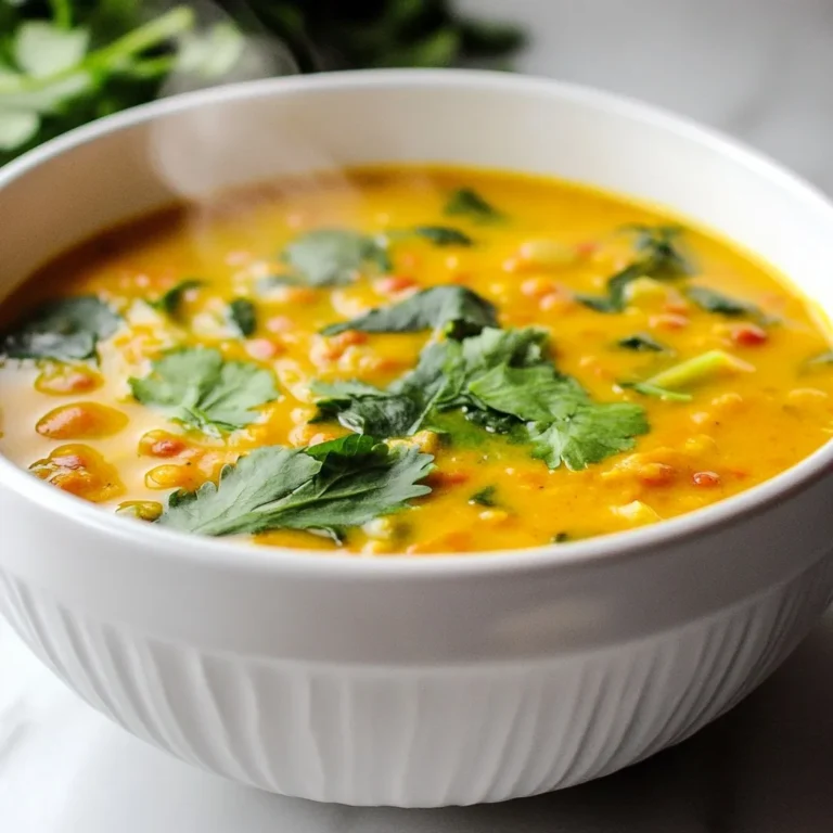 To make this soup, you need the following ingredients: - 1 cup red lentils, thoroughly rinsed - 1 tablespoon coconut oil - 1 medium onion, finely chopped - 3 cloves garlic, minced - 1 tablespoon fresh ginger, grated - 1 tablespoon red curry paste - 1 can (13.5 oz) coconut milk - 4 cups vegetable broth - 1 cup diced tomatoes (fresh or canned) - 2 teaspoons ground turmeric - 1 teaspoon ground cumin - 1/2 teaspoon ground coriander - Salt and freshly cracked pepper to taste - 2 cups fresh spinach, roughly chopped - Juice of 1 lime - Fresh cilantro leaves for garnish Using fresh ingredients can boost flavor and nutrition. Fresh garlic and ginger give a strong, bright taste. Fresh tomatoes add texture, while canned tomatoes offer convenience. Canned coconut milk is creamy and rich, but fresh coconut can add unique flavor if you have it. You can swap ingredients based on what you have. - If you don’t have red lentils, use green or brown lentils. They will change the texture but still taste great. - Instead of coconut oil, olive oil works well, though it changes the flavor slightly. - If you need a nut-free option, skip the coconut and use more broth. - You can replace spinach with kale or Swiss chard for a twist. These swaps keep the soup tasty while fitting your needs. {{ingredient_image_2}} 1. Heat 1 tablespoon of coconut oil in a large pot over medium heat. Wait until it's shiny. 2. Add 1 medium chopped onion. Sauté for about 5 minutes until it looks soft and clear. 3. Mix in 3 minced garlic cloves and 1 tablespoon of grated ginger. Stir for 1-2 minutes until it smells great. 4. Add 1 tablespoon of red curry paste, 2 teaspoons of ground turmeric, 1 teaspoon of ground cumin, and 1/2 teaspoon of ground coriander. Stir well to blend the spices with the onion. 5. Pour in 4 cups of vegetable broth. Mix it up and let it simmer gently. 6. Add 1 cup of rinsed red lentils and 1 cup of diced tomatoes. Cover the pot and let it cook on low for about 20 minutes, stirring now and then. 7. When the lentils are soft, stir in 1 can of coconut milk and 2 cups of chopped spinach. Cook for another 5 minutes until the spinach wilts. 8. Season the soup with salt, pepper, and juice from 1 lime. Adjust to taste. 9. Take the pot off the heat. Let it cool a bit before serving. - Sauté onion: 5 minutes - Mix garlic and ginger: 1-2 minutes - Blend spices: 2 minutes - Simmer with broth: Until boiling, then low heat - Cook lentils and tomatoes: 20 minutes - Add coconut milk and spinach: 5 minutes Timing is key! Keep an eye on the pot to prevent sticking. Stir often during cooking. - Rinse lentils well. This helps remove dirt and improves texture. - Keep stirring when you add spices. This helps flavors bloom. - Don’t skip the lime juice! It brightens up the soup. - Taste as you go. Adjust salt and pepper to your liking. - Make sure the heat is low while simmering to prevent burning. By following these steps, your Coconut Curry Lentil Soup will be fresh and flavorful! To make your Coconut Curry Lentil Soup even better, focus on layers of flavor. Start by sautéing the onion until soft. This brings out its sweetness. Add garlic and ginger to the pot next. They boost the aroma and flavor. Don't rush these steps; let the spices bloom. When you add the red curry paste, let it cook for a minute. This helps release its oils and flavor. A squeeze of lime juice at the end brightens the soup. Fresh cilantro adds a fresh taste right before serving. For this soup, you will need a large pot. A sturdy wooden spoon helps with stirring. Use measuring cups and spoons to get the right amounts. A sharp knife will make chopping easy. Keep a cutting board handy for quick prep. A ladle helps serve the soup without spills. If you want, use a blender to make it creamier. Just be careful with hot liquids! When serving, use vibrant bowls to make the soup pop. Top each bowl with fresh cilantro leaves. For extra flavor, try adding toasted coconut flakes. A dollop of yogurt can add creaminess. Serve with warm naan or rice for a full meal. This soup pairs well with a simple salad too. Enjoy it with friends or family for a cozy night in. Pro Tips Rinse the Lentils: Thoroughly rinsing the lentils before cooking helps remove any impurities and ensures a cleaner flavor in your soup. Enhance the Spice: To maximize the flavor of your spices, consider toasting them in the coconut oil for a minute before adding the other ingredients. Adjust Consistency: If you prefer a thicker soup, reduce the amount of vegetable broth, or add a bit more lentils. For a thinner consistency, simply add more broth. Fresh Herbs at the End: Add fresh cilantro just before serving to retain its vibrant flavor and color, enhancing the overall presentation of the soup. {{image_4}} Coconut Curry Lentil Soup is naturally vegan and gluten-free. This dish uses red lentils and coconut milk, which are plant-based and free from gluten. Always check labels on ingredients like vegetable broth and curry paste. Some brands may add hidden gluten. You can boost the soup’s nutrition by adding more veggies. Try carrots, bell peppers, or zucchini. Just chop them small so they cook well. For protein, add tofu or chickpeas. These options make the soup heartier and more filling. Cook them in the pot with the lentils for best results. Adjusting spice levels is easy. If you want a milder soup, use less red curry paste. Add a little at a time until you reach a flavor you like. For more heat, try adding red pepper flakes or fresh chili peppers. Mix them in during cooking to blend the flavors. To keep your soup fresh, let it cool first. Then, transfer it to an airtight container. This method helps lock in flavors. You can store the soup in the fridge for up to four days. If you want to keep it longer, freezing is a great option. When you're ready to eat your soup, reheat it on the stove. Pour the soup into a pot over medium heat. Stir often to help it heat evenly. If the soup is too thick, add a splash of vegetable broth or water. Heat until it's warm throughout. Make sure it reaches a safe temperature before serving. For long-term storage, portion the soup into freezer-safe bags or containers. Leave some space at the top, as the soup will expand when frozen. Label each bag with the date and contents. You can freeze it for up to three months. When you're ready to enjoy it, thaw it in the fridge overnight. Reheat as mentioned before, and savor the flavors once again. Yes, you can make this soup ahead of time. It actually tastes better the next day. Just store it in an airtight container in the fridge. When you’re ready to eat, heat it up on the stove. If the soup thickens, add a little water or broth to get the right texture again. You can serve this soup with warm naan or rice for a filling meal. A simple green salad with a light dressing pairs well too. For extra crunch, consider adding some toasted coconut flakes or a dollop of yogurt on top. This adds great texture and flavor. Lentils should be soft but still hold their shape. They will cook in about 20 minutes. To check, take a small spoonful out and taste one. If it’s tender and not mushy, they are done. If they still feel firm, give them a few more minutes. Remember to stir occasionally to keep them from sticking. Coconut curry lentil soup is warming and easy to make. We covered key ingredients, tips for cooking, and smart storage methods. You can customize this soup with fresh or canned ingredients and even adjust the spice. Remember, simple swaps can make it vegan or gluten-free. With these steps, you can create a tasty meal for any occasion. Enjoy exploring the flavors and make this soup your own. Now, go prepare a bowl of comfort!