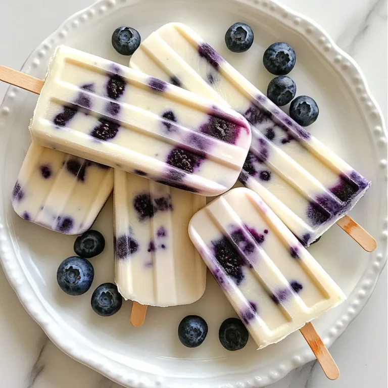 To make Greek yogurt blueberry popsicles, you need a few key items: - 2 cups Greek yogurt (plain or vanilla) - 1 cup fresh blueberries - 1/4 cup honey or maple syrup - 1 tablespoon lemon juice - 1/2 teaspoon vanilla extract - A pinch of salt These ingredients create a creamy and fruity treat. The yogurt gives a nice texture. The blueberries add a sweet and tangy taste. For this recipe, honey or maple syrup works best. Both add great flavor. Honey gives a rich sweetness. Maple syrup has a unique, warm taste. You can adjust the amount to fit your taste. You can add extra fresh blueberries on top of your popsicles for a pretty look. You might also try adding chopped mint for a fresh twist. If you want a fun flavor, mix in other fruits like strawberries or raspberries. These options make your popsicles even more special! {{ingredient_image_2}} Start by gathering all your ingredients. You will need Greek yogurt, fresh blueberries, honey or maple syrup, lemon juice, vanilla extract, and a pinch of salt. In a blender, add these items. Blend until smooth. If you want more blueberry flavor, blend longer. If you prefer some texture, blend just a little. Taste the mixture. If it is not sweet enough, add more honey or maple syrup. The goal is a creamy and smooth mix. If you blend too much, you lose texture. I like to see small blueberry pieces. They add color and fun. Adjust the sweetness to your taste. Remember, the mixture will taste less sweet when frozen. This step is crucial for the perfect popsicle. Once you have your blend, it’s time to mold. Carefully pour the mixture into popsicle molds. Leave a small gap at the top. This gap allows for expansion as they freeze. Next, insert popsicle sticks into each mold. Tap the molds gently on the counter. This releases any trapped air bubbles. Now, place the molds in the freezer. Let them freeze for at least 4 to 6 hours. Once solid, you can enjoy your refreshing Greek yogurt blueberry popsicles! You can make these popsicles even better. Try adding a splash of orange juice for a citrus twist. You can also mix in some chopped mint for a fresh taste. If you love spices, a dash of cinnamon or nutmeg can add warmth. Have fun with flavors and make it your own! Getting the popsicles out can be tricky. To help, run warm water over the molds for a few seconds. This will melt the ice slightly and loosen the pops. Be gentle when pulling them out. If they stick, try twisting the molds slowly to release them. Texture matters for popsicles. For a creamier popsicle, blend until smooth. If you like it chunkier, blend just a bit. Taste the mix before freezing. If it’s not sweet enough, add more honey or syrup. Keep adjusting until you find the perfect balance. Pro Tips Use Frozen Blueberries: If fresh blueberries are out of season, opt for frozen ones. They can add a creamier texture and are equally nutritious. Experiment with Flavors: Feel free to mix in other fruits like strawberries or raspberries for a unique twist on these popsicles. Healthier Sweetener Options: Consider using agave nectar or stevia as a low-calorie alternative to honey or maple syrup. Serving Suggestions: Serve these popsicles with a side of yogurt dip or drizzle with a little melted dark chocolate for an indulgent treat. {{image_4}} You can switch up the blueberries for other fruits. Strawberries, raspberries, and mango work great. Just blend them the same way. If you want a berry mix, try combining them all. It adds fun colors and flavors. If you need a dairy-free option, use coconut yogurt instead of Greek yogurt. Almond or soy yogurt are also good choices. The texture will be slightly different but still creamy. You can enjoy the same refreshing treat without dairy. Add a twist to your popsicles by infusing extra flavors. A dash of cinnamon brings warmth. You can also add a splash of orange juice for a citrus kick. Experimenting with flavors can lead to new favorites. Don't be afraid to mix and match! To keep your Greek yogurt blueberry popsicles fresh, store them in an airtight container. Use a freezer-safe bag or a plastic container with a tight lid. This helps to avoid freezer burn and keeps the flavor intact. If you have extra molds, you can also leave the pops in their molds until you're ready to enjoy them. These popsicles can last up to two months in the freezer. Make sure your freezer is at 0°F (-18°C) to keep them solid. For the best taste and texture, enjoy them within the first month. If you notice ice crystals forming, it’s time to toss them out. If you have extra yogurt mixture after filling your molds, don’t waste it! Pour the leftover mixture into small cups. You can even add a piece of fruit on top for a quick treat. Just cover them with plastic wrap and freeze. These tasty snacks are perfect when you crave a sweet treat! Yes, you can use frozen blueberries. They work well in this recipe. Just remember to let them thaw a bit. This makes blending easier and helps with flavor. To make dairy-free popsicles, swap Greek yogurt for coconut yogurt. It has a creamy texture and rich taste. You can also use almond or oat yogurt. Just check the consistency you like best. The best way to sweeten these popsicles is with honey or maple syrup. Both add natural sweetness and flavor. You can adjust the amount based on your taste. Start with 1/4 cup and add more if needed. You can store homemade popsicles for up to two months. Keep them in an airtight container or freezer bag. This helps prevent freezer burn and keeps them fresh. Enjoy them on hot days! Making homemade Greek Yogurt Blueberry Popsicles is fun and simple. You learned about key ingredients, sweeteners, and yummy garnishes. You also saw step-by-step blending and freezing methods for great popsicles every time. Our tips helped you enhance flavor and perfect texture. Try different fruit combos and explore dairy-free options. Remember to store your popsicles right for the best taste. Have fun experimenting and enjoy your cool treats!