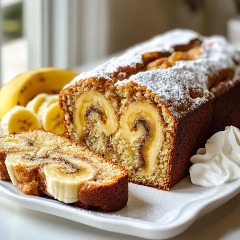 - 3 ripe bananas - 1/3 cup unsalted butter - 1 teaspoon baking soda - A pinch of fine sea salt - 3/4 cup granulated sugar - 1 large egg - 1 teaspoon pure vanilla extract - 1 1/2 cups all-purpose flour - 2 teaspoons ground cinnamon - 2 tablespoons granulated sugar (for swirl) To make the best Cinnamon Swirl Banana Bread, you need ripe bananas. They should be soft and brown. This gives your bread a sweet flavor. Next, use unsalted butter. It helps control the saltiness. Baking soda helps the bread rise. The pinch of sea salt balances the sweetness. You'll also need granulated sugar. You can swap it for brown sugar for a richer taste. The egg binds everything together. Vanilla extract adds a nice aroma. All-purpose flour gives the bread its structure. Ground cinnamon is key for the swirl. Lastly, the extra sugar creates a delightful topping. You can make a few swaps if needed. For a deeper flavor, use brown sugar instead of granulated sugar. If you have salted butter, reduce the pinch of salt or skip it. For a vegan option, you can swap the egg for 1/4 cup of applesauce or a flax egg. This keeps the texture nice and moist. These substitutions help you customize the recipe to fit your needs. Enjoy experimenting and making this bread your own! {{ingredient_image_2}} 1. Preheating the oven: Start by setting your oven to 350°F (175°C). This step is key for even baking. 2. Greasing or lining the loaf pan: Take your 4x8 inch loaf pan. Grease it with butter or oil. You can also line it with parchment paper for easy removal. 1. Combining bananas and butter: In a large bowl, mix the melted butter with the mashed bananas. Stir until smooth. 2. Adding dry ingredients and mixing: Next, add the baking soda and a pinch of salt. Mix well. Then, add the sugar, beaten egg, and vanilla. Stir until it’s all blended. 1. Preparing the cinnamon-sugar mixture: In a small bowl, mix the ground cinnamon with 2 tablespoons of sugar. This will be your swirl. 2. Layering batter and swirl mixture: Pour half of the batter into the loaf pan. Smooth the top. Sprinkle half of the cinnamon-sugar mixture on top. Pour the rest of the batter over this. Add the remaining cinnamon-sugar mix on top. Use a knife to swirl it gently. 1. Baking times and techniques: Place the loaf pan in the oven. Bake for about 60 to 65 minutes. Check if it’s done by inserting a toothpick. It should come out clean with some moist crumbs. 2. Cooling the bread: Once baked, take it out and let it cool in the pan for 10 minutes. Then, transfer it to a wire rack to cool completely before slicing. - How to avoid overmixing: When you mix the batter, do it gently. Stir just until the flour disappears. This keeps your bread soft and fluffy. If you see lumps, that is okay. Overmixing makes the bread tough. - Ensuring even baking: Place the loaf pan in the center of the oven. This helps heat flow evenly. If your oven has hot spots, rotate the pan halfway through baking. This helps the bread cook evenly. - Tips for additional spices: You can add nutmeg or allspice for a warm twist. Just a pinch can change the flavor. If you like more cinnamon, feel free to add an extra teaspoon. - Using different types of bananas: Try ripe plantains for a unique flavor. They give a sweet and creamy texture. Using frozen bananas also works well. Just thaw and mash them before mixing. - Serving suggestions: Slice the banana bread while it is still warm. Serve it on a rustic wooden board. This makes it look inviting. You can also toast the slices for extra crunch. - Garnishing ideas: Add a dusting of powdered sugar on top for sweetness. A dollop of whipped cream adds a nice touch. For a fun twist, top with caramelized banana slices to wow your guests. Pro Tips Use Overripe Bananas: The riper the bananas, the sweeter and more flavorful your bread will be. Look for bananas that are heavily speckled or even brown for the best results. Don’t Overmix the Batter: To achieve a light and fluffy texture, mix the batter just until the flour is incorporated. A few lumps are okay! Cool Before Slicing: Allow the banana bread to cool completely on a wire rack before slicing. This helps the bread set and makes for cleaner slices. Experiment with Add-Ins: Consider adding nuts, chocolate chips, or dried fruits to customize your banana bread. They can enhance the flavor and texture beautifully! {{image_4}} You can add nuts to your cinnamon swirl banana bread. Walnuts or pecans add crunch and flavor. They blend well with the soft, sweet banana. If you love chocolate, consider adding chocolate chips. They melt into the bread, giving a rich taste. You can use dark, milk, or even white chocolate. The sweetness of the chocolate pairs well with the cinnamon. If you need a gluten-free version, swap the all-purpose flour for a gluten-free blend. Ensure that the blend includes xanthan gum for the right texture. For a sugar-free option, try using a sugar substitute like erythritol or monk fruit sweetener. These options keep the bread sweet without the sugar crash. To give your bread a fall twist, add pumpkin puree or a dash of nutmeg. These flavors warm up the bread and make it perfect for chilly days. During the holidays, add cranberries for a festive touch. They add a tart contrast to the sweet banana and cinnamon, making every bite special. You can store leftover cinnamon swirl banana bread at room temperature. Wrap it in plastic wrap or store it in an airtight container. This keeps it fresh for about 3 days. If you want to keep it longer, freezing is a great option. Slice the bread before freezing. Wrap each slice in plastic wrap, then place them in a freezer-safe bag. This way, you can grab a slice whenever you want. To reheat banana bread, the best method is to use the oven. Preheat it to 350°F (175°C). Place the bread on a baking sheet and heat for about 10-15 minutes. This warms it up and helps regain its soft texture. If you froze the bread, let it thaw in the fridge overnight before reheating. To improve texture after freezing, you can also microwave it for about 10-15 seconds. Enjoy your warm, delicious banana bread! For the best flavor, use very ripe bananas. They should be yellow with brown spots. This means they are sweet and soft. Overripe bananas work best in this recipe. They mash easily and add moisture. If they are too firm, the bread will not be as sweet or soft. You can try different fruits, like apples or berries. They can change the taste a lot. If you use apples, chop them small. For berries, fresh or frozen will work. Just remember, the texture may change. Bananas provide moisture and sweetness that others may not. To check if your bread is ready, insert a toothpick in the center. If it comes out clean or with a few moist crumbs, it is done. If it has wet batter, give it more time. You can also lightly press the top. It should spring back when it is baked. Leftover banana bread is great for snacks or breakfast. You can store it at room temperature for a few days. For longer storage, wrap it well and freeze it. Thaw it at room temperature when you're ready to eat. You can also toast slices for a warm treat. Cinnamon swirl banana bread is a delightful treat. You’ve learned about key ingredients and how to mix them. I shared tips for baking and ways to improve flavor. You can even try variations to fit your taste. Remember to store it well for longer freshness. Explore fun twists with the recipe for each season. Enjoy making this delicious bread. Your kitchen will smell amazing, and each bite will be sweet!