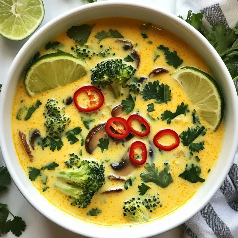 To make Spicy Thai Coconut Soup, gather these ingredients: - 2 tablespoons coconut oil - 1 medium onion, finely chopped - 2 cloves garlic, minced - 1 tablespoon fresh ginger, grated - 1-2 red chilies (sliced, adjust according to your spice preference) - 1 tablespoon red curry paste - 4 cups coconut milk - 2 cups vegetable broth - 1 cup mushrooms, sliced - 1 bell pepper (any color), thinly sliced - 1 cup broccoli florets - 1 tablespoon soy sauce - 1 tablespoon freshly squeezed lime juice - Fresh cilantro leaves, for garnish - Lime wedges, for serving You can swap some ingredients if you need to. Here are a few ideas: - Use olive oil instead of coconut oil for a different flavor. - If you can’t find fresh ginger, try using ground ginger. Use less since it’s stronger. - Any color of bell pepper works, so use what you have. - For a nut-free option, skip the coconut milk and use almond milk. Using fresh spices makes a big difference in flavor. Here’s why: - Fresh garlic and ginger add a bright taste. Dried versions can’t match that. - Red chilies bring heat and color. Fresh ones add more punch than dried. - Red curry paste has rich flavors that dried spices lack. So, use the paste for the best result. Using fresh ingredients makes your soup taste amazing! {{ingredient_image_2}} To start, heat 2 tablespoons of coconut oil in a large pot over medium heat. When the oil melts, add 1 medium onion, finely chopped. Sauté the onion for about 5 minutes. You want it soft and clear. Next, add 2 cloves of minced garlic, 1 tablespoon of grated ginger, and 1-2 sliced red chilies. Stir these ingredients for 2 minutes. The mix should smell great. Now, add 1 tablespoon of red curry paste. Mix it in well. Cook this for another minute. It enhances the flavor. Gradually pour in 4 cups of coconut milk and 2 cups of vegetable broth. Use a wooden spoon to stir everything until it blends. Bring the soup to a light simmer. Once it's bubbling, add 1 cup of sliced mushrooms, 1 thinly sliced bell pepper, and 1 cup of broccoli florets. Let the soup cook for 10-15 minutes. You want the vegetables tender but not mushy. After cooking, stir in 1 tablespoon of soy sauce and 1 tablespoon of fresh lime juice. Taste your soup and adjust the seasoning if needed. Remove the pot from heat. Let the soup sit for a few minutes. This step allows the flavors to mix well. Serve the soup hot. Garnish with fresh cilantro leaves and add lime wedges for a zesty touch. Enjoy your delicious creation! To make the soup spicier, add more red chilies. You can slice them thin or leave them whole. If you want less heat, remove the seeds from the chilies. You can also use mild chili varieties, like Anaheim peppers. Start with one chili, taste, and add more as needed. Toppings can change the game for your soup. Add fresh cilantro for a bright taste. Squeeze lime juice on top for a zesty kick. You can also sprinkle crushed peanuts for crunch. Try adding bean sprouts or sliced green onions for extra texture. These simple toppings can make each bite special. If your soup is too salty, add a little sugar. It helps balance the flavors. If it’s too thick, stir in more vegetable broth or coconut milk. To brighten the taste, mix in extra lime juice. If the soup lacks depth, a splash of soy sauce can enhance the flavor profile. Don't be afraid to adjust as you go! Pro Tips Adjust the Spice Level: For a milder soup, remove the seeds from the red chilies or use fewer chilies. Conversely, add more if you prefer extra heat. Fresh vs. Dried Ingredients: Using fresh ginger and garlic enhances the flavor significantly compared to dried versions. Opt for fresh whenever possible. Vegetable Variations: Feel free to customize the vegetables in this soup. Other great options include spinach, zucchini, or snap peas for added texture and flavor. Garnishing Secrets: Garnish with toasted coconut flakes or a drizzle of sesame oil for an extra layer of flavor and visual appeal. {{image_4}} You can add protein to make the soup heartier. For chicken, use boneless, skinless pieces. Cube the chicken and cook it in the pot before adding the coconut milk. If you prefer tofu, use firm or extra-firm tofu. Cube it and add it when you add the vegetables. Shrimp is another great option. Add raw shrimp in the last few minutes of cooking. Cook them until they turn pink. To make the soup vegan, simply swap the chicken or shrimp for more vegetables or tofu. Ensure you use a vegan red curry paste and check the soy sauce for animal products. You can also add more protein by including chickpeas or lentils. This adds texture and nutrition while keeping the dish plant-based. If you have allergies, you can easily customize this soup. For coconut milk, use almond milk or oat milk for a nut-free option. If you're allergic to soy, look for gluten-free tamari instead of soy sauce. For a nut-free version, skip the coconut oil and use olive oil instead. Always check labels to ensure all ingredients are safe for your needs. To store leftovers of Spicy Thai Coconut Soup, let it cool first. Pour the soup into an airtight container. Make sure to seal it tightly. Keep the container in the fridge. It stays fresh for about three to four days. If you want to save it for longer, freezing is a great option. When you are ready to enjoy the soup again, you can reheat it easily. Pour the soup into a pot and warm it over medium heat. Stir it often to prevent sticking. You can also use the microwave. Heat it in a microwave-safe bowl, covered loosely, for about two minutes. Stir halfway to ensure even heating. To freeze the soup, use a freezer-safe container. Leave some space at the top, as the soup will expand. It can last up to three months in the freezer. When you want to eat it, simply thaw it in the fridge overnight. Once thawed, reheat it and enjoy your flavorful delight! You can serve this soup with rice or noodles. Jasmine rice pairs well, as does rice noodles. Adding fresh herbs, like cilantro, makes it bright. You can also serve a side salad to balance the meal. A simple cucumber salad adds a nice crunch. Yes, you can make this soup in advance. Store it in the fridge for up to three days. Just reheat it gently on the stove. The flavors will deepen as it sits. Yes, this soup is gluten-free. Use gluten-free soy sauce if you need it for flavor. Most of the ingredients are naturally gluten-free. Always check labels to be sure. To make the soup less creamy, use less coconut milk. You can add more vegetable broth instead. This keeps the soup light while still flavorful. Another option is to blend some vegetables for a thicker texture without added creaminess. You learned all about making Spicy Thai Coconut Soup, from ingredients to storage tips. By using fresh or dried spices and knowing how to adjust the heat, you can create a tasty dish just right for you. Don’t forget the delicious toppings to enhance flavor. Remember, you can easily make variations based on your preferences or dietary needs. Now, it’s your turn to make this soup and enjoy every spoonful. Happy cooking!