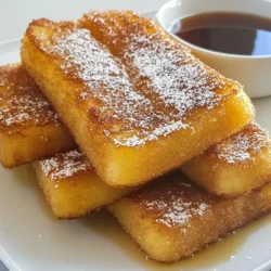 To make the best Cinnamon Sugar French Toast Sticks, gather these simple ingredients: - 6 slices of thick bread (challah or brioche) - 3 large eggs - 1 cup whole milk - 2 tablespoons pure vanilla extract - 1 tablespoon ground cinnamon - 1 tablespoon granulated sugar - 1/4 teaspoon ground nutmeg (optional) - 1/4 teaspoon salt - Butter or cooking oil for frying - Powdered sugar for dusting - Maple syrup for serving These ingredients create a rich and flavorful base for your French toast sticks. Using thick bread like challah or brioche gives the best texture. The eggs and milk form a creamy custard that soaks into the bread. The vanilla, cinnamon, and nutmeg add delicious flavors, while the sugar helps create a sweet crust. You can use butter or cooking oil for frying, depending on your preference. The powdered sugar and maple syrup make for delightful toppings. By having these ingredients ready, you set yourself up for a tasty treat in no time! {{ingredient_image_2}} To start, you need to whisk the custard. Grab a big bowl. Add 3 large eggs. Next, pour in 1 cup of whole milk. Then, add 2 tablespoons of pure vanilla extract. Sprinkle in 1 tablespoon of ground cinnamon and 1 tablespoon of granulated sugar. If you like, add 1/4 teaspoon of ground nutmeg for extra flavor. Don’t forget 1/4 teaspoon of salt. Whisk these ingredients together until they blend well and look frothy. Now, it’s time to prepare the bread. Choose thick bread like challah or brioche. Cut each slice into strips that are about 1 inch wide. This makes the perfect shape for French toast sticks. Make sure your bread is fresh for the best taste. Next, you will cook the sticks. Preheat your skillet or griddle over medium heat. Once it's hot, add some butter or cooking oil. This helps prevent sticking. Dip each bread strip into the egg mixture. Make sure they are coated well but not soaked. Let the excess mix drip off. Place the coated sticks in the skillet. Cook them for about 2-3 minutes on each side. You want them to be golden brown and crispy. If you have a lot of sticks, cook them in batches to avoid crowding. While the sticks cook, prepare the cinnamon sugar. In a shallow dish, mix 1 tablespoon of granulated sugar with 1 tablespoon of ground cinnamon. Stir it well to combine. Once your French toast sticks are done, toss them in the cinnamon sugar mix. Make sure each stick is evenly coated. This gives them that sweet, tasty finish. For serving, dust the warm sticks with powdered sugar if you like. Offer a small bowl of maple syrup on the side for dipping. You could also try adding fresh fruit or whipped cream for extra fun! To avoid sogginess, make sure to dip the bread sticks just enough. You want them coated, but not soaked. Let the excess custard drip off before cooking. This helps them stay firm and crisp. Use medium heat on your skillet. Too high and they burn outside, but stay raw inside. Adding nutmeg boosts the flavor nicely. Just a little can make a big difference. You can also try using a pinch of ginger or cardamom for a fun twist. For a sweeter touch, consider vanilla sugar or a splash of orange zest. These small changes can make your French toast sticks really pop! A non-stick skillet works best for easy cooking. It helps prevent sticking and makes cleanup simple. If you have a griddle, that’s great too! A spatula is key for flipping the sticks without breaking them. Use a whisk for mixing the custard, and a shallow dish for the cinnamon sugar. These tools make the process smooth and fun! Pro Tips Choose the Right Bread: For the best texture and flavor, opt for thick slices of challah or brioche. Their richness complements the custard beautifully. Don't Soak Too Long: Dip each bread stick just enough to coat it in the egg mixture. Over-soaking can lead to soggy sticks that won't crisp up. Adjust the Heat: Keep an eye on the skillet temperature. If the butter is browning too quickly, lower the heat to ensure the sticks cook through without burning. Experiment with Flavors: Feel free to add a pinch of cardamom or a splash of orange zest to the custard mix for a unique twist on the classic flavor profile. {{image_4}} You can make your cinnamon sugar French toast sticks even better with flavor twists. Adding fruits is a great way to do this. Fresh strawberries, sliced bananas, or even blueberries add a burst of taste. You can mix these fruits into the custard or serve them on the side. For nut and chocolate options, think about adding nut butter. A layer of almond or peanut butter gives a rich taste. You can also sprinkle chocolate chips on the sticks before cooking. This adds sweetness and a little fun! If you need gluten-free options, try using gluten-free bread. Many brands offer soft and tasty choices. This makes the recipe accessible to everyone. For dairy-free options, swap whole milk for almond or oat milk. You can also use a dairy-free butter substitute for frying. Both options work well and still give great flavor. Serving ideas can elevate your French toast sticks. Consider unique dips like chocolate sauce or yogurt. These dips add a fun twist and make each bite exciting. For special occasions, plating matters too. Stack the sticks high and dust them with powdered sugar. Add a few berries on the side for a pop of color. This makes the dish look fancy and inviting. To keep your French toast sticks fresh, let them cool completely first. Avoid stacking them while they are warm. Place them in an airtight container. You can store them in the fridge for up to three days. For longer storage, freeze them in a single layer on a baking sheet. Once frozen, transfer them to a freezer-safe bag. They will stay good for about three months. To reheat your French toast sticks, you have a few great options. The oven works best. Preheat it to 350°F (175°C). Place the sticks on a baking sheet and heat for about 10 minutes. This method keeps them crispy. You can also use a toaster oven for a quick reheat. Avoid the microwave if you want to keep their crisp texture. If you must use a microwave, heat them in short bursts. This way, they won’t get too soggy. Enjoy your tasty treats warm! To make French toast sticks crispy, you need to follow a few key steps. First, use thick bread like challah or brioche. This helps keep the inside soft while the outside gets crispy. Next, make sure your skillet is hot before adding the sticks. A preheated skillet helps create that golden crust. Also, do not overcrowd the pan. This allows hot air to circulate around the sticks for even cooking. Lastly, cook them for a few minutes on each side until they are perfectly golden. Yes, you can make the custard mixture ahead of time. Whisk together the eggs, milk, vanilla, cinnamon, sugar, nutmeg, and salt. Store this mixture in the fridge for up to 24 hours. Just give it a good stir before using it. This will save you time on busy mornings. It also allows the flavors to blend nicely. The best bread for French toast sticks is thick bread, like challah or brioche. These types hold up well when dipped in the custard. They soak up flavor without falling apart. Other good options include Texas toast or even sourdough. Just make sure the bread is fresh and thick to achieve the best texture. You can make delicious French toast sticks with simple ingredients and clear steps. Start by whisking eggs, milk, and spice. Cut your bread and fry it to golden perfection. Tossing in cinnamon sugar adds a sweet touch. Don't forget the storage tips to keep leftovers fresh. Experiment with flavors and variations to make it your own. Enjoy these sticks for breakfast or any time you want a treat. Your kitchen will smell amazing, and everyone will love them!