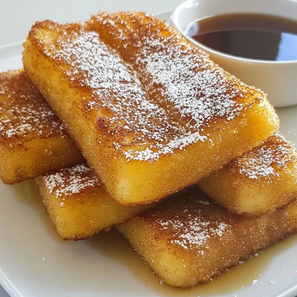 To make the best Cinnamon Sugar French Toast Sticks, gather these simple ingredients: - 6 slices of thick bread (challah or brioche) - 3 large eggs - 1 cup whole milk - 2 tablespoons pure vanilla extract - 1 tablespoon ground cinnamon - 1 tablespoon granulated sugar - 1/4 teaspoon ground nutmeg (optional) - 1/4 teaspoon salt - Butter or cooking oil for frying - Powdered sugar for dusting - Maple syrup for serving These ingredients create a rich and flavorful base for your French toast sticks. Using thick bread like challah or brioche gives the best texture. The eggs and milk form a creamy custard that soaks into the bread. The vanilla, cinnamon, and nutmeg add delicious flavors, while the sugar helps create a sweet crust. You can use butter or cooking oil for frying, depending on your preference. The powdered sugar and maple syrup make for delightful toppings. By having these ingredients ready, you set yourself up for a tasty treat in no time! {{ingredient_image_2}} To start, you need to whisk the custard. Grab a big bowl. Add 3 large eggs. Next, pour in 1 cup of whole milk. Then, add 2 tablespoons of pure vanilla extract. Sprinkle in 1 tablespoon of ground cinnamon and 1 tablespoon of granulated sugar. If you like, add 1/4 teaspoon of ground nutmeg for extra flavor. Don’t forget 1/4 teaspoon of salt. Whisk these ingredients together until they blend well and look frothy. Now, it’s time to prepare the bread. Choose thick bread like challah or brioche. Cut each slice into strips that are about 1 inch wide. This makes the perfect shape for French toast sticks. Make sure your bread is fresh for the best taste. Next, you will cook the sticks. Preheat your skillet or griddle over medium heat. Once it's hot, add some butter or cooking oil. This helps prevent sticking. Dip each bread strip into the egg mixture. Make sure they are coated well but not soaked. Let the excess mix drip off. Place the coated sticks in the skillet. Cook them for about 2-3 minutes on each side. You want them to be golden brown and crispy. If you have a lot of sticks, cook them in batches to avoid crowding. While the sticks cook, prepare the cinnamon sugar. In a shallow dish, mix 1 tablespoon of granulated sugar with 1 tablespoon of ground cinnamon. Stir it well to combine. Once your French toast sticks are done, toss them in the cinnamon sugar mix. Make sure each stick is evenly coated. This gives them that sweet, tasty finish. For serving, dust the warm sticks with powdered sugar if you like. Offer a small bowl of maple syrup on the side for dipping. You could also try adding fresh fruit or whipped cream for extra fun! To avoid sogginess, make sure to dip the bread sticks just enough. You want them coated, but not soaked. Let the excess custard drip off before cooking. This helps them stay firm and crisp. Use medium heat on your skillet. Too high and they burn outside, but stay raw inside. Adding nutmeg boosts the flavor nicely. Just a little can make a big difference. You can also try using a pinch of ginger or cardamom for a fun twist. For a sweeter touch, consider vanilla sugar or a splash of orange zest. These small changes can make your French toast sticks really pop! A non-stick skillet works best for easy cooking. It helps prevent sticking and makes cleanup simple. If you have a griddle, that’s great too! A spatula is key for flipping the sticks without breaking them. Use a whisk for mixing the custard, and a shallow dish for the cinnamon sugar. These tools make the process smooth and fun! Pro Tips Choose the Right Bread: For the best texture and flavor, opt for thick slices of challah or brioche. Their richness complements the custard beautifully. Don't Soak Too Long: Dip each bread stick just enough to coat it in the egg mixture. Over-soaking can lead to soggy sticks that won't crisp up. Adjust the Heat: Keep an eye on the skillet temperature. If the butter is browning too quickly, lower the heat to ensure the sticks cook through without burning. Experiment with Flavors: Feel free to add a pinch of cardamom or a splash of orange zest to the custard mix for a unique twist on the classic flavor profile. {{image_4}} You can make your cinnamon sugar French toast sticks even better with flavor twists. Adding fruits is a great way to do this. Fresh strawberries, sliced bananas, or even blueberries add a burst of taste. You can mix these fruits into the custard or serve them on the side. For nut and chocolate options, think about adding nut butter. A layer of almond or peanut butter gives a rich taste. You can also sprinkle chocolate chips on the sticks before cooking. This adds sweetness and a little fun! If you need gluten-free options, try using gluten-free bread. Many brands offer soft and tasty choices. This makes the recipe accessible to everyone. For dairy-free options, swap whole milk for almond or oat milk. You can also use a dairy-free butter substitute for frying. Both options work well and still give great flavor. Serving ideas can elevate your French toast sticks. Consider unique dips like chocolate sauce or yogurt. These dips add a fun twist and make each bite exciting. For special occasions, plating matters too. Stack the sticks high and dust them with powdered sugar. Add a few berries on the side for a pop of color. This makes the dish look fancy and inviting. To keep your French toast sticks fresh, let them cool completely first. Avoid stacking them while they are warm. Place them in an airtight container. You can store them in the fridge for up to three days. For longer storage, freeze them in a single layer on a baking sheet. Once frozen, transfer them to a freezer-safe bag. They will stay good for about three months. To reheat your French toast sticks, you have a few great options. The oven works best. Preheat it to 350°F (175°C). Place the sticks on a baking sheet and heat for about 10 minutes. This method keeps them crispy. You can also use a toaster oven for a quick reheat. Avoid the microwave if you want to keep their crisp texture. If you must use a microwave, heat them in short bursts. This way, they won’t get too soggy. Enjoy your tasty treats warm! To make French toast sticks crispy, you need to follow a few key steps. First, use thick bread like challah or brioche. This helps keep the inside soft while the outside gets crispy. Next, make sure your skillet is hot before adding the sticks. A preheated skillet helps create that golden crust. Also, do not overcrowd the pan. This allows hot air to circulate around the sticks for even cooking. Lastly, cook them for a few minutes on each side until they are perfectly golden. Yes, you can make the custard mixture ahead of time. Whisk together the eggs, milk, vanilla, cinnamon, sugar, nutmeg, and salt. Store this mixture in the fridge for up to 24 hours. Just give it a good stir before using it. This will save you time on busy mornings. It also allows the flavors to blend nicely. The best bread for French toast sticks is thick bread, like challah or brioche. These types hold up well when dipped in the custard. They soak up flavor without falling apart. Other good options include Texas toast or even sourdough. Just make sure the bread is fresh and thick to achieve the best texture. You can make delicious French toast sticks with simple ingredients and clear steps. Start by whisking eggs, milk, and spice. Cut your bread and fry it to golden perfection. Tossing in cinnamon sugar adds a sweet touch. Don't forget the storage tips to keep leftovers fresh. Experiment with flavors and variations to make it your own. Enjoy these sticks for breakfast or any time you want a treat. Your kitchen will smell amazing, and everyone will love them!