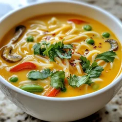 - 2 tablespoons red curry paste - 1 can (14 oz) coconut milk - 4 cups vegetable broth - 1 tablespoon vegetable oil - 1 onion, thinly sliced - 2 cloves garlic, finely minced - 1 tablespoon fresh ginger, grated - 1 red bell pepper, cut into thin strips - 1 cup snap peas, trimmed - 1 cup mushrooms, sliced - 200 grams rice noodles - 2 tablespoons soy sauce - 1 tablespoon fresh lime juice - Fresh cilantro leaves, for garnish - Sliced green onions, for garnish - Chili flakes, for a spicy kick (optional) Let’s dive into the heart of Thai Red Curry Noodle Soup! Each ingredient plays a key role in making this dish special. - Red Curry Paste brings bold flavor and spice. It’s the soul of the soup. - Coconut Milk adds creaminess. It balances the heat from the curry paste. - Vegetable Broth forms the base. Use homemade or store-bought for ease. - Fresh Vegetables like onion, garlic, ginger, red bell pepper, snap peas, and mushrooms add color and crunch. They keep the soup light yet satisfying. - Rice Noodles offer a chewy texture. They soak up the delicious broth well. - Additional Seasonings like soy sauce and lime juice enhance flavors. They add depth and brightness. - Garnishes such as cilantro, green onions, and chili flakes make the dish visually appealing. They also add fresh notes and a spicy kick. These ingredients come together to create a flavorful and healthy meal. Each bite is comforting and delicious! {{ingredient_image_2}} 1. Heat 1 tablespoon of vegetable oil in a large pot over medium heat. 2. Add the sliced onion and sauté for 3-4 minutes. The onion should become soft and see-through. 3. Next, add 2 cloves of minced garlic and 1 tablespoon of grated ginger. Stir for about 1 minute until the smell is great. 4. Now, add 2 tablespoons of red curry paste. Cook this for 2 minutes, stirring often to mix the flavors. 1. Carefully pour in 1 can of coconut milk and 4 cups of vegetable broth. Stir all the ingredients well. 2. Bring the mixture to a gentle simmer. This means it should bubble softly. 3. Add 1 red bell pepper cut into strips, 1 cup of snap peas, and 1 cup of sliced mushrooms. Cook for 5-7 minutes. The veggies should be tender but still a bit crisp. 1. While the soup simmers, cook 200 grams of rice noodles according to the package. Drain them when done and set aside. 2. After the veggies are tender, mix in 2 tablespoons of soy sauce and 1 tablespoon of fresh lime juice. Stir well to combine. 1. Add the cooked rice noodles directly into the soup. Mix everything gently for about 2-3 minutes until the noodles are warm. 2. Taste the soup. You may want to add more lime juice or soy sauce to make it just right. 3. Serve the soup hot in bowls. Top with fresh cilantro leaves, sliced green onions, and chili flakes for some heat if you like! To make your Thai Red Curry Noodle Soup shine, focus on balancing spices and acidity. The red curry paste brings heat and depth. Use just enough to suit your taste. To add brightness, squeeze fresh lime juice at the end. This step lifts the flavors and adds a zesty kick. Adjusting the thickness of the soup is also key. If you prefer a thicker soup, add less broth. For a lighter soup, use more broth or coconut milk. This way, you create the perfect texture for your meal. Cooking time matters. You can save time by multi-tasking ingredients. While the soup simmers, prepare your rice noodles. Follow the package instructions to ensure they're ready when the soup is done. This keeps everything hot and fresh. To keep your veggies crisp, add them at the right time. After the soup simmers, add the snap peas and bell pepper for about five minutes. This way, they stay vibrant and crunchy. Presentation adds charm to your dish. When serving, distribute the noodles evenly in bowls. Then ladle the soup over them. This creates a lovely layered look. A wedge of lime on the side adds a pop of color. Choose bowls that highlight your soup’s colors. Bright or white bowls make the vibrant soup stand out. A good presentation makes the meal inviting and fun. Pro Tips Use Fresh Ingredients: Fresh vegetables and herbs will enhance the flavor and texture of your soup, making it more vibrant and delicious. Adjust the Spice Level: If you prefer a milder soup, reduce the amount of red curry paste or omit the chili flakes. You can always add more later! Customize Your Vegetables: Feel free to substitute or add other vegetables like broccoli, carrots, or bok choy based on your preferences or what you have on hand. Garnish for Flavor: Fresh cilantro and lime juice add a burst of flavor and brightness to the dish, so don’t skip the garnishes! {{image_4}} You can change the protein in your Thai Red Curry Noodle Soup. Adding tofu or chickpeas gives a nice texture. Tofu absorbs the soup's flavors well. Chickpeas add protein and a nutty taste. Both options suit a plant-based diet. If you prefer meat, shrimp or chicken works great. Shrimp cooks quickly and adds a sweet taste. Chicken adds heartiness and is filling. Cook the chicken until it's no longer pink. For shrimp, just cook until it turns pink and opaque. Gluten-free eaters can enjoy the soup too. Use gluten-free soy sauce instead of regular soy sauce. Ensure your rice noodles are gluten-free. They are often made from rice flour and are safe to eat. For a vegan version, avoid any animal products. Use vegetable broth and ensure the curry paste is vegan. This version remains rich and creamy with coconut milk. You won’t miss the meat at all. You can adjust the spice level in your soup. If you like it mild, use less red curry paste. Start with one tablespoon and taste. You can always add more if you want it spicier. Adding chili flakes at the end is another way to control heat. Feel free to swap out vegetables too. Try carrots, zucchini, or spinach for a twist. These add new flavors and colors. Just remember to cook them until they are tender but not mushy. This keeps your soup fresh and bright. - Store leftovers in an airtight container. - Make sure to cool the soup to room temperature first. - This keeps flavors fresh and safe. - To freeze the soup, let it cool completely. - Pour it into freezer-safe containers. - Leave some space at the top for expansion. - When ready to eat, thaw it overnight in the fridge. - Reheat the soup on the stove over low heat. - You can keep the soup in the fridge for up to three days. - For the best taste, use frozen soup within three months. - Always check for changes in smell or color before use. You can use several easy alternatives if you lack red curry paste. The best option is to mix equal parts of curry powder and chili paste. This gives a similar flavor profile. Another choice is to blend paprika, garlic, and ginger for a homemade version. You can also use yellow curry paste, but it will change the soup’s color and taste slightly. Yes, you can use different types of noodles in this soup. The best options are rice noodles, egg noodles, or udon noodles. Each type has a unique flavor and texture. Rice noodles cook quickly, usually in about 3-5 minutes. Egg noodles and udon noodles take about 5-7 minutes. Just be sure to check the package instructions to get them just right. The soup can be spicy, depending on how much red curry paste you use. Red curry paste has a warm heat, but it doesn’t have to be too hot. If you want less spice, use less paste or skip the chili flakes. You can also add more coconut milk to cool down the heat. This soup can be a warm hug or a spicy adventure, based on your choice! You now have everything to make a delicious Thai Red Curry Noodle Soup. We explored key ingredients, step-by-step cooking instructions, and various tips to elevate your dish. Remember to adjust the flavors to your taste. Don't hesitate to experiment with proteins and veggies for personal flair. Proper storage ensures your soup stays fresh for later enjoyment. Dive into this tasty adventure and make your kitchen feel like Thailand. Happy cooking!
