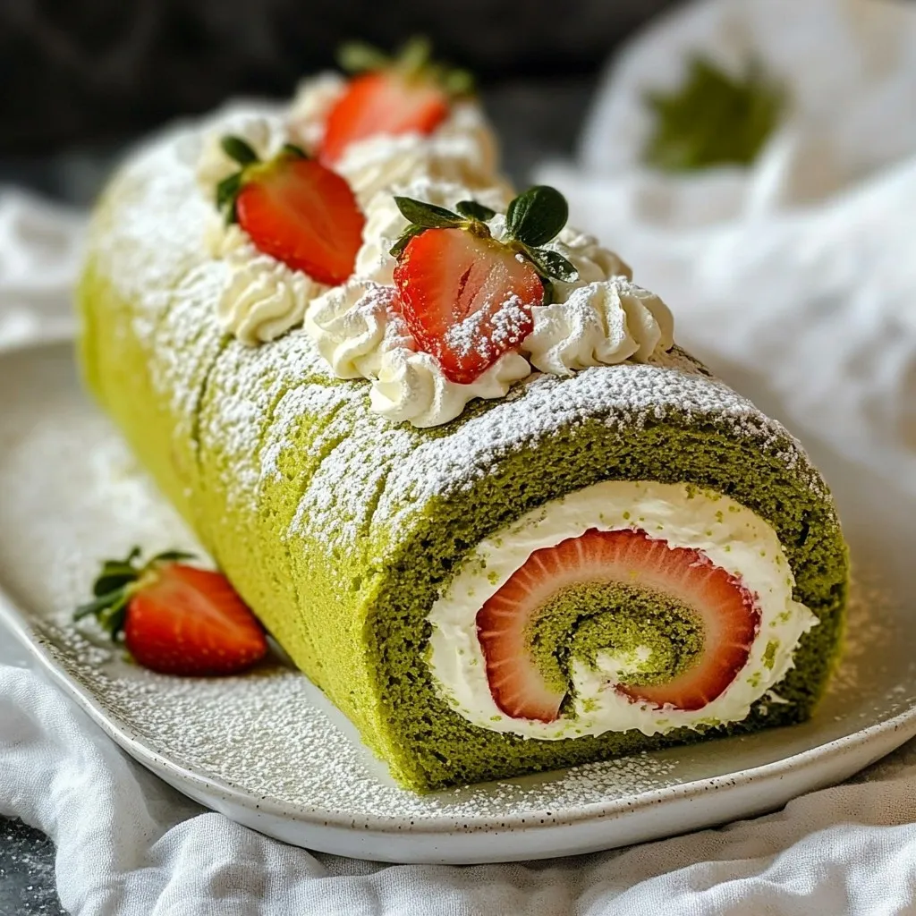 To make the Matcha Strawberry Swiss Roll, gather these fresh and simple ingredients: - 4 large eggs, separated - 100g granulated sugar, divided - 40g all-purpose flour - 20g matcha powder - 1/2 teaspoon baking powder - 1/4 teaspoon salt - 100g fresh strawberries, hulled and sliced - 200ml heavy cream - 2 tablespoons powdered sugar - 1 teaspoon vanilla extract Each ingredient plays a key role in creating this delightful dessert. The eggs provide structure and richness. The granulated sugar adds sweetness and helps the cake rise. All-purpose flour gives the cake its base, while matcha powder gives it a unique flavor and vivid green color. Baking powder and salt balance the sweetness and improve texture. Fresh strawberries add a burst of flavor, and heavy cream creates a smooth filling. The powdered sugar and vanilla extract sweeten and flavor the whipped cream perfectly. With these ingredients on hand, you’re ready to create an impressive yet easy dessert. {{ingredient_image_2}} Preheat your oven to 180°C (350°F). Grab a jelly roll pan, measuring 10x15 inches, and line it with parchment paper. Make sure the paper overhangs a bit on the sides. This little extra helps later when you lift the cake out. In a large bowl, take the egg yolks and mix them with half the sugar, about 50g. Whisk until the mixture is thick and fluffy. This step adds air for a lighter cake. In another bowl, sift together the flour, matcha powder, baking powder, and salt. This ensures even mixing. Next, gently fold the dry ingredients into the egg yolk mixture. Be careful not to over-mix; just combine until smooth. Now, we need to create some lightness. Beat the egg whites in a separate bowl until they form soft peaks. Then, slowly add the remaining 50g of sugar. Keep whisking until you see stiff peaks. These peaks should stand tall. Gently fold the egg whites into the matcha batter in three parts. This keeps the mixture airy and fluffy. Pour the batter into your prepared pan. Spread it out evenly. Bake for 12-15 minutes. The cake is done when it springs back when touched lightly. Once baked, let it cool in the pan for a few minutes. Use the parchment overhang to lift the cake out. Place it on a clean kitchen towel and roll it up with the towel. This helps shape the cake as it cools. While your cake cools, let’s make the filling. In a mixing bowl, combine the heavy cream, powdered sugar, and vanilla extract. Whip this mixture until soft peaks form. This cream will be the tasty surprise inside your roll. Once your cake is cool, carefully unroll it. Spread an even layer of the whipped cream over the entire surface. Next, arrange the sliced strawberries on top. Make sure they are evenly spaced for a great look. Starting from one end, roll the cake back up tightly, this time without the towel. Wrap the Swiss roll in plastic wrap and place it in the fridge for at least one hour. This helps it set nicely. To make a light and airy Swiss roll, you must focus on your egg whites. Beat them until they form soft peaks. This step is crucial. Then, add sugar gradually and whisk until you get stiff peaks. This helps give your cake that fluffy texture. When mixing the batter, fold gently. Use a spatula to combine the egg whites with the yolk mixture. Avoid over-mixing. This keeps the air bubbles intact. Those bubbles help your cake rise and stay light. A common mistake is rolling the cake too soon. Let it cool in the towel for at least 10 minutes. This keeps the shape when you roll it. If you roll it while still warm, it may crack. To serve your Swiss roll, slice it carefully. Aim for even pieces. Arrange your slices on a pretty platter for a nice look. For garnish, add whole strawberries around the slices. Dust matcha powder lightly over the roll and strawberries. This adds color and a hint of flavor. It makes your dessert look stunning and taste even better. Pro Tips Ensure Freshness: Use the ripest strawberries for the best flavor. Fresh, juicy strawberries will enhance the sweetness and overall taste of your Swiss roll. Perfect Egg Whites: Make sure no yolk gets into the egg whites when separating. Even a small amount of fat will prevent them from whipping up to stiff peaks. Cooling Process: Roll the cake with a towel while it cools to help maintain its shape and prevent cracking when you unroll it later for filling. Chill Before Serving: Refrigerate the rolled Swiss cake for at least an hour before slicing. This helps solidify the cream and makes cutting easier. {{image_4}} You can switch up the flavors in your Matcha Strawberry Swiss Roll. Try using different fruits like raspberries or mango. These fruits add unique tastes and colors. Raspberries give a tart flavor, while mango offers a sweet touch. Both fruits pair well with the matcha. You can also experiment with flavored whipped cream. Adding lemon zest or coconut extract to your cream can enhance the taste. Just remember to keep the balance so the flavors blend well. This makes your Swiss roll even more special and fun to eat. If you need a gluten-free version, you can use gluten-free flour. Many brands offer great substitutes. Just make sure the flour you choose works well for baking. You may need to adjust the amount of liquid in the recipe too. Gluten-free flour can absorb more moisture. Baking time might also change slightly. Keep an eye on the cake while it bakes. You want it to spring back when touched. These small changes will help you enjoy a tasty gluten-free Swiss roll. To keep your Matcha Strawberry Swiss Roll fresh, store it in the refrigerator. This helps maintain its soft texture and flavor. Wrap the Swiss roll tightly in plastic wrap. This step is key to preventing it from drying out. Make sure there are no gaps where air can enter. You can also place it in an airtight container for added protection. If you want to freeze the Swiss roll, follow these steps: - Allow the rolled cake to cool completely. - Wrap it tightly in plastic wrap, then wrap it in aluminum foil. This helps prevent freezer burn. - Label the package with the date before placing it in the freezer. When you're ready to serve, take the roll out of the freezer. Let it thaw in the refrigerator overnight. This slow thaw helps preserve its texture. After thawing, slice and serve your delightful dessert! To prevent cracks, be gentle when rolling. Start with a warm cake and use a kitchen towel. Roll the cake while it cools. This keeps the shape and helps it stay soft. Also, do not overbake the cake. It should be springy to the touch. Yes, you can use different types of matcha. Culinary-grade matcha is best for baking. It has a stronger flavor and is more cost-effective. Ceremonial-grade matcha is finer and used for drinks. It is more expensive and has a delicate taste. For this recipe, stick with culinary-grade matcha for great results. In the refrigerator, the Swiss roll lasts about three days. Keep it wrapped in plastic wrap to stay fresh. To avoid sogginess, do not add strawberries until you are ready to serve. If you want to keep it longer, you can freeze it for a month. Yes, you can make this cake dairy-free. Use coconut cream instead of heavy cream. For the filling, you can also use a dairy-free powdered sugar option. This way, you can enjoy the same great flavors without dairy. This blog post detailed how to make a Matcha Strawberry Swiss Roll. You learned about the key ingredients, the step-by-step instructions, and helpful tips to get it just right. I covered how to add your own twist with flavor variations and storage advice for keeping it fresh. Now you can confidently create this dessert at home. Enjoy making and sharing this delicious cake with friends and family!