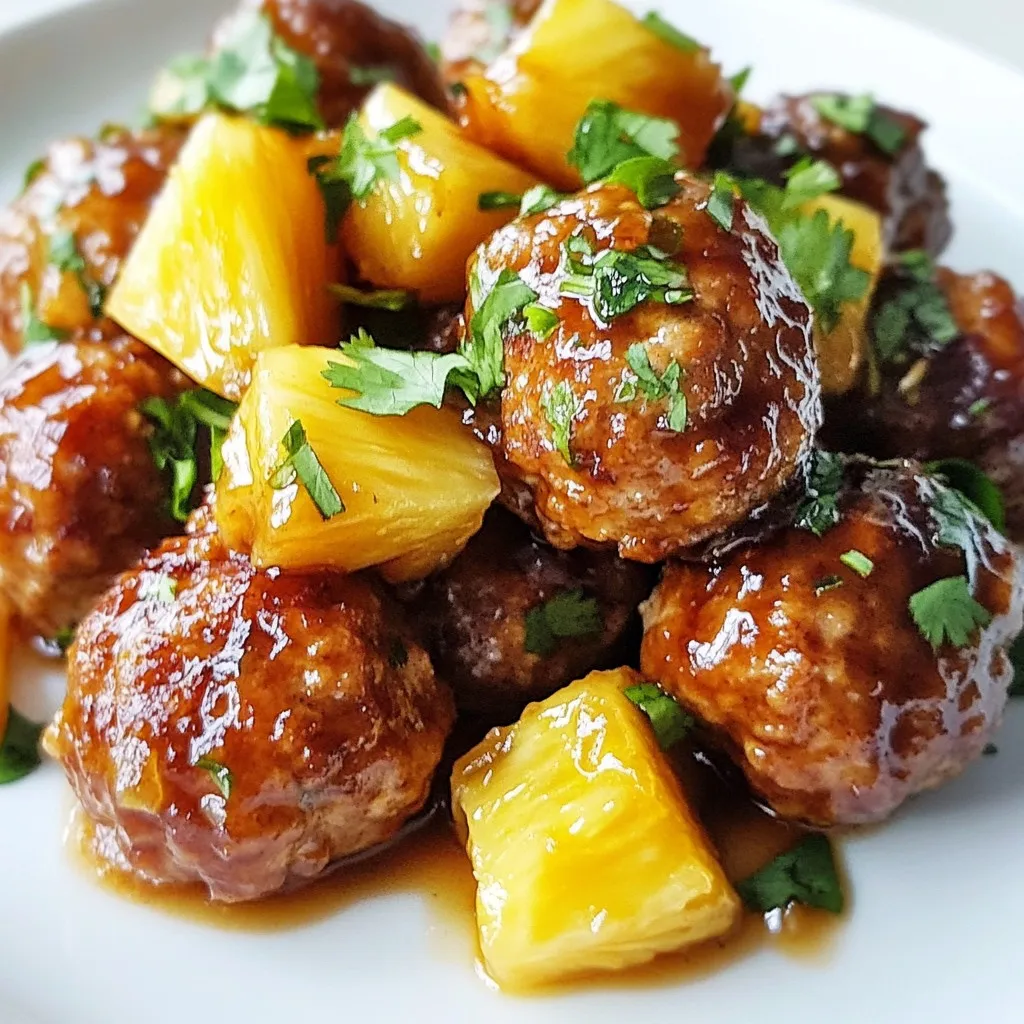 To make these meatballs, you need simple and fresh items: - 1 lb ground chicken - 1/2 cup breadcrumbs - 1/4 cup grated Parmesan cheese - 1/4 cup fresh cilantro, finely chopped - 1 large egg, beaten - 2 cloves garlic, minced - 1 tsp freshly grated ginger - Salt and black pepper, to taste These ingredients create a tasty and moist meatball base. The chicken is lean but flavorful. The breadcrumbs help keep the meatballs soft and tender. The cheese adds a touch of richness. For the teriyaki sauce, gather these ingredients: - 1/2 cup soy sauce - 1/4 cup honey - 1/4 cup pineapple juice - 1 tbsp rice vinegar - 1 tbsp cornstarch, mixed with 2 tbsp water (for thickening) - 1/2 cup pineapple chunks (fresh or canned) This sauce is sweet, tangy, and packed with flavor. The soy sauce brings depth, while honey adds sweetness. Pineapple juice and chunks give it a fruity twist. If you want to change things up, try these swaps: - Use ground turkey instead of chicken for a leaner meatball. - Swap Parmesan with feta for a different flavor. - Replace honey with maple syrup for a vegan option. - Use coconut aminos instead of soy sauce for a gluten-free choice. These changes keep the dish fun and exciting while still being delicious! {{ingredient_image_2}} To start, gather your ingredients. In a large bowl, combine 1 lb of ground chicken, 1/2 cup of breadcrumbs, and 1/4 cup of grated Parmesan cheese. Add 1/4 cup of fresh cilantro, finely chopped, and 1 large beaten egg. Mix in 2 cloves of minced garlic, 1 tsp of freshly grated ginger, and a pinch of salt and black pepper. Use your hands to mix until everything blends well. Now it’s time to shape the meatballs. Take a small portion of the mixture, about the size of a golf ball. Roll it gently in your hands to form a ball. Aim for a size of about 1 inch in diameter. Place each meatball on a baking sheet lined with parchment paper. Make sure they don’t touch each other. Preheat your oven to 400°F (200°C). Once it’s hot, place your baking sheet with the meatballs inside. Bake them for 15 to 20 minutes. Look for a golden brown color and make sure they are cooked through. You can check by cutting one open; the inside should not be pink. While the meatballs bake, prepare the teriyaki sauce. In a pot over medium heat, mix 1/2 cup of soy sauce, 1/4 cup of honey, 1/4 cup of pineapple juice, and 1 tbsp of rice vinegar. Stir the mix well and bring it to a simmer. Next, thicken your sauce. In a small bowl, mix 1 tbsp of cornstarch with 2 tbsp of water. Stir this into your simmering sauce. Cook for an additional 2 to 3 minutes until the sauce thickens. Add in 1/2 cup of pineapple chunks and stir until they are warm. Once your meatballs are done baking, carefully transfer them to the pot with the teriyaki sauce. Gently toss the meatballs until they are coated with the sauce. This will add a tasty glaze and flavor to each meatball. Serve the warm meatballs on a plate. You can sprinkle extra chopped cilantro on top for added color and flavor. These meatballs pair well with rice or noodles, making a delightful meal that’s sure to impress. To boost flavor, add spices or herbs. Try garlic powder or chili flakes for heat. You can also use fresh ginger for a zesty kick. Mix pineapple juice into the meatball mix for more sweetness. If you like tanginess, add a splash of lime juice. This will brighten the dish and add depth. For juicy meatballs, do not overmix the meat. Mix until just combined. Let the mixture rest for a few minutes before shaping. This helps the flavors meld together. Bake at 400°F for 15-20 minutes. This gives a nice crust while keeping the inside moist. If you want more flavor, broil for a minute after baking. Serve meatballs in a bowl with extra sauce on top. Garnish with fresh cilantro for a pop of color. You can also serve them on skewers for a fun touch. This makes it easy for guests to grab and enjoy. Pair with rice or noodles to soak up the teriyaki sauce. Consider adding sesame seeds for crunch and style. Pro Tips Use Fresh Ingredients: For the best flavor, opt for fresh herbs and ingredients, especially the pineapple. Fresh pineapple adds a delightful sweetness and texture to the meatballs. Adjust the Spice Level: If you enjoy a bit of heat, consider adding red pepper flakes or a dash of sriracha to the meatball mixture or the teriyaki sauce for an extra kick. Make Ahead: Prepare the meatballs in advance and store them in the fridge or freezer. They can be cooked later, making for a quick and easy meal option on busy days. Garnish for Visual Appeal: Sprinkle additional chopped cilantro or sesame seeds on top before serving. This not only enhances the dish’s appearance but also adds a pop of flavor. {{image_4}} You can switch the ground chicken for other meats. Try ground turkey, pork, or beef. Each option brings its own flavor. Ground turkey gives a leaner bite, while pork adds sweetness. Choose what you like best! To make this dish plant-based, replace the meat with a mix of lentils and mushrooms. Use breadcrumbs and binders like flaxseed or chia seeds. You can also try store-bought plant-based meat. It works well with the teriyaki sauce. This makes it tasty for everyone! If you want to mix it up, try different sauces. A sweet chili sauce adds a nice kick. Barbecue sauce provides a smoky flavor. You can also use a spicy teriyaki sauce for extra heat. Experiment with what you enjoy most! After enjoying your Pineapple Teriyaki Meatballs, store any leftovers in an airtight container. Keep them in the fridge. They will stay fresh for up to three days. Make sure they cool down first before sealing. This helps keep them tasty and safe. To reheat, place the meatballs in a microwave-safe dish. Cover them with a damp paper towel. Heat on high for one to two minutes. Check if they are hot. If not, heat them for another 30 seconds. You can also reheat them on the stove. Just add a splash of water or sauce to keep them moist. If you have extra meatballs, freeze them for later. Place them in a freezer-safe bag or container. Make sure to label it with the date. They can freeze well for up to three months. When ready to eat, thaw in the fridge overnight. Reheat as mentioned above for a quick meal. Enjoy the taste of fresh meatballs anytime! Bake your Pineapple Teriyaki Meatballs for about 15 to 20 minutes. You want them to be golden brown and fully cooked. Check the inside to make sure they are not pink. Yes, you can make these meatballs ahead of time. Prepare the meatballs and place them in the fridge for up to 24 hours. Bake them when you are ready to serve. This saves time for busy days. These meatballs pair well with rice or noodles. You can also serve them with steamed veggies. For a fun twist, try them in lettuce wraps. They make a great snack or meal. Absolutely! Ground beef works well in this recipe. Just remember that beef has a richer flavor compared to chicken. Adjust your seasoning if you go this route. To keep your meatballs juicy, don’t overmix the meat. Use fresh ingredients and avoid overcooking. Adding breadcrumbs and egg also helps retain moisture. Enjoy your tender and tasty meatballs! This blog post covered how to make Pineapple Teriyaki Meatballs. We looked at the main ingredients and the tasty teriyaki sauce. You learned step-by-step instructions for the meatballs, cooking tips, and ways to make your meal shine. In the end, you can customize these meatballs for your taste. Try different proteins or sauces to keep things fresh. Enjoy sharing this dish with family and friends. It’s easy, tasty, and fun to make!