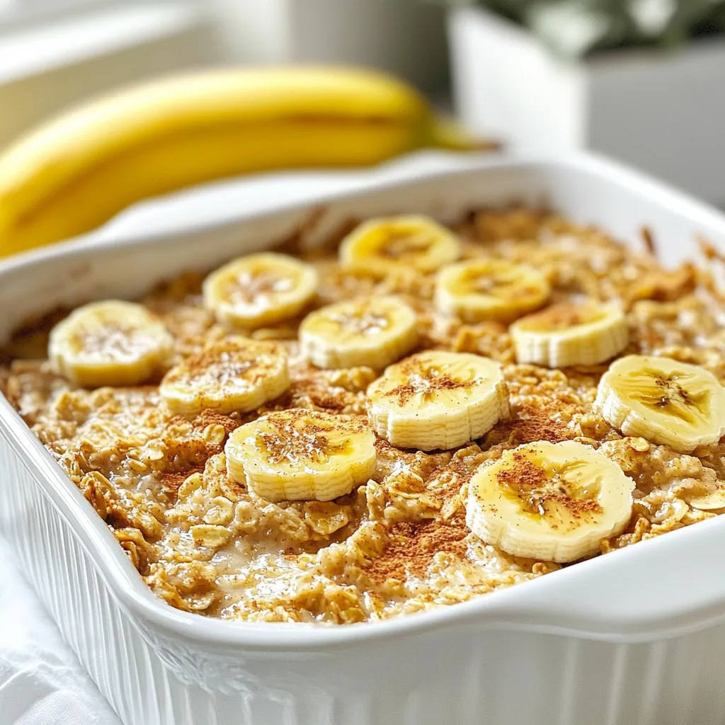 To make Peanut Butter Banana Baked Oatmeal, you will need: - 2 cups rolled oats - 2 ripe bananas, thoroughly mashed - 1/2 cup creamy peanut butter - 1/4 cup honey or maple syrup (your choice) - 1 cup almond milk (or any milk you prefer) - 2 large eggs - 1 teaspoon vanilla extract - 1 teaspoon baking powder - 1/2 teaspoon ground cinnamon - A pinch of salt - 1/2 cup chopped walnuts or pecans (optional for added crunch) - Additional banana slices and peanut butter for garnishing You can swap out some ingredients if you like. For a nut-free option, use sunflower seed butter instead of peanut butter. You could also use agave syrup instead of honey or maple syrup. If you want, add in some chocolate chips or berries for extra flavor. {{ingredient_image_2}} Start by setting your oven to 375°F (190°C). This is the perfect temperature for baking your oatmeal. Take an 8x8-inch baking dish and lightly coat it with cooking spray or a thin layer of oil. This helps prevent the oatmeal from sticking. In a large bowl, mash the two ripe bananas until smooth. Add the creamy peanut butter, honey or maple syrup, almond milk, eggs, and vanilla extract. Use a whisk or fork to mix these well. You want the mixture to be smooth and blended together. Next, it’s time to mix the dry ingredients. Gradually add 2 cups of rolled oats, 1 teaspoon of baking powder, 1/2 teaspoon of ground cinnamon, and a pinch of salt to your wet mix. Make sure to stir everything until it’s fully combined. If you are adding nuts, fold them in gently now. Carefully pour the oatmeal mixture into your greased baking dish. Spread it out evenly. This step is key for even baking. Make sure the batter reaches all the corners of the dish. Now, place your dish in the preheated oven. Bake for 25 to 30 minutes. It’s ready when the top turns golden brown and the center feels firm. You can gently press the center to check. After baking, remove the dish from the oven. Let it cool for a few minutes. This makes cutting easier. Cut into squares for serving. For a nice touch, top each square with extra banana slices and a dollop of peanut butter. A drizzle of honey or a sprinkle of cinnamon adds extra flavor and beauty. To get the best texture in your baked oatmeal, focus on the moisture balance. The ripe bananas give sweetness and moisture, while the peanut butter adds creaminess. When you mix your wet ingredients, ensure they are well blended. If the mixture seems too thick, add a splash more almond milk. This helps to create that soft, yet slightly firm texture you want. Serving your baked oatmeal can be a fun part. I love adding a dollop of creamy peanut butter on top. It melts slightly and adds a rich flavor. You can also add extra banana slices for a fresh touch. Drizzling honey or maple syrup over the top adds sweetness. For some crunch, sprinkle chopped walnuts or pecans. These toppings make each bite even more delicious. Meal prep can save you time. You can make this baked oatmeal ahead of time. Once baked, let it cool and then cut it into squares. Store the squares in an airtight container in the fridge. They will stay fresh for up to five days. You can also freeze individual portions. Just thaw them overnight in the fridge and reheat in the morning. This way, a healthy breakfast is always ready for you. Pro Tips Perfectly Ripe Bananas: The riper the bananas, the sweeter the baked oatmeal will be. Look for bananas with plenty of brown spots for optimal flavor. Customize Your Sweetness: Adjust the amount of honey or maple syrup based on your preference. Taste the wet mixture before adding to ensure it’s to your liking. Nut Variations: Experiment with different nuts or seeds such as almonds, pecans, or chia seeds for added texture and nutrition. Storage Advice: Store leftovers in an airtight container in the refrigerator. Reheat individual portions in the microwave for a quick breakfast option! {{image_4}} If you want a nut-free treat, there are great swaps for peanut butter. You can use sunflower seed butter. It has a similar creamy texture and flavor. Another option is soy nut butter. This gives a nice taste without nuts. Both choices keep your baked oatmeal tasty and safe for everyone. You can change the sweeteners in this recipe. Try using honey or maple syrup for a different flavor. Both are natural and add a nice touch. If you want to reduce sugar, use mashed dates. Just blend them until smooth. This gives a sweet taste without extra sugar. Feel free to mix in extra fun ingredients. You can add dried fruits like raisins or cranberries. Fresh berries also work well for a burst of flavor. Nuts like almonds or pecans add crunch and healthy fats. Experiment with spices, too. A pinch of nutmeg or pumpkin spice can make it even better. To keep your Peanut Butter Banana Baked Oatmeal fresh, store it in an airtight container. Place it in the fridge within two hours of baking. This helps prevent spoilage. It stays good for about five days. If you want to enjoy it longer, freezing is a great option. You can freeze baked oatmeal for later use. First, let it cool completely. Then, cut it into individual portions. Wrap each piece tightly in plastic wrap or aluminum foil. Place the wrapped pieces in a freezer-safe bag. This way, you can enjoy a quick breakfast anytime. It can last up to three months in the freezer. To reheat your baked oatmeal, you have a few options. The microwave is the quickest. Just place a portion on a plate, cover it, and heat for about one minute. Check that it’s warm throughout. If you prefer the oven, preheat it to 350°F (175°C). Place the oatmeal in a baking dish, cover it with foil, and heat for about 10-15 minutes. Either method works well, so pick what suits you best! Peanut Butter Banana Baked Oatmeal stays fresh in your fridge for about five days. Just store it in an airtight container. If you want to keep it longer, freeze it! It lasts up to three months in the freezer. Make sure to cut it into squares before freezing for easy serving later. Yes! You can easily make this recipe vegan. Instead of eggs, use flax eggs. To make one flax egg, mix one tablespoon of ground flaxseed with three tablespoons of water. Let it sit for a few minutes to thicken. For the milk, switch to almond milk or any other non-dairy milk you like. If you can’t use rolled oats, try quick oats or even steel-cut oats. Quick oats will work well, but adjust the baking time since they cook faster. For gluten-free options, use certified gluten-free oats. If you want a grain-free choice, try using almond flour or a mix of ground nuts. You now have a full guide to making Peanut Butter Banana Baked Oatmeal. From ingredient details to step-by-step instructions, each point ensures delicious results. You can select options to fit your taste and dietary needs. Remember to try different sweeteners and add-ins for fun variations. Store leftovers well for later enjoyment. With this recipe, you’ll have a tasty meal ready anytime. Enjoy your baking and let your creativity shine with every bite!