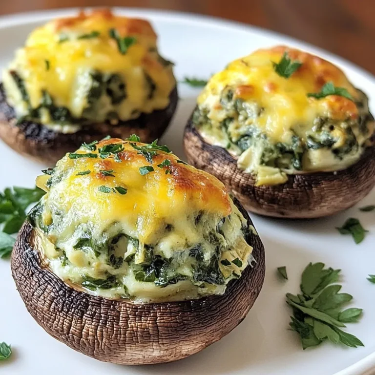 - 12 large portobello mushrooms, stems gently removed - 1 cup fresh spinach, finely chopped - 1 cup canned artichoke hearts, drained and roughly chopped - 1 cup cream cheese, softened to room temperature - 1/2 cup grated Parmesan cheese - 1/4 cup shredded mozzarella cheese - 2 cloves garlic, minced - 1 tablespoon extra virgin olive oil - 1/2 teaspoon red pepper flakes (optional) - Salt and freshly ground black pepper to taste - Fresh parsley, finely chopped (for garnish) - Portobello mushrooms: Use large ones for the best stuffing. - Fresh spinach: One cup gives a nice green flavor. - Canned artichoke hearts: This adds texture and taste. - Cream cheese: Softened helps blend well with other ingredients. - Grated Parmesan: Half a cup adds a salty kick. - Shredded mozzarella: A quarter cup melts nicely into the filling. - Garlic: Two cloves enhance the flavor. - Olive oil: One tablespoon helps cook the garlic. - Red pepper flakes: A half teaspoon adds optional heat. - Salt and pepper: Use to taste for a well-seasoned filling. - Parsley: Fresh and chopped for a colorful garnish. - Portobello mushrooms: You can use button mushrooms if needed. - Fresh spinach: Frozen spinach works; just squeeze out excess water. - Artichoke hearts: Substitute with cooked asparagus or sun-dried tomatoes. - Cream cheese: Neufchâtel cheese is a lower-fat option. - Parmesan cheese: Grated Pecorino Romano can be used instead. - Mozzarella cheese: Cheddar cheese can give a different flavor. - Olive oil: Any cooking oil works, like canola or avocado oil. - Red pepper flakes: Use black pepper for a milder taste. - Fresh parsley: Dried parsley can be a last-minute option. {{ingredient_image_2}} First, I preheat the oven to 375°F (190°C). This step is key for even cooking. Next, I take 12 large portobello mushrooms and gently remove the stems. I place the mushroom caps on a sturdy baking sheet, gill side up. This way, they hold the filling better. In a skillet, I heat 1 tablespoon of extra virgin olive oil over medium heat. Once the oil is hot, I add 2 cloves of minced garlic. I sauté the garlic for about 1 minute until it smells great but does not brown. Then, I toss in 1 cup of finely chopped fresh spinach and 1 cup of roughly chopped canned artichoke hearts. I cook this mixture for 2-3 minutes, stirring often, until the spinach wilts. After that, I remove the skillet from the heat to let the mixture cool a bit. In a large bowl, I mix 1 cup of softened cream cheese, 1/2 cup of grated Parmesan cheese, and 1/4 cup of shredded mozzarella cheese. I fold in the cooled spinach-artichoke mix. I season it with salt, black pepper, and 1/2 teaspoon of red pepper flakes for some heat. Now comes the fun part! I generously spoon the creamy filling into each mushroom cap. I make sure to heap it up nicely. Then, I put the baking sheet in the oven and bake the mushrooms for 20-25 minutes. They should turn tender and golden brown on top. Once done, I carefully take them out of the oven. I let them cool for about 5 minutes. Before serving, I sprinkle fresh parsley on top for color and flavor. Enjoy these tasty bites! To clean mushrooms, start by using a damp cloth or paper towel. Wipe each mushroom gently to remove dirt. Avoid soaking them in water, as mushrooms soak up moisture. This can make them soggy when cooked. Always clean them just before use to keep them fresh. To enhance the flavor of your stuffed mushrooms, consider adding herbs like thyme or basil. These herbs add a fresh taste that blends well with spinach and artichokes. You can also try adding a squeeze of lemon juice for brightness. For a spicy kick, mix in extra red pepper flakes or some chopped jalapeños. Serve your stuffed mushrooms on a decorative platter. Sprinkle some extra parsley around for a pop of color. Use toothpicks or small forks for easy serving. These mushrooms make a great appetizer for gatherings or parties. You can also pair them with a light salad for a complete meal. Pro Tips Choose the Right Mushrooms: Opt for fresh, firm portobello mushrooms for the best texture and flavor. Avoid any that appear slimy or discolored. Make Ahead: Prepare the filling a day in advance and store it in the refrigerator. Assemble and bake just before serving for a fresh taste. Mix Up the Cheeses: Experiment with different cheeses like goat cheese or feta for a unique flavor twist that can elevate the dish. Garnish Wisely: Fresh herbs not only add color but enhance the flavor. Consider using chives or basil in addition to parsley for a gourmet touch. {{image_4}} You can make spinach artichoke stuffed mushrooms even better by using other veggies. Try adding diced bell peppers, zucchini, or even sun-dried tomatoes. These choices add great flavor and texture. You can mix and match based on what you have at home. Toss in some chopped kale or Swiss chard for a twist. Want to spice things up? Add crispy bacon to the filling. The salty crunch pairs well with the creamy mixture. You can also swap cheeses to change the taste. Use goat cheese for tanginess or cheddar for a sharper flavor. Don't forget to sprinkle in some herbs like basil or oregano for extra depth. If you need a gluten-free dish, this recipe is already on the right track. The mushrooms are naturally gluten-free. Just make sure your cheeses and any added ingredients are also gluten-free. You can use gluten-free breadcrumbs on top for a crispy finish. This way, everyone can enjoy these delightful stuffed mushrooms! To keep your leftover stuffed mushrooms fresh, place them in an airtight container. This way, they stay moist and tasty. You can store them in the fridge for up to three days. If you want to keep them longer, freezing is a good option. Just make sure they are cool before you pack them away. When it's time to enjoy your leftovers, you can reheat them easily. Preheat your oven to 350°F (175°C). Place the stuffed mushrooms on a baking sheet. Cover them with foil to keep them from drying out. Bake for about 10-15 minutes, or until they are heated through. You can also use a microwave, but the oven keeps the mushrooms crispy. To freeze stuffed mushrooms, let them cool completely first. Then, wrap each one in plastic wrap. Place them in a freezer-safe bag or container. They can stay in the freezer for up to three months. When you’re ready to eat, thaw them in the fridge overnight. Then, reheat them in the oven as mentioned above. This way, you’ll have a quick and tasty treat ready when you want it! Yes, you can make the filling ahead of time. Simply prepare the spinach and artichoke mixture, then let it cool. Store it in the fridge for up to two days. When you’re ready, just fill the mushrooms and bake them. This saves time and makes serving easier. Stuffed mushrooms pair well with many dishes. You can serve them with a fresh salad, garlic bread, or a warm dip. They also work great as appetizers at parties. You might even add a side of pasta for a full meal. The key is to balance flavors and textures. The mushrooms are done when they are tender and the tops of the filling are golden brown. Bake them for 20 to 25 minutes at 375°F. You can check by gently pressing the mushroom cap. It should feel soft but still hold its shape. Enjoy them hot for the best taste! This guide walks you through making stuffed mushrooms. We covered ingredients, step-by-step cooking, and tips for flavor. You learned about variations for different diets and how to store leftovers. Remember, stuffed mushrooms are not only tasty but also fun to make. Experiment with flavors and feel free to ask questions. Enjoy sharing them with friends or family!