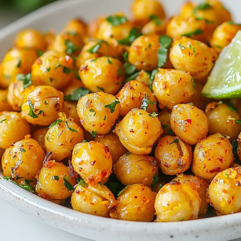 - 1 can (15 oz) chickpeas, drained and thoroughly rinsed - 2 tablespoons high-quality olive oil - 1 teaspoon chili powder - 1 teaspoon smoked paprika - 1/2 teaspoon ground cumin - 1/4 teaspoon garlic powder - Zest from 1 fresh lime - Juice from 1 fresh lime To make crispy, zesty chickpeas, you need a few key ingredients. First, grab a can of chickpeas. These little gems pack a protein punch and give great crunch when roasted. Next, high-quality olive oil helps the spices stick. It also adds a rich flavor. For the spice mix, you will need chili powder, smoked paprika, ground cumin, and garlic powder. Each spice adds a unique flavor, making your chickpeas pop. The lime zest and juice are key. They give a bright, fresh taste that balances the spices perfectly. - Fresh cilantro, chopped - Additional seasonings (salt, pepper) For garnishes, fresh cilantro adds a nice touch. It brings a burst of color and flavor. You can also season to taste with salt and pepper. This way, you can adjust the taste to your liking. These simple additions make a big difference in flavor. {{ingredient_image_2}} 1. Preheat the oven to 400°F (200°C). This heat will make your chickpeas crisp. 2. Drain the chickpeas from the can. Rinse them well under cold water. 3. Transfer the rinsed chickpeas onto a clean towel. Pat them dry with another towel. The drier they are, the crunchier they will get. 1. In a large bowl, whisk together 2 tablespoons of olive oil and the spices. - Use 1 teaspoon of chili powder. - Add 1 teaspoon of smoked paprika. - Mix in 1/2 teaspoon of ground cumin and 1/4 teaspoon of garlic powder. - Don’t forget the zest from 1 fresh lime for that zing! 2. Squeeze the juice from the same lime into the mix. This will add moisture and flavor. 1. Toss the dried chickpeas in the seasoning mix. Ensure every chickpea gets coated well. 2. Line a baking sheet with parchment paper. Spread the chickpeas out in a single layer. 3. Roast the chickpeas in the oven for 25-30 minutes. Halfway through, shake the pan or stir them. This helps them roast evenly. 4. When they are golden and crunchy, remove them from the oven. Drizzle the fresh lime juice over them right away. This adds a burst of flavor. 5. Let them cool for a few minutes before serving. If you like, sprinkle some chopped cilantro on top for extra flavor and color. To make Chili Lime Roasted Chickpeas crispy, you must dry them well. After rinsing, spread them on a clean towel. Pat them dry gently. Moisture will make them soggy and soft. Next, roasting at the right temperature is key. Set your oven to 400°F (200°C). This hot temperature helps the chickpeas crisp up. Roast them for 25 to 30 minutes. Stir or shake the pan halfway through to ensure even cooking. You want them golden brown and crunchy. You can boost the flavor with other spices. Try adding cayenne pepper for heat or onion powder for depth. These spices give your chickpeas a unique twist. Adjust the lime flavor to your taste. If you love lime, add more juice or zest. For a milder taste, use less lime juice. Experiment until you find your perfect balance. Pro Tips Dry Chickpeas Thoroughly: Ensuring that the chickpeas are completely dry before roasting is key to achieving maximum crunchiness. Use Fresh Spices: For the best flavor, make sure your spices are fresh. Old spices can lose their potency and affect the taste of the dish. Adjust the Spice Level: Feel free to adjust the amount of chili powder based on your spice preference. You can also experiment with other spices! Store for Later: If you have leftovers, store them in an airtight container at room temperature for up to 2 days. They may lose some crunch over time. {{image_4}} You can easily change the flavor of your chili lime roasted chickpeas. One fun option is a spicy Sriracha version. Just add 1-2 tablespoons of Sriracha to your oil and spice mix. This will give your chickpeas a fiery kick. If you enjoy bold flavors, this is a great choice! Another option is to create herb-infused variations. You can mix in dried herbs like oregano or thyme. Fresh herbs like rosemary work well too. These additions can give your chickpeas a fresh taste. If you want to try different cooking methods, the air fryer is a great choice. Preheat your air fryer to 400°F (200°C). Toss your seasoned chickpeas in the air fryer basket. Cook them for about 15-20 minutes, shaking the basket halfway through. This will give you a crunchy snack in less time. You can also roast chickpeas on the stovetop. Heat a non-stick skillet over medium heat. Add the seasoned chickpeas, and cook for 10-15 minutes, stirring often. This method requires more attention but can still yield crisp chickpeas. To keep your leftover chili lime roasted chickpeas fresh, place them in an airtight container. A glass jar or a plastic container with a tight lid works well. Store them at room temperature for up to three days. If you want to keep them longer, you can place them in the fridge. They will stay good for up to a week, but they might lose some crunch. To regain that crunchy texture, use the oven. Preheat it to 350°F (175°C). Spread the chickpeas on a baking sheet and heat for about 10 minutes. This method helps them crisp up again. Avoid the microwave, as it can make them soggy. You want to enjoy that delightful crunch with every bite! You can enjoy Chili Lime Roasted Chickpeas in many ways. They make a great snack on their own. Pair them with a fresh salad for a crunchy topping. You can also add them to grain bowls with quinoa or rice. They add texture and flavor to soups or stews. Serve them with dips like hummus or guacamole for a fun twist. Yes, you can use dried chickpeas. Soak them in water overnight. This helps them soften. After soaking, cook them until tender. It usually takes about 1 to 1.5 hours. Drain and rinse them well before roasting. Follow the same steps in the recipe to season and roast them. The spice level is mild to medium. Chili powder adds heat, but it is not overpowering. You can adjust the spice by adding more chili powder if you like. For less spice, use less chili powder. You can also add other spices for a different taste. Try smoked paprika for a smoky flavor. Chili Lime Roasted Chickpeas are a fun and tasty snack. We covered key ingredients like chickpeas, spices, and lime juice to make them pop. Roasting tips help you get that perfect crunch, and we explored different flavors, cooking methods, and storage ideas. Remember, these chickpeas are not just versatile; they fit into various meals. I hope you feel inspired to try this recipe. Enjoy experimenting with flavors and sharing them with friends!