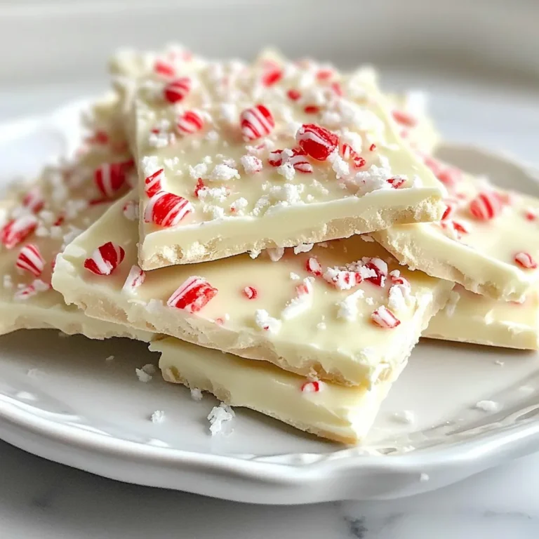To make white chocolate peppermint bark, gather these key ingredients: - 12 ounces high-quality white chocolate, chopped - 1/2 cup crushed peppermint candies or crushed candy canes - 1/4 teaspoon peppermint extract - A pinch of sea salt You can add these optional ingredients for extra flair: - 2 ounces dark chocolate for a drizzle Here are some tools you will need: - Baking sheet - Parchment paper - Heatproof bowl - Microwave or double boiler - Offset spatula - Fork or piping bag (if using dark chocolate) These ingredients and tools make it easy to create a festive treat! Enjoy the process and have fun in your kitchen. {{ingredient_image_2}} Start by preparing your baking sheet. Line it with parchment paper. Make sure it’s smooth. This step stops the bark from sticking. It also makes cleanup much easier. You want a nice, even surface for the bark. Now it’s time to melt the white chocolate. Place 12 ounces of chopped chocolate in a heatproof bowl. You can use a microwave or a double boiler. For the microwave, heat it in 30-second bursts. Stir well after each time. Keep heating until it’s smooth. If you’re using a double boiler, let the steam gently melt the chocolate. Once melted, take it off the heat. Stir in 1/4 teaspoon of peppermint extract. This adds a nice minty flavor to your chocolate. Next, fold half of the crushed peppermint candies into the melted chocolate. Make sure they mix well. Reserve the rest for later. Pour the chocolate mixture onto the prepared baking sheet. Use an offset spatula to spread it evenly. Aim for a thickness of about 1/4 inch. Now, sprinkle the remaining crushed peppermint candies on top. This adds a festive look. If you want to use dark chocolate, melt 2 ounces for drizzling. Drizzle it over the bark for a special touch. Place the baking sheet in the fridge. Let it chill for 1-2 hours. This helps the bark set and become crisp. Once set, peel the bark off the parchment. Break it into irregular pieces. This gives it a rustic look. For extra flavor, sprinkle a pinch of sea salt on top. Enjoy your delicious white chocolate peppermint bark! To get that perfect bark texture, start with high-quality white chocolate. This makes a big difference. When melting, use low heat. If the chocolate gets too hot, it can seize up. Stir it often for a smooth finish. After mixing in the crushed peppermint candies, spread the mixture evenly. A thickness of about 1/4 inch works best. This ensures it sets well and is easy to break into pieces. One common mistake is overcooking the chocolate. Always melt it slowly. If using a microwave, heat it in short bursts. Another mistake is not using enough peppermint extract. This can make your bark taste bland. Also, don’t skip the sea salt garnish. It balances the sweetness perfectly. Lastly, avoid adding too many toppings, which can make the bark messy and hard to break. You can enhance flavor in many ways. Try adding a splash of vanilla extract along with the peppermint. This creates a warm background note. If you love chocolate, drizzle melted dark chocolate on top. It adds richness and contrast. For an extra twist, mix in tiny bits of orange zest. This gives a unique holiday flavor. Have fun with it and make it your own! Pro Tips Use High-Quality Chocolate: The flavor and texture of your bark will depend largely on the quality of the chocolate you choose. Opt for a premium white chocolate for the best results. Chill Faster with a Cold Surface: If you're in a hurry, place the baking sheet on a cold surface or in a cooler area of your kitchen to expedite the chilling process. Customize Your Flavors: Feel free to experiment with different extracts such as vanilla or almond, or add other toppings like nuts or dried fruits for a unique twist on the classic recipe. Keep It Fresh: Store your peppermint bark in an airtight container at room temperature for up to two weeks to maintain its flavor and texture. Refrigeration can cause it to become too hard. {{image_4}} You can switch up the chocolate in your bark. While white chocolate shines here, you can use dark or milk chocolate. Dark chocolate gives a rich and bold taste. Milk chocolate adds sweetness and creaminess. You can even layer different chocolates for a beautiful look. Feel free to play with add-ins! Try nuts like almonds or pistachios for crunch. Dried fruits like cranberries or cherries add a chewy texture. You can also mix in cookie crumbs for extra flavor. These additions make your peppermint bark unique and fun. You can give your bark a seasonal twist. For Halloween, add orange zest or colored sprinkles. For Easter, use pastel-colored candies. In summer, swap peppermint for citrus flavors like lemon or orange. Each season can inspire a new version of this treat. To keep your white chocolate peppermint bark fresh, store it in an airtight container. Choose a cool, dry place away from direct sunlight. If you want to keep it for longer, the fridge works well too. Just make sure it is well wrapped to avoid moisture. When stored properly, the bark stays fresh for about two weeks at room temperature. If you refrigerate it, it can last up to a month. Always check for any signs of spoilage, like a change in smell or texture. You can freeze white chocolate peppermint bark if you want to keep it for longer. Wrap it tightly in plastic wrap and then place it in a freezer-safe bag. It can last up to three months in the freezer. When you're ready to enjoy it, thaw it in the fridge overnight. This way, it stays fresh and tasty when you take it out. Yes, you can use other chocolates! Dark chocolate works great as a base. You can also try milk chocolate for a sweeter taste. If you mix chocolates, layer them for a fun look. Just remember that each type melts differently. To get a shiny finish, you need to temper the chocolate. This means heating it to a specific temperature, then cooling it down. For white chocolate, heat it to about 110°F, then cool it to 90°F. This helps the chocolate look glossy and smooth. Also, let it cool at room temperature instead of the fridge. You can store leftover bark in an airtight container. It will stay fresh for up to two weeks. If you have too much, consider using it in desserts. Chop it up and add it to brownies or ice cream. You can also gift it to friends or family! We covered all the key parts to make great peppermint bark. You learned about the main ingredients, optional add-ins, and equipment needed. The step-by-step instructions showed how to prepare, melt chocolate, and assemble your treat. I provided tips for the perfect texture and ways to enhance flavor. You also discovered fun variations and storage tips. Now, with this knowledge, you can create your own tasty peppermint bark. Enjoy the process!