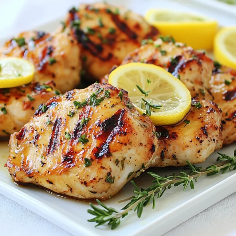 To make Lemon Herb Grilled Chicken, you need these main ingredients: - 4 boneless, skinless chicken breasts - 1/4 cup freshly squeezed lemon juice - 1/4 cup extra virgin olive oil - 3 cloves garlic, finely minced - 2 tablespoons fresh rosemary, finely chopped - 2 tablespoons fresh thyme, finely chopped - 1 teaspoon sea salt - 1/2 teaspoon freshly ground black pepper - Zest of 1 lemon These ingredients bring a bright and fresh taste to your chicken. The lemon juice adds tang, while the herbs give a lovely aroma. You will need some basic tools to prepare this dish: - A spacious mixing bowl - A whisk for mixing the marinade - A resealable plastic bag or shallow dish for marinating - A grill for cooking the chicken - A meat thermometer to check the chicken's doneness Having these tools ready makes the cooking process smooth and easy. You can also try these optional ingredients for extra flavor: - A pinch of red pepper flakes for heat - Honey for a touch of sweetness - Fresh parsley for garnish These additions can enhance the taste and look of your Lemon Herb Grilled Chicken. Experiment and find what you like best! {{ingredient_image_2}} To start, gather your ingredients. You need fresh lemon juice, olive oil, garlic, rosemary, thyme, sea salt, black pepper, and lemon zest. In a large bowl, mix these ingredients. Whisk them well until combined. This marinade will bring great flavor to your chicken. Next, take your chicken breasts and place them in a resealable bag or a shallow dish. Pour the marinade over the chicken. Make sure each piece is covered well. Seal the bag or cover your dish. Now, let it sit in the fridge for at least 30 minutes. For even better taste, marinate for up to 4 hours. This step helps the chicken soak up all the delicious flavors. When you are ready to grill, heat your grill to medium-high. Remove the chicken from the marinade. Let any extra marinade drip off before placing it on the grill. Discard the leftover marinade to keep things safe. Grill the chicken for about 6-7 minutes on each side. You want it to reach an internal temperature of 165°F (75°C). Once done, take it off the grill and let it rest for 5 minutes. This helps keep the chicken juicy. Serve it warm, garnished with lemon slices and fresh herbs. Enjoy your flavorful and juicy meal! To grill chicken perfectly, preheat your grill to medium-high heat. This step is vital. A hot grill gives you nice grill marks and a great sear. Place the chicken on the grill and avoid moving it too much. Let it cook for 6-7 minutes on each side. This ensures even cooking and keeps the juices inside. Always check the internal temperature. It should reach 165°F to be safe to eat. To get the best flavor, use fresh herbs and lemon juice. Fresh rosemary and thyme add a nice touch. Don’t skip the lemon zest; it boosts the citrus taste. Marinate the chicken for at least 30 minutes, but 4 hours is even better. This time allows the flavors to soak in deeply. Always discard any leftover marinade to stay safe. To keep the chicken juicy, let it rest after grilling. Rest the chicken for 5 minutes before cutting it. This time allows the juices to settle back into the meat. Cutting too soon can let the juices run out. If you follow these tips, you will enjoy a flavorful and juicy meal. Pro Tips Marinate Longer for Flavor: The longer you marinate the chicken, the more flavorful it will be. Aim for at least 2 hours for the best results. Check the Grill Temperature: Ensure your grill is preheated properly to avoid sticking and to achieve perfect grill marks. Let it Rest: Allowing the chicken to rest after grilling helps retain its juices, making it more tender and flavorful. Use a Meat Thermometer: To ensure food safety, use a meat thermometer to check that the internal temperature reaches 165°F (75°C). {{image_4}} You can mix and match herbs to change the flavor. Try using fresh basil or parsley instead of rosemary. Oregano also adds a nice twist. Each herb brings its own taste. Feel free to use dried herbs if fresh ones are hard to find. Just remember, dried herbs are stronger, so use less. Switching up the marinade can lead to new flavors. Instead of lemon juice, try lime juice for a zesty kick. You can also add honey for a sweet touch. For a spicy option, mix in some red pepper flakes. Experimenting with different oils, like sesame oil, can also change the taste. Grilling is great, but there are other ways to cook the chicken. You can bake it in the oven at 375°F (190°C) for about 25-30 minutes. This keeps the chicken juicy and tender. Another option is pan-searing in a skillet with a little oil. This method gives a nice crust while keeping the inside moist. You can even use an air fryer for a quick and healthier option, cooking at 360°F (180°C) for 15-18 minutes. To store leftover Lemon Herb Grilled Chicken, let it cool to room temperature. Place the chicken in an airtight container. Keep it in the fridge for up to three days. Make sure it’s sealed well to avoid drying out. When you are ready to eat, you can reheat the chicken. Use a microwave for quick warming. Heat it in short bursts, about 30 seconds at a time. You can also use an oven. Set it to 350°F (175°C) and warm the chicken for about 10-15 minutes. Cover it with foil to keep it moist. If you want to keep the chicken longer, freeze it. Wrap each piece tightly in plastic wrap. Then place them in a freezer bag. Squeeze out as much air as possible. The chicken can stay in the freezer for up to three months. When ready to eat, thaw it in the fridge overnight before reheating. Yes, you can use bone-in chicken. Bone-in chicken adds more flavor and moisture. Adjust the grilling time to ensure it's cooked through. Aim for an internal temperature of 165°F (75°C) to stay safe. The bone can help keep the meat juicy during cooking. Just be aware that bone-in cuts may take longer to cook. Lemon Herb Grilled Chicken pairs well with many dishes. Here are some great sides: - Grilled vegetables like zucchini and bell peppers. - A fresh salad with mixed greens and lemon vinaigrette. - Garlic mashed potatoes or roasted potatoes for comfort. - Quinoa or rice for a healthy grain option. These sides balance the chicken's bright flavors and create a full meal. For the best flavor, marinate the chicken for at least 30 minutes. If you have more time, marinate for up to 4 hours. This longer time allows the herbs and lemon to penetrate the meat deeply. Avoid marinating for over 4 hours, as the acidity can change the texture. In this post, we explored the key ingredients for Lemon Herb Grilled Chicken, including main ingredients, kitchen tools, and optional extras. I shared step-by-step instructions for making the perfect marinade, marinating the chicken, and grilling it to perfection. With tips on grilling, flavor, and juicy results, you can elevate your cooking skills. We also discussed variations and storage tips. You now have all you need for a delicious meal. Try this recipe and enjoy every bite!