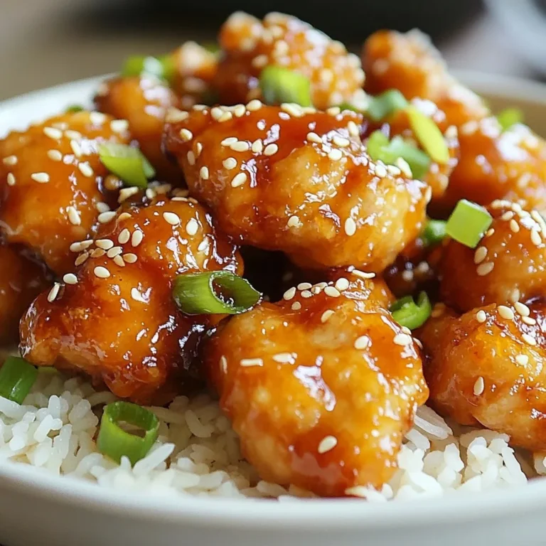 To make sticky honey sesame chicken, you need these core items: - 1 pound boneless, skinless chicken thighs, cut into bite-sized pieces - 1/4 cup honey - 3 tablespoons low-sodium soy sauce - 1 tablespoon rice vinegar - 1 tablespoon sesame oil - 2 cloves garlic, finely minced - 1 teaspoon fresh ginger, finely minced - 2 tablespoons cornstarch - 1 tablespoon vegetable oil - 1/4 cup sesame seeds - Salt and pepper to taste These ingredients create a sweet and savory flavor that makes this dish a favorite. For a pop of color and extra flavor, add these garnishes: - 2 green onions, sliced Green onions give a fresh crunch. They also brighten up the dish. To take your sticky honey sesame chicken to the next level, consider: - Red pepper flakes for heat - Vegetables like bell peppers or snap peas for added nutrition These options add depth and excitement to the meal. They also make your dish more colorful and fun to eat. {{ingredient_image_2}} To start, gather your ingredients. In a small bowl, mix the: - 1/4 cup honey - 3 tablespoons low-sodium soy sauce - 1 tablespoon rice vinegar - 1 tablespoon sesame oil - 2 minced cloves garlic - 1 teaspoon minced fresh ginger Whisk these together. Make sure the mix is smooth and well blended. This marinade is key for flavor. Next, take 1 pound of boneless, skinless chicken thighs. Cut them into bite-sized pieces. Place the chicken in a zip-top bag or a bowl. Pour the marinade over the chicken. Seal the bag or cover the bowl. Refrigerate for at least 30 minutes. For more flavor, marinate up to 2 hours. After marinating, take the chicken out. Let any extra marinade drip off. Sprinkle 2 tablespoons of cornstarch over the chicken. Toss it gently. Each piece should be lightly coated. This step will give you that crispy texture. Heat 1 tablespoon of vegetable oil in a large skillet over medium-high heat. When the oil is hot, add the coated chicken. Cook for about 5 to 7 minutes. Stir occasionally until the chicken turns golden brown and is cooked through. Now, carefully pour the remaining marinade into the skillet. Bring it to a simmer over medium heat. Let the sauce thicken for about 3 to 4 minutes. Stir often until it becomes sticky and glossy. Once thickened, sprinkle 1/4 cup of sesame seeds over the chicken. Toss to coat evenly. Cook for one more minute. This will toast the seeds and add flavor. Season with salt and pepper to taste. Serve hot, garnished with sliced green onions for a fresh touch. Enjoy your meal! To marinate chicken well, use a good mix of flavors. Start with honey, soy sauce, rice vinegar, sesame oil, garlic, and ginger. Combine these in a bowl. Whisk until smooth. Pour this mixture over the chicken pieces in a bag or bowl. Make sure all pieces are covered. Let it sit in the fridge for at least 30 minutes. You can even let it marinate for up to 2 hours for deeper flavor. For crispy chicken, coat your marinated pieces with cornstarch. This adds a crunchy layer. After marinating, shake off extra marinade. Sprinkle cornstarch over the chicken and toss gently. Heat vegetable oil in a skillet until it shimmers. Cook the chicken in small batches. This helps it brown evenly and stay crispy. To get the sauce just right, watch the cooking time. After cooking the chicken, pour the leftover marinade into the skillet. Bring it to a simmer. Stir it often for about 3-4 minutes. As it cooks, the sauce will thicken. For a thicker sauce, let it simmer longer. If it's too thick, add a splash of water or broth to loosen it. Pro Tips Marinate Longer for Flavor: For maximum flavor infusion, consider marinating the chicken for up to 2 hours. This allows the marinade to penetrate the meat fully, enhancing the overall taste. Perfectly Crispy Chicken: Make sure to shake off excess marinade before coating the chicken in cornstarch. This helps achieve that desired crispy texture without it becoming soggy. Adjust the Sweetness: Feel free to adjust the amount of honey based on your sweetness preference. If you like it sweeter, add a bit more honey, but be careful not to overpower the savory elements. Garnish for Visual Appeal: Garnishing with sliced green onions and extra sesame seeds not only adds freshness but also enhances the dish's presentation, making it more inviting. {{image_4}} You can make sticky honey sesame chicken healthier with a few swaps. Instead of using chicken thighs, opt for chicken breast. It has less fat and is leaner. You can also replace honey with agave syrup or maple syrup. These options are lower on the glycemic index. For a lighter sauce, use low-sodium soy sauce. This helps reduce salt intake without losing flavor. To add more nutrition, throw in some vegetables. Bell peppers, broccoli, or snap peas work great. Slice them thin and stir-fry them with the chicken. They add color and crunch. You can also add crushed red pepper for a spicy kick. This gives the dish a whole new layer of flavor. Sticky honey sesame chicken shines at many events. For a casual dinner, serve it with jasmine rice or quinoa. If you want a fancy touch, plate it on a bed of stir-fried veggies. You can also serve it at parties with toothpicks for easy eating. It’s perfect for game nights or family gatherings. Don’t forget to garnish with green onions for a pop of color! After enjoying your sticky honey sesame chicken, let it cool. Place leftovers in an airtight container. This keeps it fresh and tasty. Store it in the fridge for up to 3 days. If you want to save it longer, you can freeze it. To reheat the chicken, use a skillet or microwave. In a skillet, add a splash of water to keep it moist. Heat on low until warm. If using a microwave, cover it to trap steam. Heat in short bursts, stirring in between. This helps avoid dry chicken. If you plan to freeze, use a freezer-safe container. Make sure to label it with the date. You can freeze the chicken for up to 3 months. When ready to eat, thaw it overnight in the fridge. Then, reheat as directed above. This makes meal prep easy and gives you a quick meal option! If you need a soy sauce substitute, try tamari. It has a similar taste and is gluten-free. Coconut aminos is another choice. It is sweeter and milder. You can also use homemade soy sauce with water, molasses, and salt. Yes, you can use chicken breast. However, thighs are juicier and more tender. If you choose chicken breast, be careful not to overcook them. Cook just until they are no longer pink. This dish is not spicy at all. The garlic and ginger add flavor, but they do not bring heat. If you want a spicy kick, add red pepper flakes or sriracha to the marinade. Sticky Honey Sesame Chicken pairs well with jasmine rice or quinoa. You can also serve it with steamed veggies or a fresh salad. For extra crunch, sprinkle more sesame seeds on top. For the best flavor, marinate the chicken for at least 30 minutes. You can marinate it for up to 2 hours for an even richer taste. Do not marinate longer than that, as the chicken may become too soft. Sticky Honey Sesame Chicken is easy and fun to make. You learned about key ingredients to create the dish and how to prepare it step by step. We covered tips to help with marinating and achieving that crispy texture. Plus, there were ideas for tasty variations and storage methods. In the end, this dish is perfect for family meals or special occasions. With these simple recipes and tips, you can enjoy great flavor every time. Now, it’s time to cook and impress everyone with your skills!