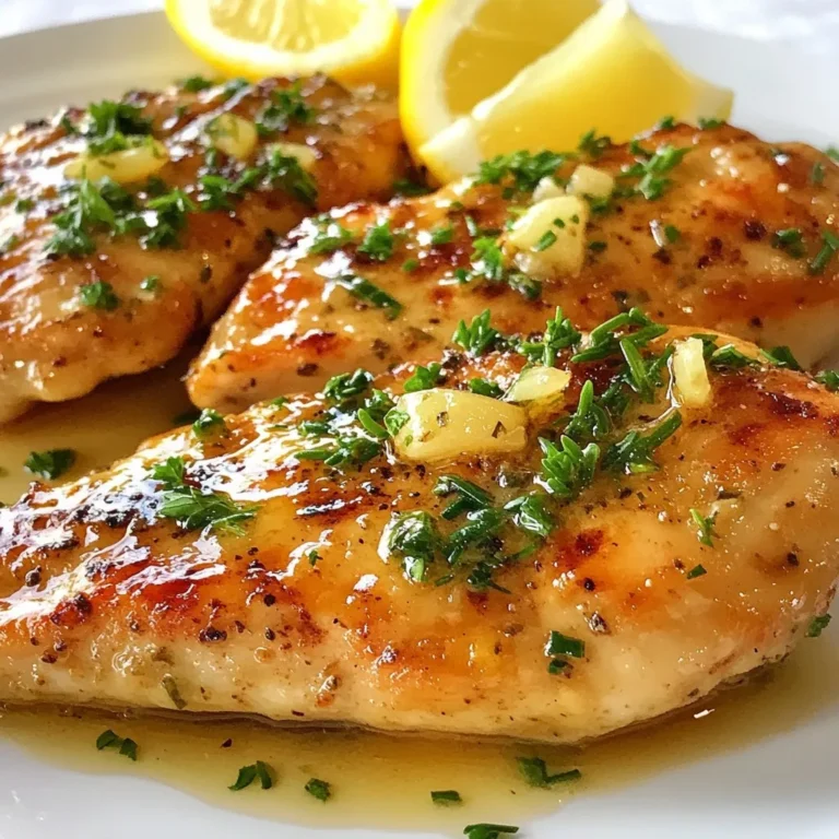 - 4 boneless, skinless chicken breasts - 1/2 cup unsalted butter, softened - 6 cloves garlic, finely minced - 2 tablespoons fresh parsley, finely chopped - 1 tablespoon fresh thyme, finely chopped - 1 tablespoon fresh rosemary, finely chopped - 1 teaspoon freshly grated lemon zest - Salt and freshly ground black pepper, to taste - 1/2 teaspoon red pepper flakes (optional, for heat) - Lemon wedges - Additional herbs for garnish The main ingredients for this dish include chicken breasts, butter, and fresh herbs. I prefer using boneless, skinless chicken breasts. They cook quickly and stay juicy. The unsalted butter gives a rich flavor, while the garlic adds a nice kick. Fresh herbs like parsley, thyme, and rosemary brighten the dish. You can chop them finely to mix easily into the butter. This mix creates a lovely herb butter that coats the chicken. For seasoning, lemon zest brings a fresh twist. A pinch of salt and black pepper enhances all the flavors. If you want some heat, add red pepper flakes. They are optional but add a bit of warmth. To serve, I suggest lemon wedges. They add brightness and flavor when squeezed on the chicken. You can also sprinkle extra herbs on top for a beautiful presentation. {{ingredient_image_2}} Start by mixing the softened butter with garlic and herbs. In a medium bowl, combine 1 stick of unsalted butter, 6 minced cloves of garlic, 2 tablespoons of chopped parsley, 1 tablespoon of thyme, and 1 tablespoon of rosemary. Add 1 teaspoon of lemon zest, along with salt and pepper to taste. If you like heat, stir in 1/2 teaspoon of red pepper flakes. Mix until it’s smooth and fragrant. Set this aside for later. Preheating the oven is key for great chicken. Set your oven to 375°F (190°C) before you start cooking. A hot oven helps the chicken cook evenly. Dry the chicken breasts well. Use paper towels to pat them dry; this step helps you get a nice sear. Generously season both sides with salt and black pepper. This simple step brings out the chicken's flavor. After searing, it’s time to add the herb butter. In a large, oven-safe skillet, melt 2 tablespoons of the herb butter over medium-high heat. Sear the chicken for 4-5 minutes on each side until golden brown. Once browned, reduce the heat and spoon the remaining herb butter over the chicken. Then, transfer the skillet to the preheated oven. Bake for 20-25 minutes. The chicken is done at 165°F (75°C). Let the chicken rest after baking. Remove it from the oven and let it sit in the herb butter for 5 minutes. This resting time allows the juices to stay inside the chicken, making it juicy and full of flavor. Plating is part of the fun! Place the chicken breasts on a plate and drizzle any leftover herb butter over them. For a fresh touch, add lemon wedges and sprigs of herbs on the side. This makes the dish look nice and taste even better. To get a golden-brown crust on your chicken, start with dry chicken breasts. Pat them with paper towels to remove moisture. This helps the chicken sear nicely. Then, heat a skillet over medium-high heat. Add butter and wait until it sizzles. Carefully place the chicken in the skillet. Cook for 4-5 minutes on each side. Look for a rich, golden color. Temperature control is key. Keep the heat steady. If it’s too high, the outside burns. If it’s too low, the chicken won’t brown. Adjust as needed for best results. Garlic and herbs bring amazing flavor to your chicken. You can switch up the herbs based on what you like. Basil or oregano are great choices. For a twist, add a splash of balsamic vinegar or honey. These options can change the taste profile. If you want more heat, add extra red pepper flakes. A splash of lemon juice can brighten up the dish too. Experiment with different seasonings to find your favorite mix. One common mistake is forgetting to season your chicken well. Always use salt and pepper generously. This makes a big difference in taste. Another mistake is not resting the chicken after cooking. Let it sit for about five minutes after baking. This allows the juices to settle, keeping the meat juicy and tasty. Don't skip this step; it’s important for a great meal! Pro Tips Use High-Quality Butter: For the best flavor, opt for high-quality unsalted butter. It enhances the richness of the garlic herb mixture and elevates the overall taste of the dish. Let the Chicken Rest: After baking, allow the chicken to rest in the skillet for a few minutes. This helps the juices redistribute, making the chicken more tender and juicy. Experiment with Herbs: Feel free to mix and match your favorite herbs. Basil, oregano, or even dill can add unique flavors to the garlic herb butter, customizing the dish to your liking. Check for Doneness: Always use a meat thermometer to ensure chicken is cooked to a safe internal temperature of 165°F (75°C). This guarantees the chicken is juicy and perfectly done. {{image_4}} You can make this dish with turkey or pork instead of chicken. Turkey breasts work well, but they may need a bit more time to cook. If you use pork, go for boneless chops. Adjust the cooking time based on thickness. Generally, turkey takes about 25-30 minutes, while pork may need 20-25 minutes. Always check the internal temperature. It should be 165°F (75°C) for safety. Feel free to switch up the herbs in this recipe. Basil, oregano, or dill can add a fun twist. You can also add citrus like lime or orange zest for a bright flavor. If you want more spice, try adding paprika or cumin. Mixing in different spices can create a unique taste. Don’t hesitate to experiment with what you have on hand! You can grill or bake this dish. Grilling gives a smoky taste, while oven-baking keeps it juicy. If you choose to grill, cook on medium heat for about 6-7 minutes per side. You can also use an Instant Pot or slow cooker. For the Instant Pot, cook on high pressure for 8-10 minutes, then let it naturally release. If using a slow cooker, set it on low for about 4-6 hours. Each method offers a different flavor and texture, so pick what suits your style! To freeze cooked chicken, first let it cool down. Place the chicken in an airtight container or freezer bag. Remove as much air as possible to prevent freezer burn. You can freeze the chicken for up to three months. When you’re ready to eat, just thaw it in the fridge overnight. Cool the chicken at room temperature for about 30 minutes. After that, store it in a shallow, airtight container. This helps keep it fresh. You can store the chicken in the fridge for up to four days. If you want to keep it longer, freezing is the better option. For reheating, use a microwave or oven. In the microwave, place the chicken on a plate, cover it with a damp paper towel, and heat it in short bursts. If using the oven, preheat it to 350°F (175°C). Bake the chicken until it reaches 165°F (75°C). Avoid overcooking to keep it juicy. The best way to check if chicken is done is by measuring its internal temperature. You want the chicken to reach 165°F (75°C) to ensure it is safe to eat. For accurate measurement, use a meat thermometer. Insert it into the thickest part of the chicken, avoiding the bone. This tool helps you know exactly when your chicken is perfect. Yes, you can make the herb butter ahead of time. When stored in the fridge, it lasts about one week. If you want it to last longer, freeze it. Just scoop it into ice cube trays or wrap it in parchment paper. This way, you can easily use it later in many dishes! Garlic herb butter chicken goes well with many sides. Here are some great options: - Roasted vegetables like broccoli or carrots - Mashed potatoes for a creamy touch - Rice pilaf to soak up the butter - Fresh salad with greens and a light vinaigrette For a colorful plate, mix and match these options! This blog post details how to prepare a delicious garlic herb butter chicken. We covered the ingredients, which include chicken, butter, herbs, and spices. We discussed step-by-step instructions for making the dish, from preparing the herb butter to serving suggestions. Tips and tricks helped avoid common mistakes and enhance flavors. Finally, we explored variations with other proteins and storage options. Remember, cooking is about creativity. Use these guidelines to make the dish your own. Enjoy every bite!