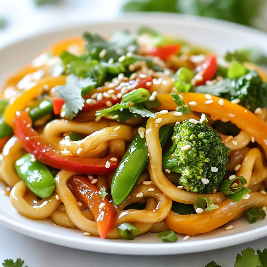 - Fresh udon noodles (400g) - Vegetable oil (3 tablespoons) - Garlic (4 cloves, finely minced) - Ginger (1 inch piece, finely minced) - Red bell pepper (thinly sliced) - Yellow bell pepper (thinly sliced) - Broccoli florets (1 cup) - Snap peas (1 cup) - Soy sauce (3 tablespoons) - Chili paste (1 tablespoon, adjust for spice) - Sesame oil (1 tablespoon) - Garnishes (sesame seeds, fresh cilantro) The ingredients for the Spicy Garlic Udon Stir Fry are simple yet powerful. Fresh udon noodles give this dish a chewy texture that is hard to beat. Using vegetable oil helps to stir-fry the garlic and ginger perfectly. I love adding garlic and ginger because they bring strong flavors to the dish. The colorful vegetables, like bell peppers, broccoli, and snap peas, not only look good but add crunch and nutrition. The bell peppers add sweetness, while broccoli and snap peas bring freshness. For seasonings, soy sauce gives a salty kick. Chili paste allows you to control the heat. Sesame oil adds a nutty flavor that ties everything together. Lastly, sesame seeds and fresh cilantro are perfect garnishes. They add a nice touch to the final dish and look lovely. Overall, these ingredients blend well, creating a tasty and satisfying meal. You can mix and match veggies if you want! {{ingredient_image_2}} - Cook noodles according to package instructions. - Drain and keep warm. Cooking udon noodles is easy. Follow the package instructions carefully. Fresh noodles cook quickly, usually in just a few minutes. After they are tender, drain them well. Place them in a large bowl to keep warm while you prepare the stir fry. This way, they won’t stick together. - Heat vegetable oil and sauté garlic and ginger. - Add bell peppers, broccoli, and snap peas. Now, let's heat vegetable oil in a large wok or a skillet. Use medium-high heat until the oil shimmers. Then, add minced garlic and ginger, sautéing them for about 30 seconds. This will make your kitchen smell amazing! Next, toss in the sliced bell peppers, broccoli florets, and snap peas. Stir-fry these veggies for about 4-5 minutes. You want them to be bright and crisp. - Mix udon noodles with vegetables and sauces. - Continue cooking for textured finish. Once your veggies look great, it’s time to add the cooked udon noodles. Pour in the soy sauce, chili paste, and sesame oil. Toss everything well. Make sure the noodles are coated nicely with the sauce and mixed with the vegetables. Cook for another 3-4 minutes. This will let the flavors come together and give the noodles a nice crisp at the bottom if you like that texture. Finally, gently fold in the chopped green onions for flavor. Enjoy your beautiful, colorful dish! To make your dish shine, adjust the heat with chili paste. Start with one tablespoon, then taste it. If you want more heat, add a bit more. This lets you control the spice to your liking. When sautéing garlic, avoid burning it. Heat your pan over medium heat. Add the garlic after the oil is hot but not smoking. Stir it quickly, just until it’s fragrant. This keeps the flavor fresh and bright. For tender-crisp vegetables, stir-fry them quickly. Cook them for about 4-5 minutes. You want them bright and slightly firm. This keeps them colorful and full of nutrients. To achieve slightly crispy noodles, let them sit for a bit in the pan. After adding the noodles, let them cook undisturbed for a minute. This will help them crisp up on the bottom. For a beautiful plate, serve your stir fry in shallow bowls. Arrange the colorful veggies and noodles artfully. This makes the dish look inviting and delicious. Drizzle a little extra sesame oil over the top. This adds shine and a rich flavor. Garnish with sesame seeds and fresh cilantro for a pop of color. It makes your dish not just tasty, but also pleasing to the eye. Pro Tips Fresh Noodles are Key: Using fresh udon noodles elevates the dish with a delightful chewy texture. If using dried noodles, ensure they are cooked al dente for the best results. Adjust Spice Level: The amount of chili paste can be tailored to your preference. Start with less if you're unsure, and add more to taste. Don’t Overcrowd the Pan: Stir-frying works best in smaller batches. If your wok or skillet is too crowded, the ingredients will steam instead of fry, losing that crispy texture. Garnish for Flavor: Fresh cilantro and sesame seeds not only add color but also enhance the flavor profile of the dish. Don’t skip this step for a complete taste experience! {{image_4}} You can add protein to your Spicy Garlic Udon Stir Fry. Chicken, shrimp, or tofu work great. If you choose chicken or shrimp, cut them into bite-sized pieces. Marinate the protein in soy sauce and a bit of chili paste. This adds flavor. Cook the protein first, then add the veggies and noodles. Tofu can be cubed and sautéed until golden. It absorbs flavors well. Feel free to swap in different vegetables. Carrots, zucchini, or mushrooms can add variety. You can also use seasonal veggies for freshness. In spring, try asparagus or snap peas. In fall, use butternut squash or kale. The key is to choose veggies that cook quickly. This keeps them vibrant and crunchy. If you need gluten-free options, you can use rice noodles or gluten-free udon. Check the labels on your noodles. Make sure they are certified gluten-free. For sauces, use tamari instead of soy sauce. Tamari has a similar taste but is gluten-free. This way, everyone can enjoy the dish. To store your Spicy Garlic Udon Stir Fry, place it in an airtight container. Let the dish cool before sealing. Keep it in the refrigerator. Your leftovers will stay fresh for about 3 to 4 days. When reheating, use the stove or microwave. On the stove, add a splash of water or broth. Stir over low heat to warm it up. In the microwave, cover the bowl with a damp paper towel to keep moisture. This helps prevent the noodles from becoming soggy. If you want to freeze the stir fry, let it cool completely. Portion it out in freezer-safe bags or containers. Squeeze out as much air as possible. It can stay frozen for up to 3 months. To thaw, place it in the fridge overnight. Reheat on the stove or microwave as described above. This keeps the flavors fresh and delicious. The spice level in this dish can vary. You control the heat by adjusting the chili paste. If you want it mild, use less. If you crave more heat, add more chili paste. The garlic and ginger also add flavor without extra spice. This makes it great for everyone. Yes, you can use dried udon noodles. Dried noodles can be more convenient. They store longer and can be found in many stores. However, fresh udon noodles have a better texture. They are softer and chewier. If you use dried, make sure to cook them well. Follow the package instructions for the best results. This dish pairs well with many sides. You can serve it with: - Steamed dumplings - A simple green salad - Miso soup - Edamame These sides balance flavors and add variety to your meal. Enjoy exploring different combinations! This blog post covered how to make a Spicy Garlic Udon Stir Fry. We discussed fresh ingredients like udon noodles, colorful veggies, and flavorful seasonings. I shared tips on cooking techniques, presentation, and storage. Remember, you can adjust the spice level to your taste. Try adding your favorite proteins or veggies. This dish is not only tasty but also easy to customize and store. Enjoy your cooking adventure with this simple yet delicious meal!