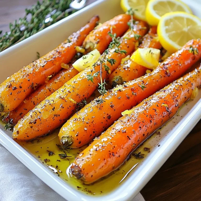 To make Lemon Thyme Roasted Carrots, you need a few simple ingredients. Here’s the list: - 1 pound baby carrots, thoroughly washed and peeled - 2 tablespoons extra virgin olive oil - Zest of 1 medium-sized lemon - 2 tablespoons freshly squeezed lemon juice - 1 tablespoon fresh thyme leaves - 2 tablespoons honey (optional, enhances sweetness) - Salt and freshly cracked black pepper Each ingredient brings its own flavor. The carrots provide sweetness and crunch. The olive oil adds richness. Lemon zest and juice give a bright, tangy taste. Fresh thyme brings a lovely herbal note. Honey, if used, boosts sweetness. Salt and pepper enhance all the flavors. This dish is not only tasty but also simple. You can find these ingredients at any grocery store. Fresh herbs and vegetables make a big difference. Always choose the freshest carrots you can find. They are the star of this recipe! {{ingredient_image_2}} Start by preheating your oven to 400°F (200°C). This step is key for roasting. A hot oven helps the carrots cook evenly and get that nice caramelization. In a large mixing bowl, add 2 tablespoons of extra virgin olive oil. Then, add the zest of one medium lemon and 2 tablespoons of freshly squeezed lemon juice. Toss in 1 tablespoon of fresh thyme leaves. If you want more sweetness, add 2 tablespoons of honey. Season with salt and freshly cracked black pepper. Whisk everything until it blends well. Now, take your washed and peeled baby carrots and place them in the bowl. Toss the carrots gently with the marinade. Make sure every carrot is coated and glistening with flavor. Prepare a baking sheet by lining it with parchment paper. Spread the carrots in a single layer on the sheet. This helps them roast evenly. Place the baking sheet in the oven and roast for 20-25 minutes. Stir the carrots halfway through to ensure they caramelize nicely. They should be tender and have a slight golden color. After roasting, take the sheet out of the oven. Let the carrots cool for a moment. Then, transfer them to your serving dish. For a lovely touch, drizzle some extra lemon juice and sprinkle more thyme leaves on top. You can even add a few lemon wedges for a splash of color. Enjoy your delicious Lemon Thyme Roasted Carrots! To get the best roasted carrots, start by preheating your oven to 400°F (200°C). This heat helps the carrots caramelize nicely. Use a single layer on your baking sheet. This ensures even cooking. Stir the carrots halfway through roasting. This will help them brown evenly. Aim for a tender center and a golden outside. You can try different herbs to change the taste. Rosemary or oregano can add a new twist. If you like heat, a pinch of red pepper flakes can spice things up. For a touch of sweetness, try maple syrup instead of honey. Don’t forget to adjust the salt and pepper to match your new flavors. Lemon thyme roasted carrots look great on any table. Serve them on a nice platter for a pop of color. Drizzle extra lemon juice on top for zing. Adding fresh thyme leaves gives a bright touch. Pair these carrots with grilled chicken or fish for a balanced meal. They also go well with a fresh salad for a light side dish. Pro Tips Choose Fresh Carrots: Opt for vibrant, firm baby carrots to ensure the best flavor and texture in your dish. Adjust Sweetness: If you prefer a sweeter taste, feel free to increase the amount of honey in the marinade. Experiment with Herbs: Try substituting thyme with other herbs like rosemary or parsley for a unique twist on the flavor. Serve Warm: For the best taste experience, serve the roasted carrots warm, right after they come out of the oven. {{image_4}} You can easily change the dish by using other veggies. Try using parsnips, sweet potatoes, or beets. Each adds unique flavors and colors. Just cut them to match the size of the baby carrots. Roast them the same way as the carrots. You will enjoy how the flavors blend. This recipe is already vegan and gluten-free with minor tweaks. Simply leave out the honey. You can use maple syrup for sweetness if desired. The rest of the ingredients are safe for vegan diets. This dish fits well into many meal plans. Feel free to switch out the thyme if you want. Oregano, rosemary, or even dill work well. Each herb brings its own taste to the dish. You can also add garlic for a bolder flavor. Just chop a few cloves and mix them in with the marinade. After enjoying Lemon Thyme Roasted Carrots, you might have some left. Store them in an airtight container. Keep the container in the fridge. They stay fresh for about 3 to 5 days. If you want to keep them longer, consider freezing. To reheat, you have a few options. The best way is to use the oven. Preheat it to 350°F (175°C). Place the carrots on a baking sheet. Cover them with foil to prevent drying out. Heat for about 10-15 minutes. You can also use a microwave. Place carrots in a bowl and cover. Heat for 1-2 minutes, checking often. Freezing is a great way to save this dish for later. First, let the carrots cool completely. Then, pack them in a freezer-safe bag or container. Remove as much air as possible to avoid freezer burn. They can last 2-3 months in the freezer. When ready to eat, thaw them in the fridge overnight before reheating. Yes, you can use regular carrots. Just cut them into similar-sized pieces. This helps them roast evenly. Baby carrots are sweeter and cook faster. But regular carrots work well too. Just adjust the roasting time if needed. If you want a vegan option, use maple syrup or agave nectar. Both provide sweetness without using honey. They blend well with the lemon and thyme flavors. You can also skip sweeteners for a more savory dish. Carrots are done when they are tender and slightly golden. A fork should easily pierce them. Check around 20 minutes of roasting time. Stir the carrots halfway through for even cooking. Yes, you can prepare the carrots ahead of time. You can coat them in the marinade and store them in the fridge. Just roast them when you're ready to serve. They taste best fresh, but you can reheat them. These carrots go nicely with roasted chicken or fish. They also complement grain bowls or salads. For a full meal, serve them with quinoa or couscous. Their bright flavors add a great touch to any dish. In this blog post, we explored how to make delicious Lemon Thyme Roasted Carrots. We covered the ingredients, simple steps, and helpful tips to enhance your dish. You can customize the recipe with different veggies and flavors. Storing leftovers is easy, too. Remember, experimentation makes cooking fun. Enjoy your tasty carrots and impress your family and friends with your skills!