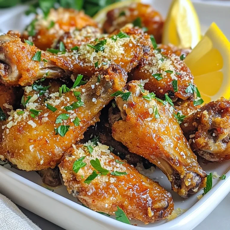 - 2 lbs chicken wings - 3 tablespoons olive oil - 4 cloves garlic, minced - 1 teaspoon dried oregano - 1 teaspoon paprika - 1 teaspoon salt - 1/2 teaspoon black pepper - 1 cup grated Parmesan cheese - 2 tablespoons fresh parsley, chopped (for garnish) - Optional: lemon wedges for serving For the best air fryer garlic Parmesan wings, start with fresh chicken wings. You can use frozen wings, but thaw them first. The olive oil gives the wings a nice crisp. Minced garlic adds great flavor. Dried oregano and paprika spice things up. Salt and black pepper bring balance to the dish. Grated Parmesan cheese is key. It melts slightly and adds a rich taste. For garnish, fresh parsley brightens the look and flavor. Lemon wedges are optional, but they add a nice zing when served alongside the wings. These simple ingredients come together to create a delicious dish you’ll love. {{ingredient_image_2}} Start with the chicken wings. Drying them well is key. Use paper towels to pat them dry. This step removes moisture. Less moisture means crispier wings. If you skip this, you will end up with soggy wings. So, take your time here. Now, let's make the marinade. In a big bowl, whisk these together: - 3 tablespoons olive oil - 4 cloves garlic, minced - 1 teaspoon dried oregano - 1 teaspoon paprika - 1 teaspoon salt - 1/2 teaspoon black pepper Mix until everything combines well. This mix will coat the wings and add great flavor. You can taste a little to check the seasoning. If it needs more salt or spice, add it now. Preheat your air fryer to 400°F (200°C). This step is important. It helps make the wings crispy. Let it heat for about 5 minutes. Once hot, place the wings in the fryer basket. Lay them in a single layer. This helps them cook evenly. Set the timer for 25-30 minutes. Flip the wings halfway through cooking. This ensures both sides get brown and crispy. When done, they should look golden and tempting. To make your wings truly crispy, drying them is key. After washing, I pat the chicken wings dry with paper towels. This step removes moisture that can make the wings soggy. Air circulation also plays a big role in crispiness. Make sure to arrange the wings in a single layer in the air fryer basket. For the best flavor, I recommend marinating the wings for at least 15 minutes. This short time helps the seasonings soak in without making the wings too wet. You can even marinate them longer if you want a stronger taste. These garlic Parmesan wings shine with the right dips and sides. For dips, I love serving them with ranch or blue cheese sauce. A fresh side salad can balance the meal, too. When plating, I arrange the wings in a circle on a large platter. This looks great and makes it easy for guests to grab one. I also add lemon wedges in the center for a pop of color and a zesty touch. This simple trick makes your dish look more inviting and delicious. Pro Tips Pat Dry for Crispiness: Make sure to thoroughly pat the chicken wings dry before marinating. This helps achieve a crispy texture when air frying. Let Them Marinate: Allowing the wings to marinate for at least 15 minutes enhances their flavor and tenderness. For an even deeper flavor, consider marinating for a few hours in the refrigerator. Single Layer Cooking: Arrange the wings in a single layer in the air fryer basket. This ensures even cooking and prevents steaming, leading to better crispiness. Cheese While Hot: Toss the wings with Parmesan cheese immediately after they come out of the air fryer. The heat from the wings helps the cheese melt and adhere better. {{image_4}} You can easily change the flavor of your wings. Adding different spices can make a big difference. Try using cayenne pepper for heat or smoked paprika for a smoky taste. You can also add a teaspoon of garlic powder for a stronger garlic flavor. Using different cheeses can also change the taste. If you want a sharper flavor, try using aged cheddar. For a milder option, mozzarella is a great choice. Mixing these cheeses with Parmesan can create a unique flavor blend that your guests will love. You can choose between baking and air frying. Baking wings takes longer but is easy. You just need to keep an eye on them to avoid burning. Air frying is faster and gives wings a crispier texture. The hot air circulates around the wings, making them golden brown. You can also grill these wings for a smoky flavor. Just place the marinated wings on a hot grill. Cook them for about 20 minutes, turning often. This method adds a great char and a nice outdoor vibe to your meal. To keep your wings fresh, cool them down first. Let them sit at room temperature for about 30 minutes. Then, place the wings in an airtight container. This helps prevent moisture from ruining their texture. For best results, store them in the fridge. They will last for up to three days. If you're making a big batch, consider using a deep freezer for longer storage. Just make sure to wrap them tightly in freezer-safe bags or containers. When it's time to enjoy your leftovers, reheating is key. The best method is using the air fryer. Preheat it to 350°F (175°C) and cook the wings for about 5 to 7 minutes. This will help restore their crispiness. Avoid using a microwave for reheating. It can make the wings soggy. Instead, if you must use the oven, bake at 350°F (175°C) for about 10-15 minutes. This method also helps keep them crispy while warming them through. Yes, you can use frozen wings. Just make sure to thaw them first. Thawing helps them cook evenly. You can place them in the fridge overnight or use the microwave. If you use frozen wings, increase the cooking time by about 5-10 minutes. Check for doneness with a meat thermometer; it should reach 165°F (74°C). To add some heat, you can mix in cayenne pepper or red pepper flakes. Start with a small amount and taste as you go. You could also use hot sauce in the marinade for a spicy kick. Another option is to serve the wings with a spicy dipping sauce like buffalo sauce or sriracha. Garlic parmesan wings taste great with many sauces. Here are some popular choices: - Ranch dressing - Blue cheese dressing - Honey mustard sauce - Spicy buffalo sauce If you want to make a quick dipping sauce, mix sour cream with a little garlic powder and lemon juice. This gives a nice balance to the wings. You learned how to make tasty chicken wings step-by-step. We covered ingredients, cooking methods, and plenty of helpful tips. You can make these wings your own by choosing different flavors and cooking styles. Storing and reheating them also keeps them delicious. I hope you feel ready to make your next batch. Enjoy each crispy bite!