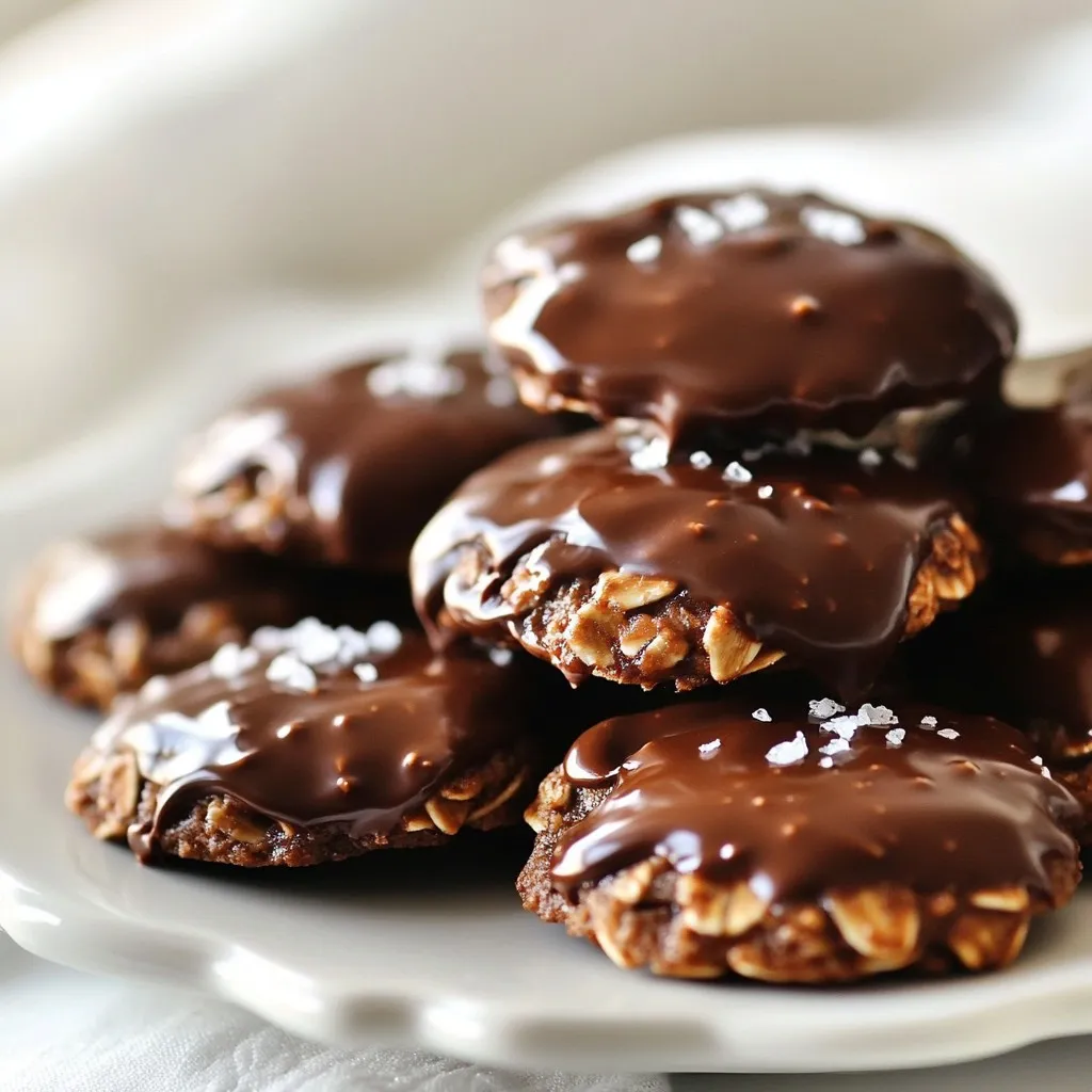 To make no-bake chocolate oatmeal cookies, you need simple ingredients. Here’s what you will need: - 1 cup quick oats - 1/2 cup unsweetened cocoa powder - 1/2 cup natural peanut butter (or almond butter) - 1/4 cup honey (or maple syrup) - 1/2 cup brown sugar, packed - 1/4 cup unsweetened almond milk (or regular milk) - 1 teaspoon pure vanilla extract - 1/4 teaspoon salt - Optional: chocolate chips or chopped nuts Each ingredient plays an important role. The oats give the cookies their chewy texture. The cocoa powder adds a rich chocolate flavor. Peanut butter offers creaminess and protein. Honey or maple syrup brings sweetness. Brown sugar adds depth and moisture. Almond milk keeps everything smooth. Vanilla extract enhances the flavor, and salt balances it all. Feel free to customize! You can add chocolate chips or nuts for extra crunch. These cookies are easy to make and fun to eat. Enjoy the process of mixing and creating your tasty treats! {{ingredient_image_2}} 1. Combine sugar, cocoa, and milk Start by grabbing a medium saucepan. Add 1/2 cup brown sugar, 1/2 cup cocoa powder, and 1/4 cup almond milk. Stir these together well until mixed. 2. Boil and mix in peanut butter Place the saucepan on medium heat. Stir constantly until the mixture begins to boil gently. Let it boil for about 1 minute. After a minute, take it off the heat. Then, mix in 1/2 cup peanut butter and 1 teaspoon vanilla extract. Blend until it looks smooth. 3. Incorporate oats and optional ingredients Now, add 1 cup of quick oats to the chocolate mix. Stir well to coat all the oats. If you want, you can fold in 1/4 cup of chocolate chips or chopped nuts for extra crunch and flavor. 4. Shape cookies on parchment Line a baking sheet with parchment paper. Use a spoon or cookie scoop to drop spoonfuls of the mixture onto the paper. Shape each cookie with your hands or the back of the spoon to make them round. After you shape the cookies, refrigerate them for at least 30 minutes. This helps them set and firm up nicely. Enjoy your no-bake chocolate oatmeal cookies! To make your no-bake chocolate oatmeal cookies just right, focus on their texture. The oats should be chewy, while the chocolate mixture needs to be smooth. If your cookies are too dry, add a splash more almond milk. For a gooier cookie, you can mix in a bit more peanut butter. Adjusting the sweetness is also key. If you prefer less sweet cookies, cut back on the brown sugar. You can also swap honey with maple syrup for a milder taste. Adjust the amount based on your own sweet tooth. If you have dietary needs, substitutions can make these cookies fit your diet. For a nut-free option, use sunflower seed butter in place of peanut butter. For vegan cookies, use maple syrup and ensure your chocolate chips are dairy-free. How you present your cookies can make them even more special. After they set, arrange them on a nice plate. You can drizzle melted chocolate over the top for a fancy look. A sprinkle of flaky sea salt adds a touch of elegance. When serving at gatherings, stack the cookies in a tower or place them in a decorative jar. This gives guests a fun way to grab a treat. Pair them with a glass of milk or a cup of coffee for a delightful experience. Pro Tips Chill for Firmness: Ensure to refrigerate the cookies for at least 30 minutes. This helps them set properly and achieve the right texture. Mix It Up: Feel free to customize by adding different mix-ins like dried fruits, seeds, or flavored nut butters for unique variations. Perfect Portioning: Use a cookie scoop for even-sized cookies. This ensures they bake evenly and look more appealing. Storage Solutions: Store leftover cookies in an airtight container in the fridge for up to a week. They also freeze well for longer storage. {{image_4}} You can easily switch up the flavors in your no-bake chocolate oatmeal cookies. Try adding spices to give them a fun twist. Cinnamon adds warmth, while espresso powder gives a rich coffee flavor. Just a pinch can make a big difference! You can also use different nut butters. If you want a nut-free option, sun butter works well. Each nut butter brings its own unique taste. Almond butter gives a sweet, nutty flavor, while peanut butter adds a classic touch. If you follow a vegan diet, you can make simple changes. Instead of honey, use maple syrup. It adds sweetness without animal products. Make sure to check that your nut butter is also vegan. For gluten-free cookies, use certified gluten-free oats. Oats can sometimes be processed with gluten, so this matters. This way, you can enjoy your treat without worry. To keep your no-bake chocolate oatmeal cookies fresh, store them in an airtight container. This helps keep moisture out and maintains their chewy texture. You can layer the cookies with parchment paper to avoid sticking. If you want to freeze them, place the cookies in a single layer on a baking sheet first. After they freeze, transfer them to a freezer-safe bag. This method prevents them from sticking together. At room temperature, these cookies last about five days. They stay tasty and soft, perfect for a quick snack. If you refrigerate them, they can last up to two weeks. However, refrigeration can change their texture, making them a bit firmer. If you like them softer, enjoy them at room temperature! How do I make these cookies firmer? To make your cookies firmer, increase the amount of oats. You can also chill them longer in the fridge. If you want, add a bit more peanut butter or reduce the milk. Both help create a thicker texture. Can I use quick oats instead of rolled oats? Yes, you can use quick oats. They work just as well in this recipe. Quick oats absorb moisture faster and help the cookies set nicely. This makes them a great choice for no-bake cookies. What is the best way to melt chocolate for drizzling? The best way to melt chocolate is in a microwave-safe bowl. Heat it in short bursts of 15 seconds, stirring in between. This helps prevent burning. You can also melt it on a double boiler for more control. Can I use maple syrup instead of honey? Absolutely! Maple syrup is a great substitute for honey. It gives a nice flavor and keeps the cookies vegan. Just use the same amount as the honey called for in the recipe. Are these cookies suitable for kids? Yes, these cookies are perfect for kids! They are easy to make and fun to eat. They contain wholesome ingredients like oats and peanut butter. Just watch out for any nut allergies. You can make delicious cookies with simple ingredients and easy steps. We covered what you need, how to make them, and helpful tips for great results. Adjust ingredients to fit your taste or diet. Store them properly for freshness, so they last longer. I hope you feel inspired to bake and enjoy these tasty treats! Try different flavors or share them at your next gathering. Enjoy every bite!