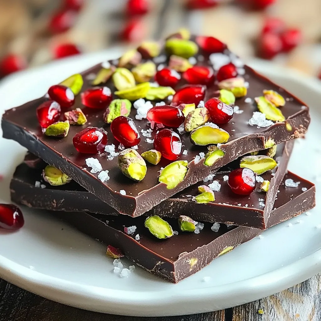 To make this tasty treat, you will need: - 1 cup dark chocolate chips (or vegan chocolate chips) - 1/2 cup fresh pomegranate seeds - 1/2 cup shelled pistachios, roughly chopped - 1 tablespoon coconut oil (optional) - 1/4 teaspoon flaky sea salt These main ingredients create a rich and crunchy bark. The dark chocolate gives a deep flavor. The pomegranate seeds add a burst of freshness. The pistachios provide a nutty crunch that balances everything. You can add your own twist to this bark. Here are some ideas: - A dash of cinnamon for warmth - A sprinkle of chili powder for a kick - Dried fruits like cranberries or apricots for extra sweetness Feel free to mix and match. Customization makes this treat your own. Try different toppings based on what you like! If you have dietary needs, there are great options. Here are substitutes you can use: - Use almond or sunflower seed butter instead of chocolate for a nut-free bark. - Swap pomegranate seeds for dried cherries or raisins if you can’t find them. - For a nut-free option, omit pistachios and use seeds like pumpkin or sunflower. These substitutes ensure everyone can enjoy this delicious bark. Just remember to keep it fun and simple! {{ingredient_image_2}} Line a baking sheet with parchment paper. Make sure the paper is smooth. This helps keep the chocolate from sticking. Secure the edges with tape if needed. A flat surface helps avoid any mess when pouring the chocolate. Grab a microwave-safe bowl. Add 1 cup of dark chocolate chips and 1 tablespoon of coconut oil if you want. Heat the bowl in the microwave. Use 30-second bursts to melt the chocolate. Stir well after each interval. Keep going until the chocolate is smooth and glossy. Do not overheat, or the chocolate will seize. Pour the melted chocolate onto the parchment paper. Spread it into an even rectangle, about 1/4 inch thick. While the chocolate is still warm, sprinkle 1/2 cup of chopped pistachios and 1/2 cup of fresh pomegranate seeds on top. Press them lightly into the chocolate. This helps them stick. Finish by sprinkling 1/4 teaspoon of flaky sea salt over the bark. Let it cool at room temperature for about 15 minutes. After that, move it to the fridge for 30 minutes to harden. Once set, break it into pieces. Enjoy your sweet treat! To melt chocolate well, use a microwave-safe bowl. Combine dark chocolate chips and coconut oil, if you like. Heat this mixture in short bursts of 30 seconds. Stir after each time. This helps the chocolate melt evenly. Watch closely to avoid burning. If the chocolate gets too hot, it may seize. Aim for a smooth, shiny texture. Sprinkle your toppings while the chocolate is still warm. This step is key! Press down gently on the pomegranate seeds and pistachios. This helps them stick firmly. If you wait too long, the chocolate will harden. You may lose the chance for a good bond. Store your Pomegranate Pistachio Bark in an airtight container. Keep it in the fridge to stay fresh. It will last up to two weeks. Make sure to layer pieces with parchment paper. This prevents them from sticking together. If you want to gift it, use a cute box or platter. Presentation adds to the fun! Pro Tips Use High-Quality Chocolate: The flavor of your bark depends greatly on the chocolate you use. Opt for high-quality dark chocolate for the best taste and texture. Chill the Ingredients: If your kitchen is warm, consider chilling the pomegranate seeds and pistachios before adding them to the chocolate. This helps prevent them from wilting and keeps the bark looking fresh. Experiment with Toppings: Feel free to get creative with toppings! Try adding dried fruits, nuts, or even a drizzle of white chocolate for added flavor and decoration. Store Properly: To keep your bark fresh, store it in an airtight container in the refrigerator. This helps maintain its crispiness and prevents it from absorbing any moisture. {{image_4}} You can switch up the chocolate for your bark. Dark chocolate is rich and bold. Milk chocolate adds a creamy touch. If you prefer, white chocolate offers sweetness. Each type changes the bark's taste and feel. Choose what you like best. Pomegranate seeds and pistachios are great, but you can add more! Try chopped almonds for crunch. Dried cranberries add a sweet twist. Toasted coconut gives a tropical vibe. You can even sprinkle some chili flakes for a spicy kick. Mix and match to make it your own! Want to boost the flavor? Add a splash of vanilla extract to the melted chocolate. A hint of orange zest brings bright notes. You can even mix in a dash of espresso powder for depth. These flavors will elevate your bark to a new level. Enjoy experimenting! To keep your Pomegranate Pistachio Bark fresh, place it in an airtight container. This helps prevent moisture and keeps the bark crisp. You can layer it between sheets of parchment paper. This keeps the pieces from sticking together. When stored properly, the bark lasts up to two weeks in the fridge. Check it for any signs of moisture or change in texture. If it looks dull or sticky, it might not taste as good. Always trust your senses. Use a glass or plastic container with a tight seal for the best results. Avoid using metal, as it can affect the taste. If you want to gift it, a decorative box works well. Just make sure it is lined with parchment paper. This keeps the bark safe and adds a nice touch. Yes, you can use white chocolate instead of dark chocolate. White chocolate gives a sweeter taste. It also adds a creamy texture. Just melt it the same way. The bark will still look pretty with bright red pomegranate seeds. Yes, Pomegranate Pistachio Bark can be vegan. Use vegan chocolate chips instead of dark chocolate. Check that all other ingredients are vegan too. The pomegranate and pistachios are vegan-friendly. This makes it a tasty treat for everyone! The bark takes about 45 minutes to set. First, let it cool at room temperature for 15 minutes. Then, place it in the fridge for about 30 minutes. This helps the chocolate harden properly. Once set, you can break it into pieces and enjoy! Pomegranate Pistachio Bark is fun and easy to make. You learned about key ingredients, like chocolate and toppings. You can customize it with options that fit your taste. The step-by-step guide helps get it right every time. Use tips for melting chocolate and storing your treat. Remember, variations let you try new flavors. This bark is tasty and allows for creativity. Enjoy making your own unique treats—each bite is sure to please!