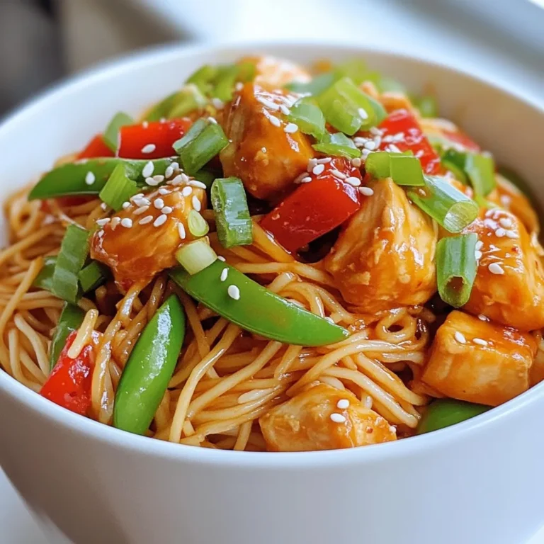 - 8 oz rice noodles - 1 lb boneless, skinless chicken breasts, thinly sliced - 2 tablespoons Sriracha sauce (adjust for desired spice level) - 1 tablespoon soy sauce - 1 tablespoon toasted sesame oil - 2 tablespoons vegetable oil - 1 red bell pepper, julienned - 1 cup snap peas, trimmed - 3 green onions, sliced diagonally - 2 cloves garlic, finely minced - 1 tablespoon fresh ginger, grated - Salt and pepper to taste - Toasted sesame seeds for garnish - Rice noodles: They form the base of the dish. They soak up flavors well and add a great texture. - Chicken breasts: The main protein source, adding heartiness and taste to your meal. - Sriracha sauce: This spicy sauce gives the dish its kick. You can adjust it to your taste. - Soy sauce: Adds depth and umami flavor, enhancing the overall taste. - Toasted sesame oil: This oil brings a nutty aroma and rich flavor, making the dish more complex. - Vegetables: Red bell pepper and snap peas add color, crunch, and nutrients. - Rice noodles: You can use egg noodles or whole wheat noodles if needed. - Chicken breasts: Chicken thighs work well and stay juicy. - Sriracha sauce: Chili garlic sauce or a milder hot sauce can be used instead. - Soy sauce: Tamari or coconut aminos are great gluten-free options. - Toasted sesame oil: Regular sesame oil or olive oil can substitute in a pinch. - Vegetables: Broccoli, carrots, or bell peppers can replace the snap peas. {{ingredient_image_2}} To cook rice noodles, start by boiling water in a large pot. Once the water bubbles, add your 8 ounces of rice noodles. Follow the package instructions and cook until they are al dente. This usually takes about 5-7 minutes. When they are done, drain the noodles and rinse them under cold water. This stops the cooking process and helps keep them from getting sticky. Set these noodles aside for later. Next, you need to prepare the chicken. Take 1 pound of boneless, skinless chicken breasts and slice them thinly. In a mixing bowl, combine the sliced chicken with 2 tablespoons of Sriracha sauce, 1 tablespoon of soy sauce, and 1 tablespoon of toasted sesame oil. Add a pinch of salt and pepper to taste. Mix everything well to ensure the chicken is coated evenly. Let it marinate for at least 10 minutes. This step adds a lot of flavor! Now, heat 2 tablespoons of vegetable oil in a large skillet or wok over medium-high heat. When the oil is hot, add the marinated chicken. Stir-fry the chicken for about 5-7 minutes. It should be golden brown and fully cooked. Once done, take the chicken out of the skillet and place it on a plate. In the same skillet, add a bit more vegetable oil if needed. Toss in 2 cloves of minced garlic and 1 tablespoon of grated ginger. Sauté them for about 30 seconds until they smell good. Then, add 1 red bell pepper and 1 cup of snap peas. Stir-fry these veggies for about 3-4 minutes. They should be tender but still crisp. Lower the heat to medium. Return the cooked chicken to the skillet along with the cooled rice noodles. Use tongs to gently toss everything together. Make sure the chicken and vegetables mix well with the noodles. Let the dish heat through for 2-3 more minutes. Stir gently to combine all the flavors. This final heating step makes sure every bite is delicious! To control the heat, start with just one tablespoon of Sriracha. Taste the dish after mixing. If you want more spice, add a bit more Sriracha. You can also add red pepper flakes for extra heat. For milder noodles, use less Sriracha or add a splash of coconut milk. This helps tone down the spice. Using the right oil can make a big difference. I recommend vegetable oil for its high smoke point. It can handle the heat without burning. You can also use peanut oil for a nutty flavor. If you want a healthier option, try avocado oil. It works well in high heat and adds a light taste. To keep chicken tender, slice it thinly against the grain. Marinating it in Sriracha and soy sauce adds flavor and moisture. Stir-fry the chicken on high heat for just enough time. Cook until it's golden brown but not dry. If you overcook it, the chicken can become tough. Always check for doneness to ensure it's juicy. Pro Tips Marinate for Flavor: Allowing the chicken to marinate for at least 10 minutes enhances the flavor. For best results, marinate for 30 minutes or longer in the refrigerator. Adjust Spice Level: The Sriracha sauce can be adjusted to your taste. Start with less if you're sensitive to spice and add more gradually while cooking. Use Fresh Ingredients: Fresh garlic and ginger make a significant difference in flavor. Always opt for fresh over pre-packaged versions for the best taste. Perfect Noodle Texture: Rinsing the cooked noodles under cold water stops the cooking process and prevents them from becoming mushy. Make sure they are al dente before draining. {{image_4}} You can easily make this dish vegetarian or vegan. Replace the chicken with tofu or tempeh. These options absorb flavors well. Use firm tofu and press it to remove excess water. Cut it into cubes and marinate it just like the chicken. For a vegan sauce, use a mix of Sriracha and a plant-based soy sauce. If you want to mix things up, try different sauces. You can swap Sriracha for chili garlic sauce for a different kick. Teriyaki sauce adds a sweet flavor. For a nutty taste, use peanut sauce instead. Each sauce brings its own twist and can change the dish's vibe. Feel free to play with vegetables. Broccoli, carrots, or bell peppers all work well. You can also add mushrooms for extra umami. Baby corn and bok choy add a nice crunch, too. Mix and match your favorites for a colorful plate. Using seasonal veggies can enhance taste and nutrition. Store your Spicy Sriracha Chicken Noodles in an airtight container. This keeps them fresh and tasty. Let them cool before sealing. You can keep leftovers in the fridge for up to three days. Use clear containers so you can see what’s inside. If you want to keep them longer, consider freezing. Reheating is simple. Use a microwave or a skillet. If you use a microwave, heat in short bursts. Stir after each burst to heat evenly. If using a skillet, add a splash of water to keep it moist. Heat over medium until warm, about 5-7 minutes. Make sure to stir often. To freeze, place the cooled noodles in freezer bags. Remove as much air as possible. This prevents freezer burn. Label the bags with the date. You can freeze them for up to three months. When ready to eat, thaw in the fridge overnight. Reheat as described above for best results. Yes, you can prepare this dish ahead of time. Cook the noodles and chicken separately. Store them in airtight containers in the fridge. When ready to eat, stir-fry the chicken and veggies, then add the noodles. This keeps everything fresh. You can serve this dish with: - Steamed broccoli - Crispy spring rolls - A simple cucumber salad - Extra Sriracha on the side These options add variety and balance the heat. Most Sriracha sauces are gluten-free. However, always check the label. Some brands may use soy sauce that contains gluten. Look for certified gluten-free options to be safe. To reduce the spice, use less Sriracha sauce. You can also add more noodles or vegetables to balance the heat. Adding a splash of coconut milk can also help tone down the spiciness. Adjust until it fits your taste! This blog post covered how to make Spicy Sriracha Chicken Noodles. We explored key ingredients and their roles, plus common substitutes. You learned step-by-step cooking tips, from rice noodles to marinated chicken. We discussed ways to adjust spice levels and what oils work best. Variations showed you how to make the dish vegetarian or vegan and use different veggies. Finally, you got storage tips for leftovers and answers to common questions. With these tools, you can enjoy a delicious meal tailored to your taste. Happy cooking!