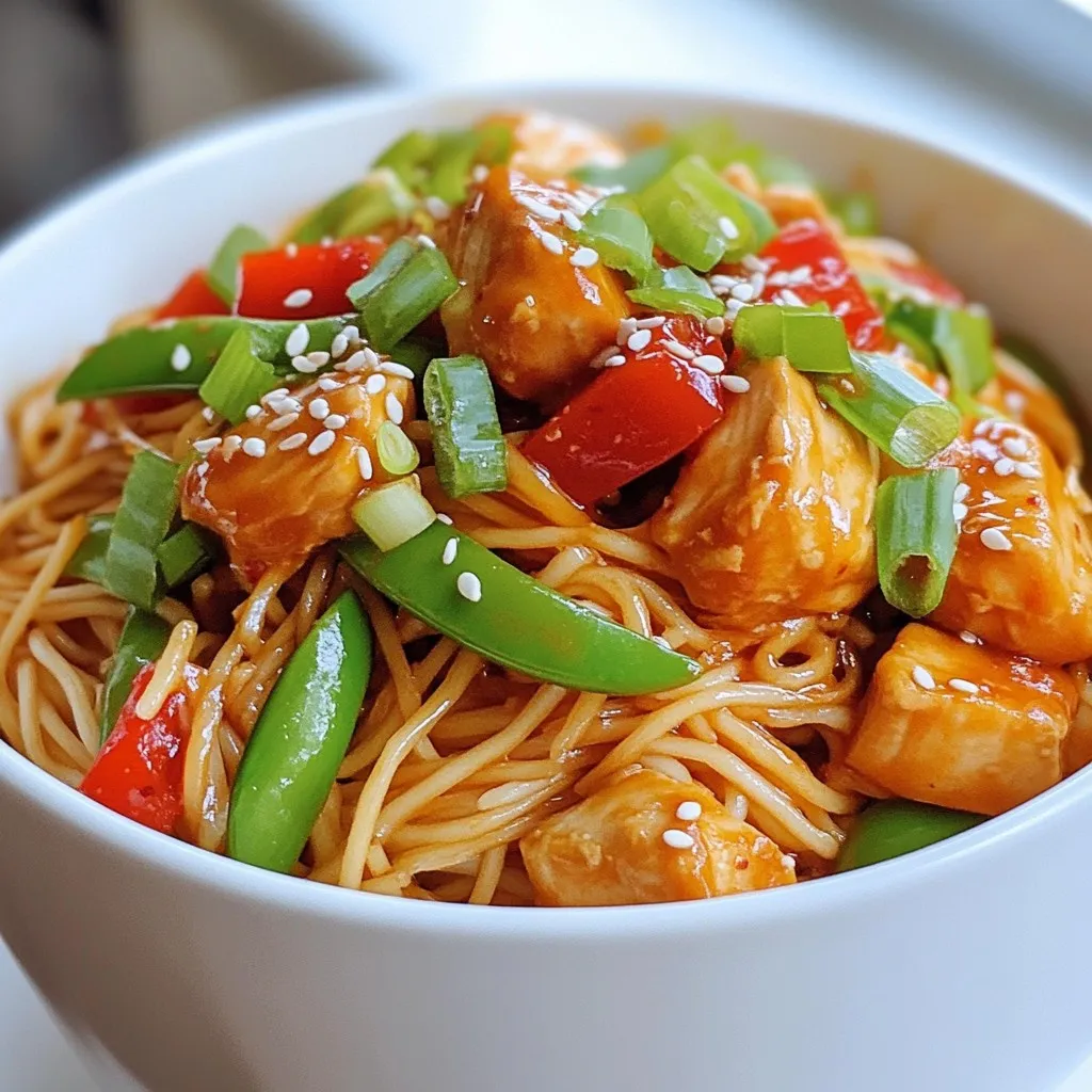 - 8 oz rice noodles - 1 lb boneless, skinless chicken breasts, thinly sliced - 2 tablespoons Sriracha sauce (adjust for desired spice level) - 1 tablespoon soy sauce - 1 tablespoon toasted sesame oil - 2 tablespoons vegetable oil - 1 red bell pepper, julienned - 1 cup snap peas, trimmed - 3 green onions, sliced diagonally - 2 cloves garlic, finely minced - 1 tablespoon fresh ginger, grated - Salt and pepper to taste - Toasted sesame seeds for garnish - Rice noodles: They form the base of the dish. They soak up flavors well and add a great texture. - Chicken breasts: The main protein source, adding heartiness and taste to your meal. - Sriracha sauce: This spicy sauce gives the dish its kick. You can adjust it to your taste. - Soy sauce: Adds depth and umami flavor, enhancing the overall taste. - Toasted sesame oil: This oil brings a nutty aroma and rich flavor, making the dish more complex. - Vegetables: Red bell pepper and snap peas add color, crunch, and nutrients. - Rice noodles: You can use egg noodles or whole wheat noodles if needed. - Chicken breasts: Chicken thighs work well and stay juicy. - Sriracha sauce: Chili garlic sauce or a milder hot sauce can be used instead. - Soy sauce: Tamari or coconut aminos are great gluten-free options. - Toasted sesame oil: Regular sesame oil or olive oil can substitute in a pinch. - Vegetables: Broccoli, carrots, or bell peppers can replace the snap peas. {{ingredient_image_2}} To cook rice noodles, start by boiling water in a large pot. Once the water bubbles, add your 8 ounces of rice noodles. Follow the package instructions and cook until they are al dente. This usually takes about 5-7 minutes. When they are done, drain the noodles and rinse them under cold water. This stops the cooking process and helps keep them from getting sticky. Set these noodles aside for later. Next, you need to prepare the chicken. Take 1 pound of boneless, skinless chicken breasts and slice them thinly. In a mixing bowl, combine the sliced chicken with 2 tablespoons of Sriracha sauce, 1 tablespoon of soy sauce, and 1 tablespoon of toasted sesame oil. Add a pinch of salt and pepper to taste. Mix everything well to ensure the chicken is coated evenly. Let it marinate for at least 10 minutes. This step adds a lot of flavor! Now, heat 2 tablespoons of vegetable oil in a large skillet or wok over medium-high heat. When the oil is hot, add the marinated chicken. Stir-fry the chicken for about 5-7 minutes. It should be golden brown and fully cooked. Once done, take the chicken out of the skillet and place it on a plate. In the same skillet, add a bit more vegetable oil if needed. Toss in 2 cloves of minced garlic and 1 tablespoon of grated ginger. Sauté them for about 30 seconds until they smell good. Then, add 1 red bell pepper and 1 cup of snap peas. Stir-fry these veggies for about 3-4 minutes. They should be tender but still crisp. Lower the heat to medium. Return the cooked chicken to the skillet along with the cooled rice noodles. Use tongs to gently toss everything together. Make sure the chicken and vegetables mix well with the noodles. Let the dish heat through for 2-3 more minutes. Stir gently to combine all the flavors. This final heating step makes sure every bite is delicious! To control the heat, start with just one tablespoon of Sriracha. Taste the dish after mixing. If you want more spice, add a bit more Sriracha. You can also add red pepper flakes for extra heat. For milder noodles, use less Sriracha or add a splash of coconut milk. This helps tone down the spice. Using the right oil can make a big difference. I recommend vegetable oil for its high smoke point. It can handle the heat without burning. You can also use peanut oil for a nutty flavor. If you want a healthier option, try avocado oil. It works well in high heat and adds a light taste. To keep chicken tender, slice it thinly against the grain. Marinating it in Sriracha and soy sauce adds flavor and moisture. Stir-fry the chicken on high heat for just enough time. Cook until it's golden brown but not dry. If you overcook it, the chicken can become tough. Always check for doneness to ensure it's juicy. Pro Tips Marinate for Flavor: Allowing the chicken to marinate for at least 10 minutes enhances the flavor. For best results, marinate for 30 minutes or longer in the refrigerator. Adjust Spice Level: The Sriracha sauce can be adjusted to your taste. Start with less if you're sensitive to spice and add more gradually while cooking. Use Fresh Ingredients: Fresh garlic and ginger make a significant difference in flavor. Always opt for fresh over pre-packaged versions for the best taste. Perfect Noodle Texture: Rinsing the cooked noodles under cold water stops the cooking process and prevents them from becoming mushy. Make sure they are al dente before draining. {{image_4}} You can easily make this dish vegetarian or vegan. Replace the chicken with tofu or tempeh. These options absorb flavors well. Use firm tofu and press it to remove excess water. Cut it into cubes and marinate it just like the chicken. For a vegan sauce, use a mix of Sriracha and a plant-based soy sauce. If you want to mix things up, try different sauces. You can swap Sriracha for chili garlic sauce for a different kick. Teriyaki sauce adds a sweet flavor. For a nutty taste, use peanut sauce instead. Each sauce brings its own twist and can change the dish's vibe. Feel free to play with vegetables. Broccoli, carrots, or bell peppers all work well. You can also add mushrooms for extra umami. Baby corn and bok choy add a nice crunch, too. Mix and match your favorites for a colorful plate. Using seasonal veggies can enhance taste and nutrition. Store your Spicy Sriracha Chicken Noodles in an airtight container. This keeps them fresh and tasty. Let them cool before sealing. You can keep leftovers in the fridge for up to three days. Use clear containers so you can see what’s inside. If you want to keep them longer, consider freezing. Reheating is simple. Use a microwave or a skillet. If you use a microwave, heat in short bursts. Stir after each burst to heat evenly. If using a skillet, add a splash of water to keep it moist. Heat over medium until warm, about 5-7 minutes. Make sure to stir often. To freeze, place the cooled noodles in freezer bags. Remove as much air as possible. This prevents freezer burn. Label the bags with the date. You can freeze them for up to three months. When ready to eat, thaw in the fridge overnight. Reheat as described above for best results. Yes, you can prepare this dish ahead of time. Cook the noodles and chicken separately. Store them in airtight containers in the fridge. When ready to eat, stir-fry the chicken and veggies, then add the noodles. This keeps everything fresh. You can serve this dish with: - Steamed broccoli - Crispy spring rolls - A simple cucumber salad - Extra Sriracha on the side These options add variety and balance the heat. Most Sriracha sauces are gluten-free. However, always check the label. Some brands may use soy sauce that contains gluten. Look for certified gluten-free options to be safe. To reduce the spice, use less Sriracha sauce. You can also add more noodles or vegetables to balance the heat. Adding a splash of coconut milk can also help tone down the spiciness. Adjust until it fits your taste! This blog post covered how to make Spicy Sriracha Chicken Noodles. We explored key ingredients and their roles, plus common substitutes. You learned step-by-step cooking tips, from rice noodles to marinated chicken. We discussed ways to adjust spice levels and what oils work best. Variations showed you how to make the dish vegetarian or vegan and use different veggies. Finally, you got storage tips for leftovers and answers to common questions. With these tools, you can enjoy a delicious meal tailored to your taste. Happy cooking!