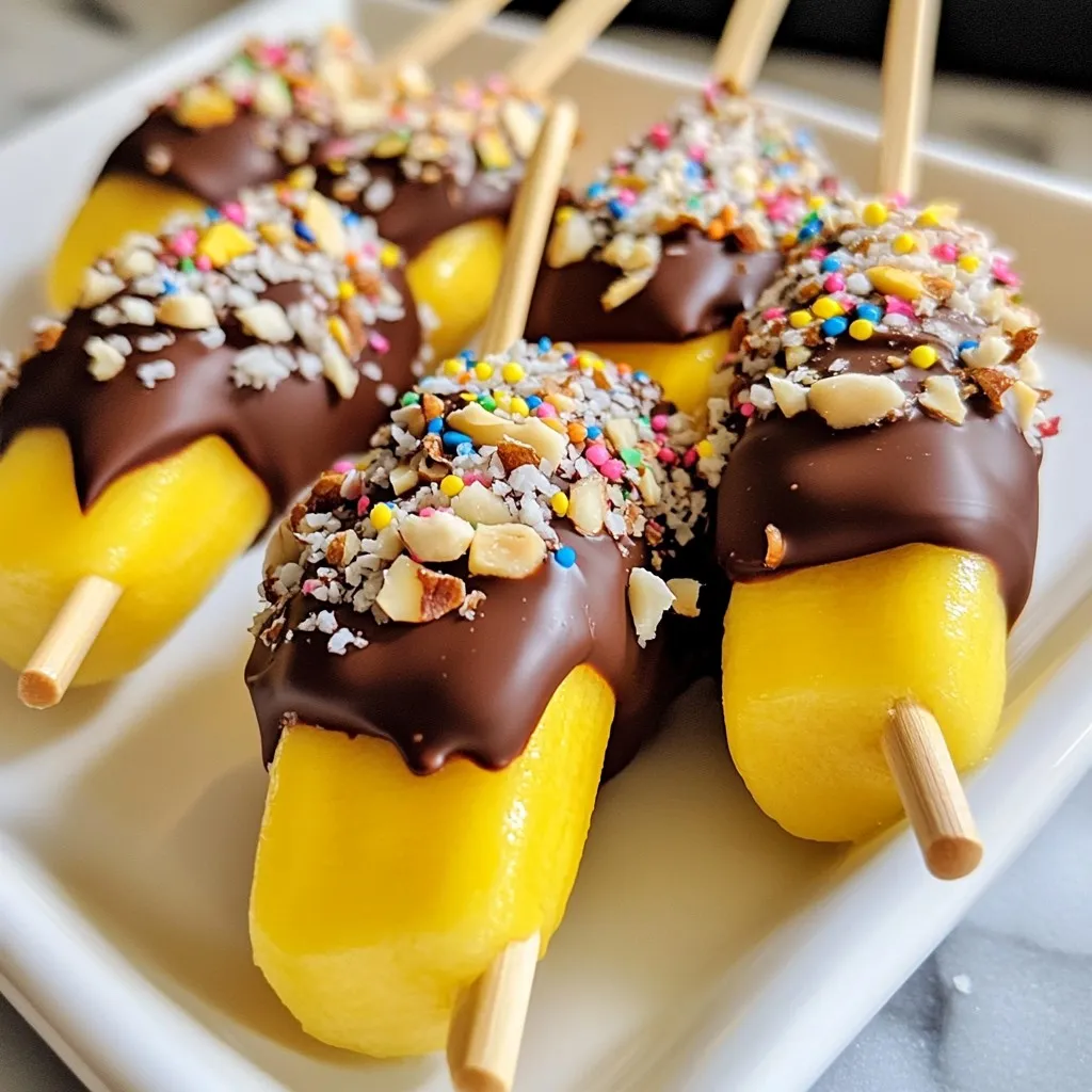 You need 2 ripe bananas for this treat. Ripe bananas are sweet and soft. They hold up well after freezing. Choose bananas that are slightly soft to the touch. Avoid bananas with dark spots. For the chocolate coating, use 1 cup of dark chocolate chips. This gives a rich flavor. Add 1 tablespoon of coconut oil. The oil helps the chocolate melt smoothly and coat better. - Crushed Nuts: Use 1/4 cup of crushed nuts. Almonds or walnuts work well. They add a nice crunch. - Shredded Coconut: Use 1/4 cup of shredded coconut for a tropical twist. This adds sweetness and texture. - Colorful Sprinkles (optional): Use 1/4 cup of colorful sprinkles for fun. They make your pops eye-catching and festive. - Wooden Popsicle Sticks: You need 4 wooden popsicle sticks. These help you hold the banana pops easily. With these simple ingredients, you can create a tasty and fun treat. Enjoy mixing flavors and textures to make your banana pops special! {{ingredient_image_2}} Start by peeling the bananas. Cut each banana in half. You will have four pieces total. Take a wooden popsicle stick and insert it into the cut end of each banana half. This makes them easy to hold. Place the banana pops on a baking sheet lined with parchment paper. This helps with cleanup later. Next, grab a microwave-safe bowl. Add the dark chocolate chips and coconut oil. Heat this mix in the microwave. Do this in 30-second intervals. Stir well after each interval. Keep heating until the chocolate is smooth and melted. It should have a nice velvety look. Now it’s time to coat the bananas. Dip each banana pop into the melted chocolate. Use a spoon if needed to help coat them evenly. Let any extra chocolate drip back into the bowl. Roll the chocolate-dipped pops in your choice of toppings. You can use crushed nuts, shredded coconut, or colorful sprinkles. This adds fun texture and flavor! Carefully place the coated banana pops back onto the baking sheet. Make sure they are spaced out. This prevents them from sticking together. Once all the pops are coated, put the baking sheet in the freezer. Let them chill for 1-2 hours. They are ready when the chocolate is firm and hard. Enjoy your tasty frozen treats right away! To melt chocolate well, start with dark chocolate chips. They melt smoothly and taste great. Mix the chips with a bit of coconut oil. This helps to keep the chocolate silky. Use a microwave-safe bowl for easy melting. Heat your chocolate in 30-second bursts. Stir after each time to avoid burning. Once melted, let it cool for a minute before dipping. This improves the coating on your banana pops. To coat your banana pops evenly, dip each one fully into the melted chocolate. Use a spoon to help cover all sides. Hold the banana pop over the bowl for a moment. Let excess chocolate drip back in. This step helps prevent thick spots. After coating, roll the banana pops in your choice of toppings quickly. This ensures they stick well while the chocolate is still wet. Serving your banana pops can be fun! Try using a decorative platter to show them off. You can also stand them upright in a glass filled with ice or rice. This keeps them from touching each other and makes a nice display. For extra flair, add a few fresh fruits or mint leaves around the pops. This adds color and freshness to your dessert table. Pro Tips Use ripe bananas: The riper the bananas, the sweeter and creamier they will be, enhancing the overall flavor of your pops. Melt chocolate properly: Be careful not to overheat the chocolate; stirring every 30 seconds helps maintain a smooth texture without burning. Experiment with toppings: Try different combinations of nuts, coconut, or sprinkles to find your favorite flavor pairings. Store carefully: To prevent the banana pops from sticking together, place parchment paper between layers if stacking in an airtight container. {{image_4}} You can make your banana pops even yummier! Try adding peanut butter or Nutella. Just spread a layer on the banana before dipping it. This adds a creamy twist. It also gives each bite a rich flavor. You can mix and match. Try almond butter or any nut spread you love. Get creative with toppings! You can use crushed cookies or seeds. Think about crushed Oreos or graham crackers for a fun crunch. Seeds like pumpkin or sunflower add a nice healthy touch. These toppings make your pops look and taste amazing. The options are endless! Want a healthier treat? Use dark chocolate alternatives. Dark chocolate has less sugar and more antioxidants. You can also try yogurt-based dips for a lighter option. This keeps the treat tasty but adds some nutrition. Enjoy your banana pops with less guilt! Store your chocolate covered banana pops in an airtight container. Keep them in the freezer. They will stay fresh for up to one week. If you plan to eat them soon, you can leave them out for a few minutes. This makes them easier to bite into. For longer storage, wrap each banana pop in plastic wrap or foil. This helps protect them from freezer burn. You can also place them in a freezer bag. Be sure to remove as much air as possible. This method keeps them tasty for up to two months. These pops are best enjoyed straight from the freezer. If you want to soften them a bit, let them sit at room temperature for a few minutes. Avoid using heat, as this can melt the chocolate. Enjoy your treat while it’s still cold and firm! To stop the chocolate from cracking, make sure to use coconut oil. Adding one tablespoon of coconut oil to your chocolate helps it stay smooth. When you melt the chocolate, do it in short bursts. Stir well after each 30 seconds in the microwave. This keeps the chocolate warm and smooth. Also, coat the bananas quickly and place them in the freezer right away. Yes, you can use milk chocolate or white chocolate. Both will taste great! Just follow the same steps as with dark chocolate. Melt them slowly in the microwave, stirring often. Each type of chocolate will give a different flavor and look. Milk chocolate is sweeter, while white chocolate is creamy and rich. Chocolate-covered banana pops last up to one week in the freezer. After freezing, place them in an airtight container. This keeps them fresh and tasty. If you leave them out, they will melt quickly. Enjoy them straight from the freezer for a cool treat! You can use many fruits for this recipe. Strawberries, pineapple, or apple slices work well. Just make sure the fruit is firm. Cut them into bite-sized pieces, and use the same steps for coating. Each fruit gives a unique taste and texture, making your pops fun and fresh! In this post, we covered making delicious chocolate-covered banana pops. We discussed ripe bananas, melting dark chocolate, and fun toppings. You learned easy steps to prepare, dip, and freeze your pops. I also shared tips for perfecting your chocolate melting and coating. Remember, you can get creative with flavors and toppings. Enjoy your tasty treats and impress your friends! You now have all the tools to make this simple and fun snack at home. So grab your ingredients and start creating your tasty banana pops today!