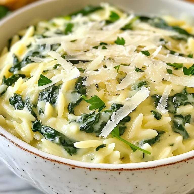 To make creamy spinach Parmesan orzo, you will need: - 1 cup orzo pasta - 2 cups fresh spinach, roughly chopped - 1 cup vegetable broth - 1 cup heavy cream - 1 cup freshly grated Parmesan cheese - 2 tablespoons extra virgin olive oil - 2 cloves garlic, finely minced - 1 teaspoon onion powder - ½ teaspoon freshly ground black pepper - Salt, to taste - Fresh parsley, finely chopped (for garnish) Here are the tools you will need: - Medium pot - Measuring cups - Measuring spoons - Wooden spoon or spatula - Knife and cutting board - Colander for draining Choosing the right ingredients makes a big difference. Here are some tips: - Orzo pasta: Look for a brand that uses high-quality durum wheat for the best texture. - Fresh spinach: Select bright green leaves that are firm and crisp. Avoid wilted or yellowed spinach. - Vegetable broth: Opt for low-sodium broth to control salt levels. Homemade broth adds more flavor. - Heavy cream: Choose a fresh product with a high fat content for creaminess. - Parmesan cheese: Always get freshly grated cheese. It melts better and tastes richer than pre-grated. - Garlic: Fresh garlic provides a stronger flavor. Look for firm bulbs without sprouting. These tips help ensure your creamy spinach Parmesan orzo is as tasty as possible! {{ingredient_image_2}} Start by boiling water in a medium pot. Use about 4 cups of salted water. Wait for it to boil. Once boiling, add 1 cup of orzo pasta. Cook it for 8-10 minutes. You want it to be al dente, not too soft. When done, drain the orzo and set it aside. This step is key for a perfect base. In the same pot, lower the heat to medium. Pour in 2 tablespoons of extra virgin olive oil. Let the oil warm up for a moment. Then, add 2 cloves of finely minced garlic. Sauté it for about 1 minute. Avoid browning the garlic, as it can taste bitter. Next, pour in 1 cup of vegetable broth. Let it simmer gently. After that, add 1 cup of heavy cream while stirring. This creates a rich base. Season it with 1 teaspoon of onion powder, ½ teaspoon of black pepper, and salt to taste. Finally, stir in 1 cup of freshly grated Parmesan cheese. Keep stirring until the cheese melts fully into the sauce. Once your sauce is creamy, add 2 cups of roughly chopped spinach. Stir it in for about 2-3 minutes. This step makes the spinach wilt and adds nutrition. Now, it's time to add the drained orzo back into the pot. Gently fold the orzo into the sauce. Make sure each piece is coated well. Taste it and adjust the seasoning if needed. After mixing, take the pot off the heat. Let it rest for a couple of minutes. This helps the dish thicken slightly before you serve it. Cooking orzo is simple. Start by boiling water. Use a pot with enough space. Add salt to the water. This helps the orzo taste better. Follow the package instructions for cooking time. Usually, it takes about 8-10 minutes. Stir the orzo often to prevent it from sticking. Once cooked, drain it right away. This keeps the orzo firm and tasty. To make your orzo creamy, use heavy cream. Adding it slowly helps it mix well. Stir as you add the cream. This keeps everything smooth. You can also add more cheese for a richer taste. Parmesan cheese melts well, making the dish even creamier. Herbs and spices make your meal shine. Try adding fresh basil or thyme for a fresh taste. Garlic adds depth, while onion powder gives a subtle sweetness. A pinch of nutmeg can add warmth, too. Don’t forget to taste as you go. Adjust salt and pepper to fit your liking. Fresh parsley on top adds color and flavor. Pro Tips Use Fresh Ingredients: Always opt for fresh spinach and high-quality Parmesan to enhance the overall flavor and nutritional value of your dish. Perfectly Cooked Orzo: Be careful not to overcook the orzo. Aim for al dente to ensure it retains a firm texture and doesn’t become mushy when mixed with the sauce. Customize Your Seasoning: Feel free to adjust the seasoning according to your taste. Adding a pinch of nutmeg can elevate the creaminess of the dish. Leftover Storage Tips: Store leftovers in an airtight container in the fridge. Reheat gently on the stove with a splash of broth or cream to revive the creamy texture. {{image_4}} You can boost the orzo's flavor by adding protein. Chicken works well. Cook it in the pot before adding garlic. Cut it into small pieces and sauté until golden. Shrimp is another tasty option. Just add it in when you cook the garlic. Cook it until it turns pink. Both options turn this creamy dish into a hearty meal. If you want a vegetarian version, skip the chicken or shrimp. Instead, try adding chickpeas or white beans. They add protein and fiber while keeping it filling. For a vegan twist, swap heavy cream for coconut milk or cashew cream. Use nutritional yeast instead of Parmesan for a cheesy taste. These swaps keep the dish light and creamy. Seasonal veggies can brighten up your orzo. In spring, add fresh peas or asparagus for a pop of color. In summer, try zucchini or bell peppers for a crunchy texture. Fall brings great options like butternut squash or kale. Just add them when you mix in the spinach. This way, your dish stays fresh and exciting all year round. To store leftovers, let the creamy spinach parmesan orzo cool down first. Once cooled, transfer it to an airtight container. Make sure to seal it tightly. Store it in the fridge for up to three days. This helps keep the flavor fresh and the texture nice. When you're ready to enjoy the leftovers, reheat the orzo on the stove. Add a splash of vegetable broth or cream to keep it creamy. Heat it over low heat, stirring often. This prevents sticking and helps warm it evenly. You can also use the microwave. Place it in a microwave-safe bowl, cover it, and heat in short bursts, stirring in between. If you want to save it longer, freezing is a great option. First, let the orzo cool completely. Then, portion it into freezer-safe bags or containers. Squeeze out as much air as you can before sealing. Label the bags with the date. You can freeze it for up to three months. To eat, thaw it in the fridge overnight. Reheat as mentioned earlier for the best taste! Yes, you can use other pasta types. Penne, fusilli, or even spaghetti work well. Just adjust the cooking time based on the pasta you choose. Follow the package instructions for best results. If you want a lighter option, try using half-and-half or whole milk. For a vegan choice, use coconut cream or cashew cream. These substitutes can change the taste a bit, but they will still give you a creamy texture. Creamy Spinach Parmesan Orzo lasts about 3 to 5 days in the fridge. Store it in an airtight container. Make sure to cool it down before putting it away. Reheat it gently on the stove or in the microwave. This blog covered everything you need to make a delicious orzo dish. We listed the ingredients, cooking tools, and tips to ensure you select the best items. I walked you through step-by-step instructions, from cooking the orzo to making a creamy sauce. You learned some great tips and tricks to perfect your dish. We also explored tasty variations, storage tips, and addressed common questions. Enjoy making this recipe and customize it to fit your taste! You’ll impress everyone with your cooking skills!