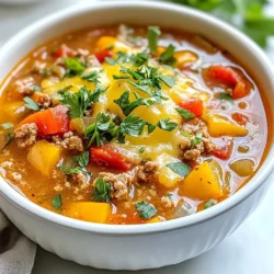 For this tasty soup, you need: - 1 lb ground turkey or beef - 1 large onion, diced - 2 cloves garlic, minced - 2 large bell peppers (any color), diced - 1 can (14.5 oz) diced tomatoes, with juice - 4 cups vegetable or chicken broth - 1 cup uncooked rice (white, brown, or cauliflower rice) - 1 tablespoon Italian seasoning - 1 teaspoon smoked paprika - Salt and pepper to taste These main ingredients give the soup its rich, hearty flavor. The meat adds protein, while the vegetables bring freshness and color. The tomatoes add a nice acidity, and the broth makes it warm and comforting. You can enhance the flavor with: - 1 cup shredded cheese (cheddar or mozzarella) for topping - Fresh parsley, chopped, for garnish (optional) Adding cheese gives a creamy texture, while parsley adds a pop of freshness. These options make each bowl even more delightful. To make your soup extra special, consider these toppings: - A swirl of cream for richness - Crusty bread on the side for dipping These toppings not only add flavor but also make the meal feel complete. Enjoy every spoonful! {{ingredient_image_2}} Start by setting your Instant Pot to Sauté mode. Add 1 pound of ground turkey or beef. Use a wooden spoon to break it apart. Cook for 5 to 7 minutes until it’s browned. If there is extra fat, drain it. This step gives your soup a great base. Next, add 1 large diced onion and 2 minced garlic cloves. Stir them for 2 to 3 minutes until the onion looks clear. The garlic will smell great. This mix adds depth to your soup's flavor. Now, add 2 large diced bell peppers to the pot. Sauté these for another 2 minutes. This helps blend their flavors with the meat and aromatics. After that, pour in 1 can of diced tomatoes, including the juice. Then, add 4 cups of vegetable or chicken broth. Next, mix in 1 cup of uncooked rice, 1 tablespoon of Italian seasoning, and 1 teaspoon of smoked paprika. Season with salt and pepper to taste. Stir everything well until combined. Close the Instant Pot lid and ensure the vent is sealed. Select the Manual or Pressure Cook setting. Set the timer for 10 minutes on high pressure. Once the cooking time is up, wait for a natural pressure release for 5 minutes. After that, do a quick release to let out any remaining steam. Always be careful when doing this. When the lid opens, stir the soup. Check if the rice is soft. If it needs more time, cover and let it sit for a few more minutes. Adjust the seasoning if needed. Ladle the soup into bowls. Top each serving with shredded cheese. Let it melt a bit. If you like, add chopped parsley for freshness. Enjoy this hearty meal! To make the best Instant Pot stuffed pepper soup, start with fresh ingredients. Fresh bell peppers add a sweet crunch. Use good quality ground turkey or beef for rich flavor. Adding garlic and onion enhances the taste. Don't skip the Italian seasoning; it ties everything together. Smoked paprika gives a lovely warmth, so be generous. Adjust salt and pepper to your liking. If you want heat, add red pepper flakes. One common mistake is overcooking the rice. Make sure to check it after cooking. If it isn’t soft yet, let it sit for a few minutes before serving. Another error is not sealing the pot properly. Always check the lid and vent before cooking. Using low-quality broth can dull the flavor. Choose a broth that has good taste. Lastly, don’t forget to taste and adjust seasoning before serving. Serve the soup hot in bowls. Top it with shredded cheese for extra creaminess. A sprinkle of fresh parsley adds a nice touch. Pair it with crusty bread for a complete meal. You can also serve it with a side salad for freshness. For a richer taste, swirl in some cream before serving. These simple additions make your meal more inviting and satisfying. Pro Tips Cook the Rice Separately: If you prefer a firmer texture, consider cooking the rice separately and adding it to the soup just before serving. Experiment with Spices: Feel free to adjust the spices according to your taste. Adding a pinch of red pepper flakes can give it a nice kick! Use Leftover Veggies: This recipe is a great way to clear out your fridge. Toss in any leftover vegetables you have on hand for added nutrition and flavor. Make it Creamy: For a creamier version, stir in a splash of heavy cream or a dollop of sour cream just before serving. {{image_4}} You can use either ground turkey or beef in this soup. Ground turkey is lean and great for a lighter meal. It brings a mild taste that lets other flavors shine. On the other hand, beef adds a rich, hearty flavor that many love. If you choose beef, make sure to drain extra fat after cooking. This little step keeps the soup from getting too greasy. Both options work well in this recipe, so pick what you like best. The rice you choose can change the soup's texture and taste. White rice cooks quickly and stays soft. It blends well with the soup, making it comforting. Brown rice is chewier and adds a nutty flavor. It takes longer to cook, so you might need to adjust the time. Cauliflower rice is a great low-carb option. It cooks fast and adds nutrients without extra carbs. All three choices are delicious, so feel free to experiment! You can easily make this soup vegetarian by swapping out the meat. Use canned beans like black beans or chickpeas for protein. They add fiber and make the soup filling. You can also add more veggies, like corn or zucchini, for extra flavor. Use vegetable broth instead of chicken broth to keep it vegetarian. This way, you can enjoy a tasty, hearty bowl without meat! Store any leftover soup in an airtight container. Place it in the fridge for up to three days. Make sure it cools down before sealing. If you have a large batch, consider dividing it into smaller portions. This makes it easier to grab a bowl when you're hungry. To reheat, pour the soup into a pot over medium heat. Stir it often to prevent sticking. Heat until just warm, about 5-10 minutes. You can also use the microwave. Place the soup in a microwave-safe bowl. Heat for 2-3 minutes, stirring halfway through. Add a splash of broth if it thickens too much. You can freeze the soup for up to three months. Use a freezer-safe container or zip-top bag. Leave some space at the top since the soup will expand as it freezes. When you’re ready to eat, thaw it overnight in the fridge. Reheat using the steps above for a quick meal. Yes, you can make this soup on the stovetop. Start by browning the meat in a large pot. Add the onions and garlic, then cook until soft. Next, stir in the bell peppers. Follow with the diced tomatoes, broth, and rice. Bring this mixture to a boil, then reduce heat and simmer for about 20 minutes. Check the rice for doneness before serving. This method gives you a similar tasty result. If you want to skip the rice, try quinoa or barley. Both grains provide a nice texture. You could also use riced cauliflower for a low-carb option. Just remember to adjust the cooking time if using quick-cooking grains. If you want a creamy soup, add some cream cheese or sour cream during cooking. This adds richness without the grains. This soup is mild but flavorful. The spices enhance the taste without being hot. If you like more heat, add crushed red pepper flakes or diced jalapeños. You can also use spicy sausage instead of ground turkey or beef. Just remember to taste as you go. You can always add more heat, but it’s hard to take it away once it’s in! This blog post covers how to make tasty Instant Pot stuffed pepper soup. We discussed ingredients, like meats and veggies, along with ways to boost flavor. I shared step-by-step cooking methods, tips for perfecting your soup, and ways to adapt the recipe. We also looked at how to store leftovers and answered common questions. With these insights, you can create a warm, hearty meal your family will love. Enjoy making this dish and feel proud of your cooking skills!