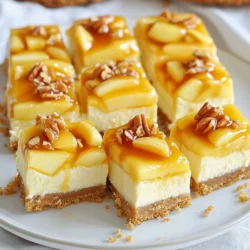 To make Caramel Apple Cheesecake Bars, gather these simple ingredients: - 1 ½ cups graham cracker crumbs - ½ cup unsalted butter, melted - 2 tablespoons granulated sugar - 8 oz cream cheese, softened - ½ cup granulated sugar - 2 large eggs - 1 teaspoon vanilla extract - 2 cups apples, finely chopped (Granny Smith or Honeycrisp work well) - ½ teaspoon ground cinnamon - ¼ teaspoon ground nutmeg - ½ cup caramel sauce (homemade or store-bought) - Chopped pecans or walnuts for topping (optional) You might want to add some fun toppings. Here are a few ideas: - Drizzle extra caramel sauce on top. - Sprinkle with chopped pecans or walnuts for a crunch. - Add a dusting of cinnamon for color and spice. - Serve with fresh apple slices for a pretty plate. If you need alternatives, I have some suggestions: - Use gluten-free graham crackers for a gluten-free crust. - Swap cream cheese with vegan cream cheese for a dairy-free option. - Replace granulated sugar with coconut sugar for a less processed sweetener. - Use different apples like Fuji or Gala for a sweeter flavor. These swaps keep your bars tasty while fitting your needs. {{ingredient_image_2}} Start by preheating your oven to 350°F (175°C). Grab a 9x9 inch baking pan. Lightly grease it and line it with parchment paper. Leave some paper hanging over the edges. This will help you lift the bars out later. In a medium bowl, mix 1 ½ cups of graham cracker crumbs, ½ cup of melted unsalted butter, and 2 tablespoons of sugar. Stir until the crumbs are coated. Press this mixture firmly into the bottom of your prepared pan. Bake it for 8-10 minutes, until it turns a light golden color. After baking, let it cool completely. In a large bowl, beat 8 oz of softened cream cheese with an electric mixer. Mix until it's smooth and creamy. Gradually add in ½ cup of sugar. Keep mixing until it’s well blended. Next, add 2 large eggs to the cream cheese mixture, one at a time. Mix well after each egg. Stir in 1 teaspoon of vanilla extract until everything is uniform. In another bowl, combine 2 cups of finely chopped apples, ½ teaspoon of cinnamon, and ¼ teaspoon of nutmeg. Gently fold this apple mix into the cream cheese mix. Pour the cheesecake mixture over the cooled crust. Spread it out evenly. Drizzle ½ cup of caramel sauce on top. Use a knife or toothpick to swirl it gently into the batter. Bake in the oven for 30-35 minutes. The center should jiggle slightly when done. Remove it and let it cool to room temperature. After that, chill it in the fridge for at least 4 hours. Once chilled, lift the bars out using the parchment paper and cut them into squares. Enjoy! To make these bars stand out, follow these tips: - Use fresh apples like Granny Smith or Honeycrisp. They add a nice crunch. - Soften cream cheese before mixing to ensure a smooth filling. - Mix gently when adding apples. This keeps them intact and gives a good texture. - Swirl caramel sauce lightly into the filling. This adds a sweet touch without losing the creaminess. Watch out for these common pitfalls: - Overbaking can lead to dry bars. Bake just until the center is set. - Not cooling the crust fully can make it soggy. Always let it cool. - Using too many apples can make the bars watery. Stick to two cups for the best balance. Great presentation makes these bars even more tempting. Here are some tips: - Serve on a nice platter. Drizzle extra caramel over the top. - Sprinkle cinnamon on top for added flavor and appeal. - Garnish with fresh apple slices or chopped nuts for a colorful look. - Cut into even squares for a neat serving style. Pro Tips Use Fresh Apples: For the best flavor and texture, opt for fresh Granny Smith or Honeycrisp apples. Their tartness complements the sweetness of the cheesecake perfectly. Room Temperature Ingredients: Ensure your cream cheese and eggs are at room temperature before mixing. This helps achieve a smooth, lump-free filling. Chill Thoroughly: After baking, refrigerate the cheesecake bars for at least 4 hours. This allows them to set properly, making them easier to cut and enhancing the flavors. Presentation Matters: For a stunning presentation, drizzle with extra caramel and sprinkle with cinnamon before serving. Fresh apple slices also make a lovely garnish. {{image_4}} You can change the taste of these bars with fun flavors. For a warm twist, add pumpkin spice. Mix in 1 teaspoon of pumpkin pie spice to the cream cheese filling. If you love chocolate, swap the caramel sauce for chocolate sauce. You can also add chocolate chips to the apple mixture for extra richness. If you need gluten-free bars, use gluten-free graham cracker crumbs instead of regular ones. For a vegan option, use vegan cream cheese and replace eggs with flax eggs. A flax egg is made with 1 tablespoon of ground flaxseed mixed with 2.5 tablespoons of water. Let it sit for a few minutes until it thickens. This keeps your bars creamy and delicious. Add seasonal flavors for a festive touch. In winter, you can mix in spices like cloves and ginger. These spices will warm up your dessert. In the fall, dried fruits like cranberries or raisins can add a nice chew. Just be sure to chop them finely. This extra flavor makes your cheesecake bars even more special. To keep your caramel apple cheesecake bars fresh, store them in the fridge. Use an airtight container to protect them from odors and moisture. Place a layer of parchment paper between the bars to prevent sticking. You can freeze these bars for longer storage. Cut them into squares and wrap each piece in plastic wrap. Then, place them in a freezer-safe bag or container. They will stay good for about three months in the freezer. These bars last about five days in the fridge. When you want to enjoy one, just take it out and let it sit at room temperature for a few minutes. If you prefer them warm, gently heat them in the microwave for about 10-15 seconds. This way, the caramel will be nice and gooey again! Yes, you can use many types of apples. Granny Smith adds tartness, while Honeycrisp gives sweetness. Other good choices include Fuji or Gala. Each type changes the flavor a bit, so choose what you like best. These bars can last up to five days in the fridge. Store them in an airtight container for best freshness. If you want to keep them longer, consider freezing them. Yes, you can prepare the crust ahead of time. Just store it in the fridge for a day. It will stay fresh and ready for your cheesecake layer. This makes your baking day easier! You can use Greek yogurt as a lighter option. Silken tofu is a good choice for a vegan option. Both will change the flavor a bit, but they work well in this recipe. Adjust sweetness as needed. This blog covers how to make delicious Caramel Apple Cheesecake Bars. You learned about essential ingredients, optional toppings, and substitutions. I shared step-by-step instructions for crafting the crust and creamy filling. I also offered helpful tips to avoid common mistakes. You can explore fun variations and learn how to store your bars. Remember, you can customize flavors and cater to dietary needs. Enjoy making these treats and experimenting with them. Happy baking!