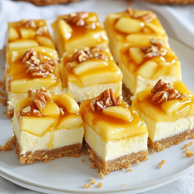 To make Caramel Apple Cheesecake Bars, gather these simple ingredients: - 1 ½ cups graham cracker crumbs - ½ cup unsalted butter, melted - 2 tablespoons granulated sugar - 8 oz cream cheese, softened - ½ cup granulated sugar - 2 large eggs - 1 teaspoon vanilla extract - 2 cups apples, finely chopped (Granny Smith or Honeycrisp work well) - ½ teaspoon ground cinnamon - ¼ teaspoon ground nutmeg - ½ cup caramel sauce (homemade or store-bought) - Chopped pecans or walnuts for topping (optional) You might want to add some fun toppings. Here are a few ideas: - Drizzle extra caramel sauce on top. - Sprinkle with chopped pecans or walnuts for a crunch. - Add a dusting of cinnamon for color and spice. - Serve with fresh apple slices for a pretty plate. If you need alternatives, I have some suggestions: - Use gluten-free graham crackers for a gluten-free crust. - Swap cream cheese with vegan cream cheese for a dairy-free option. - Replace granulated sugar with coconut sugar for a less processed sweetener. - Use different apples like Fuji or Gala for a sweeter flavor. These swaps keep your bars tasty while fitting your needs. {{ingredient_image_2}} Start by preheating your oven to 350°F (175°C). Grab a 9x9 inch baking pan. Lightly grease it and line it with parchment paper. Leave some paper hanging over the edges. This will help you lift the bars out later. In a medium bowl, mix 1 ½ cups of graham cracker crumbs, ½ cup of melted unsalted butter, and 2 tablespoons of sugar. Stir until the crumbs are coated. Press this mixture firmly into the bottom of your prepared pan. Bake it for 8-10 minutes, until it turns a light golden color. After baking, let it cool completely. In a large bowl, beat 8 oz of softened cream cheese with an electric mixer. Mix until it's smooth and creamy. Gradually add in ½ cup of sugar. Keep mixing until it’s well blended. Next, add 2 large eggs to the cream cheese mixture, one at a time. Mix well after each egg. Stir in 1 teaspoon of vanilla extract until everything is uniform. In another bowl, combine 2 cups of finely chopped apples, ½ teaspoon of cinnamon, and ¼ teaspoon of nutmeg. Gently fold this apple mix into the cream cheese mix. Pour the cheesecake mixture over the cooled crust. Spread it out evenly. Drizzle ½ cup of caramel sauce on top. Use a knife or toothpick to swirl it gently into the batter. Bake in the oven for 30-35 minutes. The center should jiggle slightly when done. Remove it and let it cool to room temperature. After that, chill it in the fridge for at least 4 hours. Once chilled, lift the bars out using the parchment paper and cut them into squares. Enjoy! To make these bars stand out, follow these tips: - Use fresh apples like Granny Smith or Honeycrisp. They add a nice crunch. - Soften cream cheese before mixing to ensure a smooth filling. - Mix gently when adding apples. This keeps them intact and gives a good texture. - Swirl caramel sauce lightly into the filling. This adds a sweet touch without losing the creaminess. Watch out for these common pitfalls: - Overbaking can lead to dry bars. Bake just until the center is set. - Not cooling the crust fully can make it soggy. Always let it cool. - Using too many apples can make the bars watery. Stick to two cups for the best balance. Great presentation makes these bars even more tempting. Here are some tips: - Serve on a nice platter. Drizzle extra caramel over the top. - Sprinkle cinnamon on top for added flavor and appeal. - Garnish with fresh apple slices or chopped nuts for a colorful look. - Cut into even squares for a neat serving style. Pro Tips Use Fresh Apples: For the best flavor and texture, opt for fresh Granny Smith or Honeycrisp apples. Their tartness complements the sweetness of the cheesecake perfectly. Room Temperature Ingredients: Ensure your cream cheese and eggs are at room temperature before mixing. This helps achieve a smooth, lump-free filling. Chill Thoroughly: After baking, refrigerate the cheesecake bars for at least 4 hours. This allows them to set properly, making them easier to cut and enhancing the flavors. Presentation Matters: For a stunning presentation, drizzle with extra caramel and sprinkle with cinnamon before serving. Fresh apple slices also make a lovely garnish. {{image_4}} You can change the taste of these bars with fun flavors. For a warm twist, add pumpkin spice. Mix in 1 teaspoon of pumpkin pie spice to the cream cheese filling. If you love chocolate, swap the caramel sauce for chocolate sauce. You can also add chocolate chips to the apple mixture for extra richness. If you need gluten-free bars, use gluten-free graham cracker crumbs instead of regular ones. For a vegan option, use vegan cream cheese and replace eggs with flax eggs. A flax egg is made with 1 tablespoon of ground flaxseed mixed with 2.5 tablespoons of water. Let it sit for a few minutes until it thickens. This keeps your bars creamy and delicious. Add seasonal flavors for a festive touch. In winter, you can mix in spices like cloves and ginger. These spices will warm up your dessert. In the fall, dried fruits like cranberries or raisins can add a nice chew. Just be sure to chop them finely. This extra flavor makes your cheesecake bars even more special. To keep your caramel apple cheesecake bars fresh, store them in the fridge. Use an airtight container to protect them from odors and moisture. Place a layer of parchment paper between the bars to prevent sticking. You can freeze these bars for longer storage. Cut them into squares and wrap each piece in plastic wrap. Then, place them in a freezer-safe bag or container. They will stay good for about three months in the freezer. These bars last about five days in the fridge. When you want to enjoy one, just take it out and let it sit at room temperature for a few minutes. If you prefer them warm, gently heat them in the microwave for about 10-15 seconds. This way, the caramel will be nice and gooey again! Yes, you can use many types of apples. Granny Smith adds tartness, while Honeycrisp gives sweetness. Other good choices include Fuji or Gala. Each type changes the flavor a bit, so choose what you like best. These bars can last up to five days in the fridge. Store them in an airtight container for best freshness. If you want to keep them longer, consider freezing them. Yes, you can prepare the crust ahead of time. Just store it in the fridge for a day. It will stay fresh and ready for your cheesecake layer. This makes your baking day easier! You can use Greek yogurt as a lighter option. Silken tofu is a good choice for a vegan option. Both will change the flavor a bit, but they work well in this recipe. Adjust sweetness as needed. This blog covers how to make delicious Caramel Apple Cheesecake Bars. You learned about essential ingredients, optional toppings, and substitutions. I shared step-by-step instructions for crafting the crust and creamy filling. I also offered helpful tips to avoid common mistakes. You can explore fun variations and learn how to store your bars. Remember, you can customize flavors and cater to dietary needs. Enjoy making these treats and experimenting with them. Happy baking!