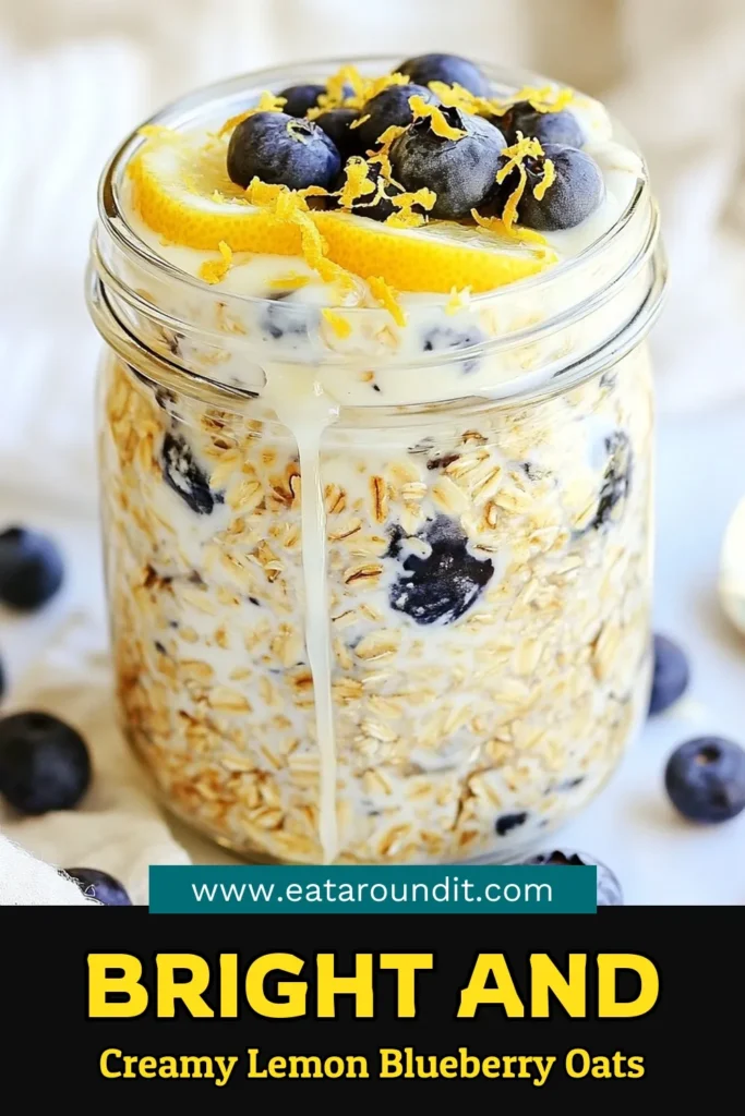 Start your day with refreshing Lemon Blueberry Overnight Oats! This healthy overnight oats recipe combines creamy almond milk oatmeal with fresh blueberries and zesty lemon for a nutritious breakfast. Made easy with rolled oats and chia seeds, this dish is perfect for meal prep. Discover an effortless way to enjoy a delicious, wholesome breakfast. Save this easy breakfast idea now! #OvernightOats #HealthyBreakfast #LemonBlueberryOats #ChiaSeeds
