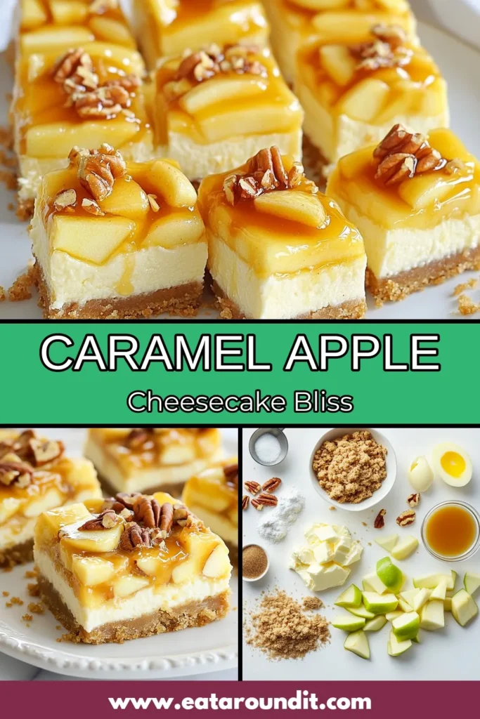 Indulge in the deliciousness of Caramel Apple Cheesecake Bars! This easy cheesecake bars recipe is perfect for fall and will be a hit at any gathering. With layers of creamy cheesecake and tender apples, these apple dessert bars are swirled with rich caramel for a sweet finish. Ready to impress your guests? Make these delightful Caramel Apple Cheesecake Bars today! Save this easy recipe for later! #CaramelAppleCheesecakeBars #FallDessertRecipes #CheesecakeBarsRecipe #AppleDessertBars