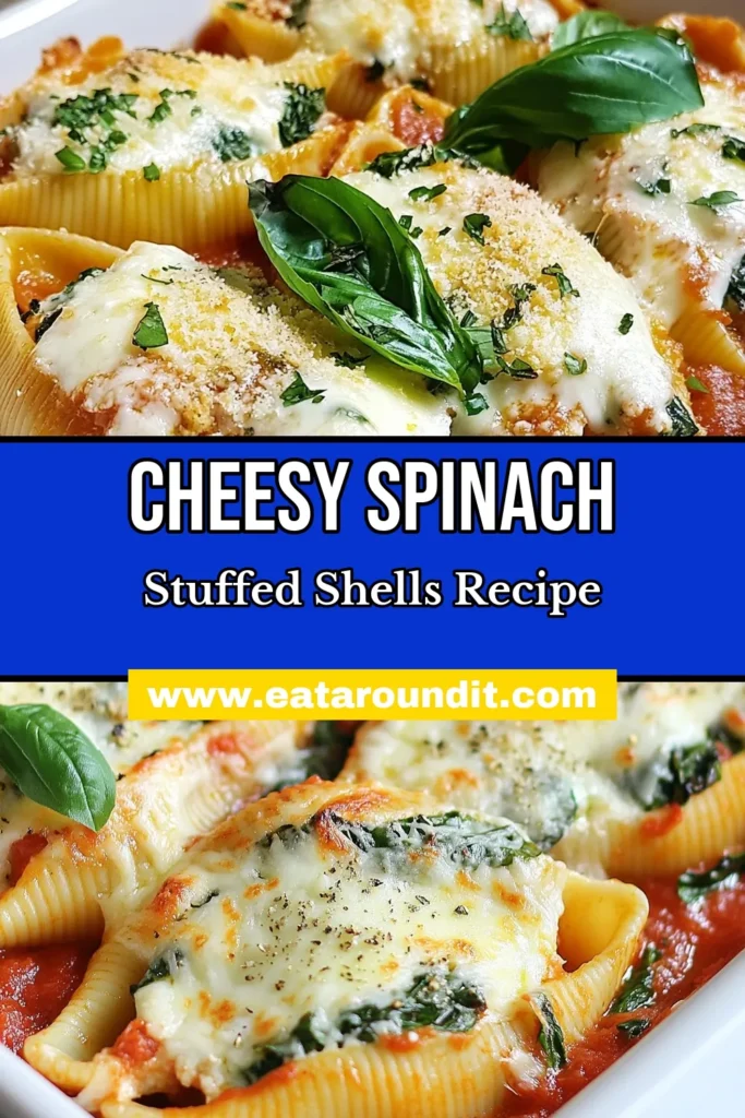Discover the deliciousness of Spinach Ricotta Stuffed Shells! This jumbo pasta shells recipe features a creamy ricotta cheese filling combined with fresh spinach, perfectly baked in a rich marinara sauce. It's a comforting baked stuffed shells dish everyone will love. Enjoy easy prep and incredible flavors in every bite! Perfect for family dinners or gatherings. Save this creamy ricotta cheese recipe today! #StuffedShells #PastaRecipes #EasyDinner #RicottaCheese