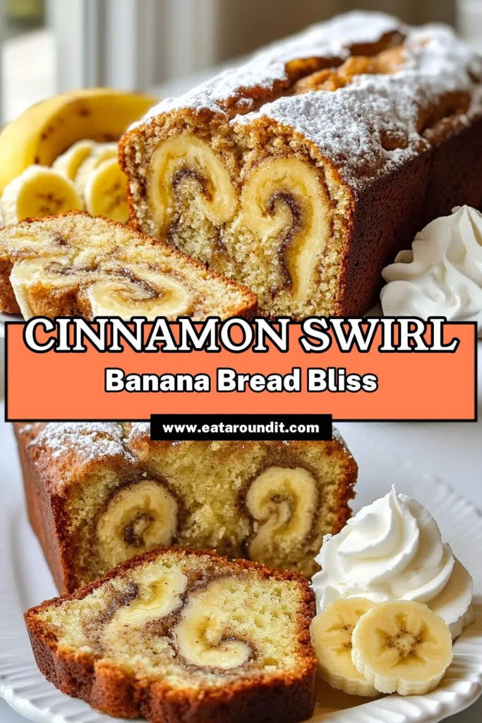 Indulge in the deliciousness of cinnamon swirl banana bread! This easy banana bread recipe features moist banana bread with a tantalizing swirl of cinnamon and sugar that elevates your baking game. Perfect for breakfast or a tasty snack, this baked banana bread recipe is sure to become a family favorite. Try it today and enjoy the delightful aroma and flavors! Save this recipe for later! #CinnamonSwirlBananaBread #EasyBananaBreadRecipe #BakedBananaBread #BananaBreadWithCinnamon
