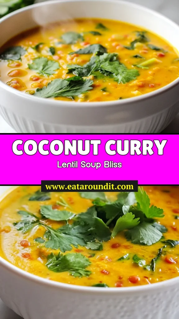 Elevate your mealtime with this delicious Coconut Curry Lentil Soup! This Vegan Lentil Soup Recipe is packed with flavors from coconut milk and spices like turmeric and cumin, making it a healthy vegan curry soup choice. Perfect for any occasion, this Turmeric Lentil Soup is both comforting and nutritious. Ready in just 35 minutes, you won't want to miss it. Save this recipe for your next culinary adventure! #CoconutCurry #VeganSoup #HealthyRecipe #LentilSoup