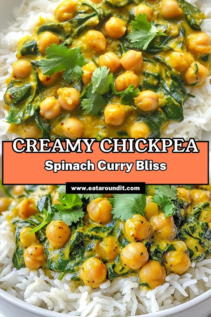 Discover the deliciousness of chickpea spinach curry, a must-try in your collection of vegan curry recipes. This creamy coconut milk curry is packed with nutrients, making it one of the healthiest chickpea recipes out there. Perfect for busy nights, this easy Indian dish combines wholesome ingredients in just 30 minutes. Try it today and elevate your vegan cooking! Save this recipe for a tasty meal later! #VeganRecipes #CurryLovers #HealthyEating #PlantBasedCooking