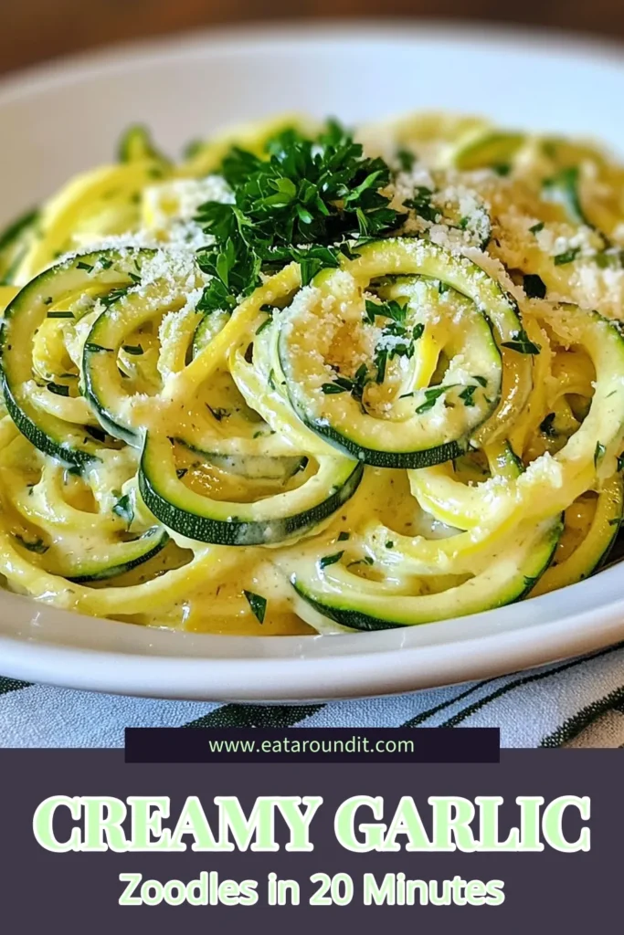 Indulge in this creamy garlic Parmesan zoodles recipe, a deliciously healthy pasta alternative perfect for low-carb diets. This spiralized zucchini dish is quick to prepare, ready in just 20 minutes, and bursting with flavor. Enjoy the perfect blend of tender zoodles in a rich, creamy sauce. Save this easy zucchini noodle recipe for a delightful weeknight dinner! #CreamyGarlicParmesanZoodles #ZucchiniNoodleRecipe #HealthyPastaAlternative #LowCarbGarlicZoodles