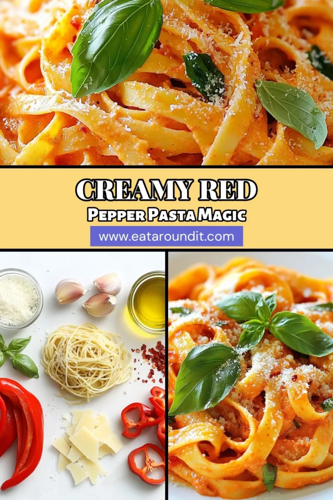 Indulge in this creamy roasted red pepper pasta that's perfect for any weeknight dinner! This easy pasta recipe features a rich roasted red pepper sauce blended with heavy cream, garlic, and Parmesan cheese for a delightful vegetarian dish. Made in under 45 minutes, this creamy pasta dish is sure to please everyone. Try it tonight and elevate your pasta game! Save for later! #CreamyPasta #EasyPastaRecipes #VegetarianPasta #RoastedRedPepperSauce
