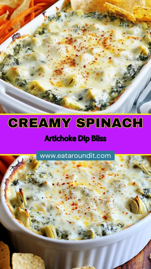 Indulge in this creamy spinach artichoke dip recipe that's perfect for any gathering! With a delicious blend of cheeses, tender artichokes, and rich spinach, this easy spinach and artichoke appetizer is sure to impress. Bake it until golden for the ultimate cheesy spinach dip experience. Ideal for parties or cozy nights in, this baked spinach artichoke dip will be a hit! Try it now and save for later! #SpinachArtichokeDip #CheesySpinachDip #EasyAppetizer #BakedDip