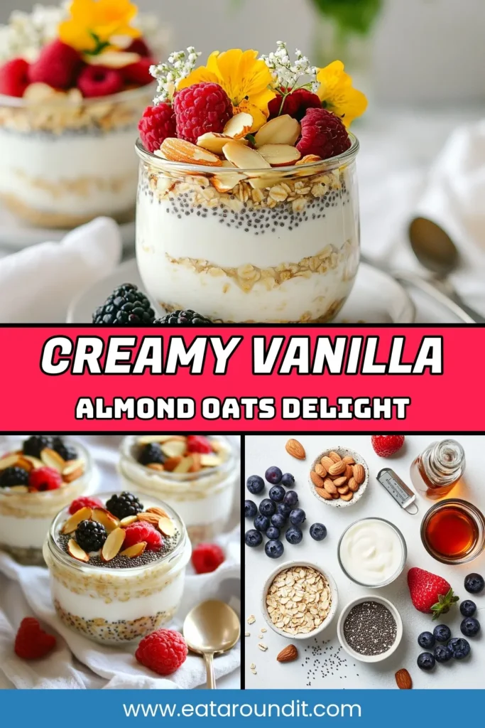 Discover the deliciousness of vanilla almond overnight oats, a healthy overnight oats recipe perfect for busy mornings! This vegan overnight oats idea is simple and quick, making it one of the easiest breakfast recipes you'll ever try. Just mix rolled oats, almond milk, and delicious flavors, then let it chill overnight. Save this recipe for a nutritious start to your day. Try it today! #VanillaAlmondOats #HealthyRecipes #VeganBreakfast #EasyOats