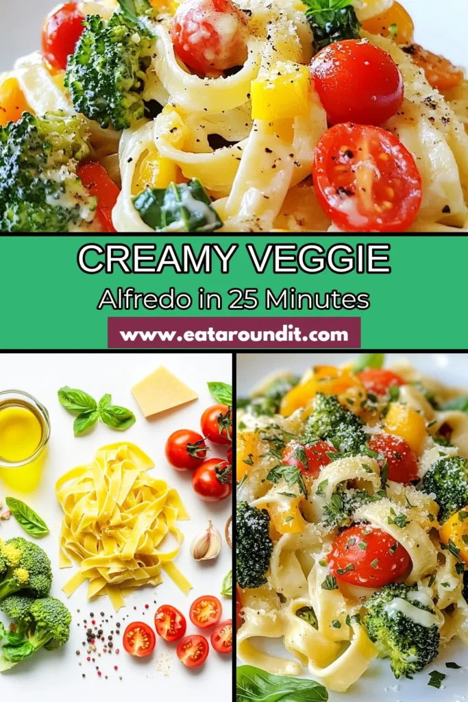 Indulge in this creamy veggie Alfredo pasta that combines fettuccine with vibrant vegetables for a delicious vegetarian pasta recipe. This easy pasta dinner recipe features a rich creamy Alfredo sauce that's simple to make and perfect for any night of the week. Treat yourself and loved ones to a fulfilling meal that’s packed with flavor. Save this Creamy Veggie Alfredo Pasta recipe for your next dinner! #VegetarianPasta #PastaRecipe #AlfredoPasta #EasyDinner