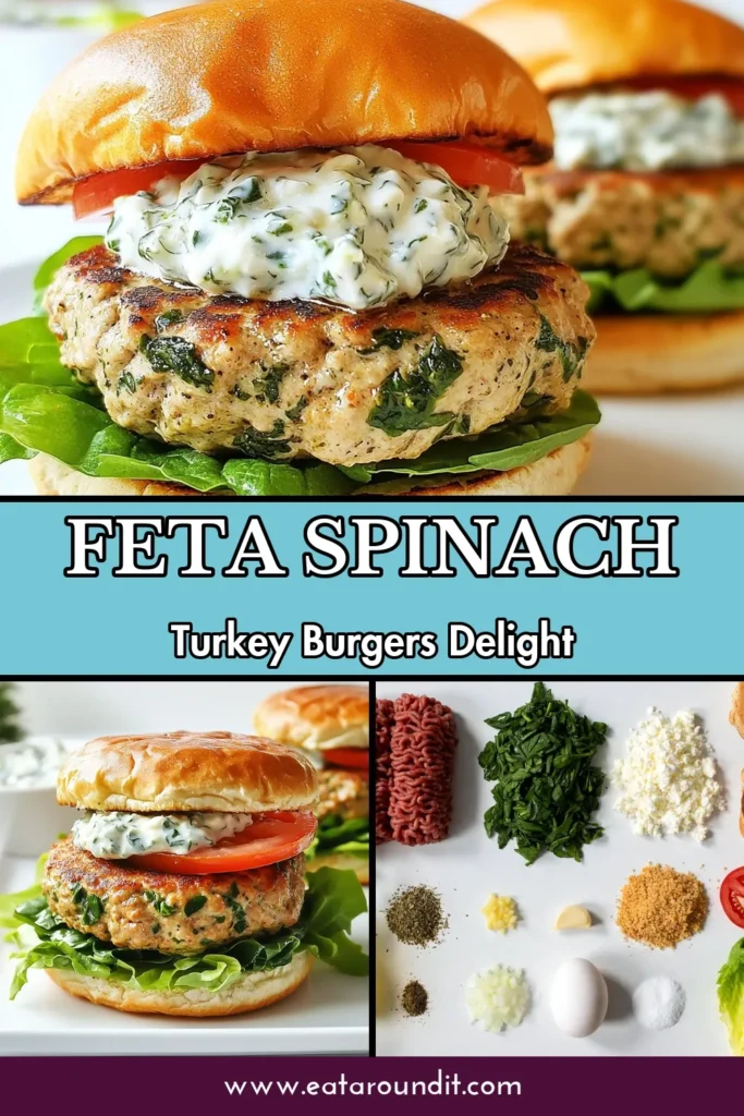 Discover the delicious taste of Feta Spinach Turkey Burgers, a healthy turkey burger recipe perfect for your next meal. These Mediterranean turkey burgers are made with tender ground turkey, fresh spinach, and flavorful feta cheese, creating mouthwatering spinach feta burger patties. Serve your grilled turkey burger with tzatziki for a refreshing twist. Save this recipe and enjoy a nutritious, tasty meal tonight! #TurkeyBurgers #HealthyEating #MediterraneanRecipe #TzatzikiSauce