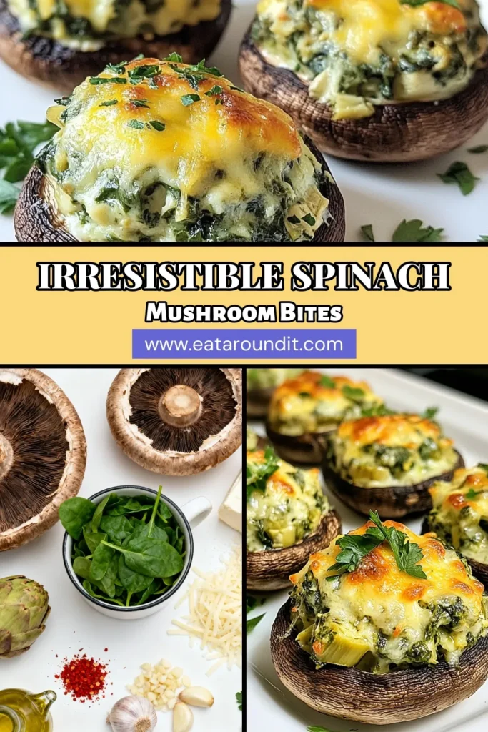 Delight your guests with these delicious spinach artichoke stuffed mushrooms, the ultimate creamy spinach appetizers! This easy stuffed mushrooms recipe features large portobello mushrooms filled with a savory blend of spinach, artichokes, and cheese, making it perfect for vegetarian party snacks. Discover how to create this crowd-pleaser in just 40 minutes. Save this recipe for your next gathering! #SpinachArtichokeStuffedMushrooms #PortobelloMushroomRecipes #CreamySpinachAppetizers #EasyStuffedMushrooms