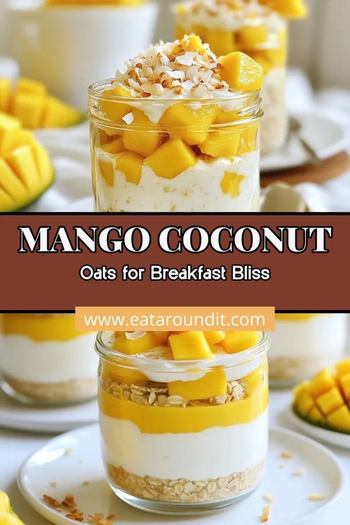 Discover the delightful taste of Coconut Mango Overnight Oats! This easy overnight oats recipe is perfect for a healthy coconut breakfast, featuring creamy coconut milk, ripe mango, and chia seeds. Enjoy these vegan mango oats packed with flavor and nutrition. Just mix, refrigerate overnight, and savor the deliciousness in the morning. Perfect for meal prep! Try it now and elevate your breakfast game. #CoconutMangoOvernightOats #HealthyBreakfast #VeganOats #ChiaSeeds